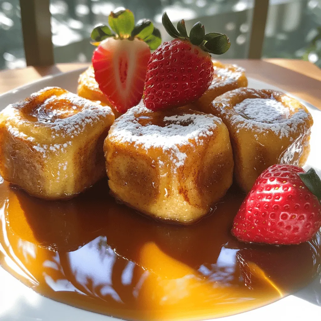 - 1 can refrigerated cinnamon rolls (8 rolls) - 3 large eggs - ½ cup milk - 1 teaspoon vanilla extract - ½ teaspoon ground cinnamon - ¼ teaspoon nutmeg - 2 tablespoons maple syrup (plus more for serving) - Powdered sugar for dusting (optional) - Fresh strawberries or mixed berries for garnish (optional) The key to these bites is the mix of main ingredients. The cinnamon rolls bring that classic sweet taste. Eggs and milk add creaminess and help bind everything. You’ll also want to include flavor enhancers. Vanilla extract adds depth. Ground cinnamon and nutmeg give that warm spice aroma we love. For garnishing, maple syrup is a must. It enhances the sweetness. Powdered sugar adds a lovely touch. Fresh berries not only look great but also add freshness. If you want to impress your guests, these garnishes will do the trick. You can find the full recipe with all steps and tips to make this dish shine. Enjoy making these tasty bites! - Preheat the oven to 375°F (190°C). - Grease a 9x9-inch baking dish with cooking spray or butter. Start by warming your oven. A hot oven helps the bites cook evenly. Next, you need to grease your baking dish. This step is important to keep the bites from sticking. - Separate and slice cinnamon rolls into quarters. - Whisk together eggs, milk, spices, and syrup. Now, open your can of cinnamon rolls. Carefully pull them apart and cut each roll into four small pieces. This makes them easy to eat! In a large bowl, crack the eggs and pour in the milk. Add vanilla, cinnamon, nutmeg, and syrup. Whisk it all together until smooth. - Fold rolls into the egg mixture. - Bake for 20-25 minutes until golden brown. Next, gently fold the quartered rolls into the egg mixture. Make sure every piece gets coated but don't break them apart. Once mixed, pour everything into your greased baking dish. Spread the bites out evenly. Bake for 20 to 25 minutes. They are done when they look puffy and turn golden brown. For the full recipe, check out the earlier section. - Ensure even spacing in the baking dish. This helps the bites cook evenly. - Check for doneness with a toothpick. Insert it into the center; it should come out clean. - Let the mixture sit for a few minutes before baking. This allows flavors to blend. - Consider using flavored syrups for variation. Maple, caramel, or berry syrups add a fun twist. - Serve warm with extra syrup on the side. This makes for a delightful dipping experience. - Use fruits for garnish to enhance presentation. Fresh berries or slices of banana look great! For the full recipe, you can refer to the detailed steps above. Enjoy your cooking! {{image_4}} You can easily switch up the flavors in your Cinnamon Roll French Toast Bites. Try adding chocolate chips or nuts for extra crunch. You can also experiment with different flavored cinnamon rolls, like pumpkin spice or caramel. This makes each batch unique and fun! If you're looking for vegan options, you can substitute eggs with flaxseed. Just mix one tablespoon of ground flaxseed with three tablespoons of water and let it sit for a few minutes. For a lactose-free version, use almond or oat milk instead of regular milk. These swaps keep the bites tasty for everyone! Seasonal flavors can make your bites even more special. In fall, incorporate pumpkin or apple spice flavors. During the winter holidays, add peppermint extract for a festive touch. These seasonal additions can really enhance the taste and feel of your treat! For the full recipe, check out the [Full Recipe]. Store leftovers in an airtight container in the fridge for up to 3 days. This keeps your Cinnamon Roll French Toast Bites fresh and ready for a quick snack. The sweet flavors stay intact, making them a tasty treat even after a day or two. For longer shelf life, freeze baked bites. Layer them with parchment paper to prevent sticking. Put them in a freezer-safe container or bag. They can last up to three months in the freezer. When you’re ready to enjoy them, just thaw and reheat. Reheat in the oven for the best texture. Set the oven to 350°F (175°C) and warm them for about 10 minutes. This helps keep the bites soft and fluffy. You can also use the microwave, heating them for about 20-30 seconds. But be careful not to overheat, as that can make them tough. Enjoy your bites warm for the best flavor! Consider reducing the amount of maple syrup used in the recipe. You can add a little less or skip it entirely if you want. This keeps the bites tasty without being too sugary. Yes, you can prepare the mixture and refrigerate it overnight before baking. This saves time in the morning and lets the flavors blend. Just remember to bake them fresh when you're ready to enjoy! Serve warm with maple syrup for dipping. Fresh fruit on the side adds a nice touch, too. Strawberries or mixed berries work well for garnish, making your dish look beautiful and bright. Absolutely! Homemade cinnamon rolls will work just as well. If you use larger rolls, just adjust the baking time as needed. You might need to bake a little longer for them to cook through. The recipe makes approximately 4 servings. This is perfect for a small family or a fun brunch with friends. You can easily double the recipe if you have a crowd to feed! This blog post covers how to make tasty Cinnamon Roll French Toast Bites. We discussed the key ingredients, flavor boosts, and optional garnishes. You learned step-by-step instructions for preparation, baking tips, and serving ideas. Variations included ways to change flavors and cater to dietary needs. Plus, we provided storage tips and answers to common questions. Now, you can enjoy sweet bites any time. Try making them your way, and share with friends!
