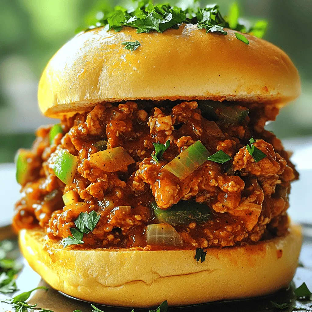 To make Cajun Chicken Sloppy Joes, gather these ingredients: - 1 lb ground chicken - 1 small onion, finely diced - 1 green bell pepper, finely diced - 2 cloves garlic, minced - 1 tablespoon Cajun seasoning - 1 tablespoon Worcestershire sauce - 1 can (8 oz) tomato sauce - 1 tablespoon brown sugar - Salt and freshly cracked pepper to taste - 4 soft hamburger buns - Fresh parsley, chopped (for garnish) These ingredients can add even more flavor to your dish: - 1 tablespoon hot sauce for heat - 1 teaspoon smoked paprika for depth - Sliced jalapeños for a spicy kick - Cheddar cheese for creaminess To complete your meal, consider these tasty sides: - Crispy potato chips - Dill pickles for crunch - A light salad for freshness - Iced tea or soda for a refreshing drink This recipe is simple and fun. You can also find the Full Recipe to guide you through the cooking steps. To start, gather the ingredients for Cajun Chicken Sloppy Joes. You will need: - 1 lb ground chicken - 1 small onion, finely diced - 1 green bell pepper, finely diced - 2 cloves garlic, minced - 1 tablespoon Cajun seasoning - 1 tablespoon Worcestershire sauce - 1 can (8 oz) tomato sauce - 1 tablespoon brown sugar - Salt and freshly cracked pepper to taste - 4 soft hamburger buns - Fresh parsley, chopped (for garnish) Next, finely chop the onion and bell pepper. Mince the garlic too. This prep helps the flavors blend well. Now, heat a large skillet over medium heat. Add the ground chicken. Break it apart with a spatula as it cooks. It should take about 5-7 minutes until it's no longer pink. Once the chicken is cooked, add the diced onion, bell pepper, and minced garlic. Sauté these for about 3-4 minutes. The veggies should soften and the onion will turn translucent. Sprinkle the Cajun seasoning and pour in the Worcestershire sauce. Stir everything well to coat the chicken and veggies. Next, pour in the tomato sauce and add the brown sugar. Mix it all together. Season with salt and freshly cracked pepper to your taste. Reduce the heat to low and let the mixture simmer for around 10 minutes. Stir it occasionally. This lets the flavors meld and the sauce thicken. While your mixture simmers, toast the hamburger buns. You can do this in a separate skillet or under a broiler. Aim for a golden brown and crispy texture. Once the chicken mixture is ready, scoop it onto the toasted buns. Let the filling overflow a bit for that messy, Sloppy Joe look. For a nice presentation, serve the Sloppy Joes on a rustic wooden board. Add pickles and chips on the side. This makes for a fun and casual meal. Don't forget to garnish each Sloppy Joe with chopped fresh parsley. It adds color and a fresh touch. If you want more details, check the Full Recipe for additional insights and tips. Happy cooking! One common mistake is overcooking the chicken. Cook it just until it's no longer pink. Another mistake is not seasoning enough. Cajun seasoning gives flavor, so use it generously. Don't skip the Worcestershire sauce; it adds depth. Lastly, avoid soggy buns. Toast them well to keep them from getting mushy. To enhance the Cajun flavor, start with fresh spices. If you can, use a blend that includes paprika, cayenne, and thyme. You can even make your own mix! Add a splash of hot sauce for extra heat. For a smoky taste, consider adding a bit of smoked paprika. Let the mixture simmer long enough to let the flavors meld together. This is key for a rich taste. To save time, prep your ingredients beforehand. Chop the onion and bell pepper the night before. You can also use pre-minced garlic to cut down on prep work. While the chicken cooks, toast the buns at the same time. This way, everything is ready to serve together. You can also double the recipe and freeze half for another day. This makes for an easy meal later on. For the Full Recipe, refer to the earlier section. {{image_4}} To make a vegetarian version, swap the ground chicken for lentils or mushrooms. Lentils provide a nice texture and soak up flavors well. Mushrooms add a savory taste that mimics meat. Use the same Cajun seasoning and sauce for a bold flavor. Cook the lentils separately, or sauté the mushrooms until they are soft. Combine them with the veggies and sauce just like in the original recipe. This will give you a hearty meal that everyone can enjoy. If you crave heat, add diced jalapeños or hot sauce to the mix. You can also include crushed red pepper flakes for an extra kick. Mixing in spicy sausage can enhance the flavor while keeping the dish meaty. Just remember to adjust the Cajun seasoning to balance the heat. Always taste as you go so you can find the right level of spice for your liking. The bun choice can change your Sloppy Joe experience. While soft hamburger buns are great, consider using brioche or ciabatta for a twist. Brioche adds a rich flavor, while ciabatta has a nice crunch. You can even use lettuce wraps for a low-carb option. Each type of bun can make your meal unique, so feel free to experiment. To store leftover Cajun Chicken Sloppy Joes, first, let them cool. Once cooled, place the filling in an airtight container. You can keep it in the fridge for up to three days. If you store the buns, keep them separate. This way, they stay fresh and do not get soggy. When it's time to reheat, you have a few options. The best way is to use a skillet. Heat it over medium heat. Add the chicken filling and cook until hot, about 5 minutes. You can also use the microwave. Place the filling in a bowl and cover it. Heat for 1-2 minutes, stirring halfway. If you reheating the buns, toast them lightly in a skillet or toaster. If you want to keep Cajun Chicken Sloppy Joes longer, freezing is a great choice. First, cool the filling completely. Then, put it in a freezer-safe container or bag. Make sure to remove as much air as possible. Label it with the date. You can freeze the filling for up to three months. When ready to eat, thaw it overnight in the fridge. Reheat it as mentioned above before serving. For the complete recipe, check the [Full Recipe]. You can use ground turkey or ground beef. Both will work well. They add their own flavor. If you like a vegetarian option, try lentils or black beans. They give a nice texture and taste. Just ensure you cook them well for the best results. Cajun Chicken Sloppy Joes can be mildly spicy. The heat comes from the Cajun seasoning. You can adjust the spice level by using less seasoning. If you like more heat, add hot sauce or red pepper flakes. Taste as you go to find your perfect balance. Yes, you can make this recipe in advance. Cook the mixture and let it cool. Store it in an airtight container in the fridge. It will last for about three days. You can also freeze it for up to three months. Just reheat before serving. For the best flavor, make it fresh and enjoy! For the full recipe, see above. Cajun Chicken Sloppy Joes are tasty and easy to make. I shared the ingredients and prep steps to guide you. Remember to avoid common mistakes to keep flavors bold. Plus, you can try fun variations like vegetarian options or spicy extras. Store leftovers safely for future meals. With this recipe, you can impress friends and family every time. Enjoy your cooking adventures and create the perfect dish tailored to your taste!