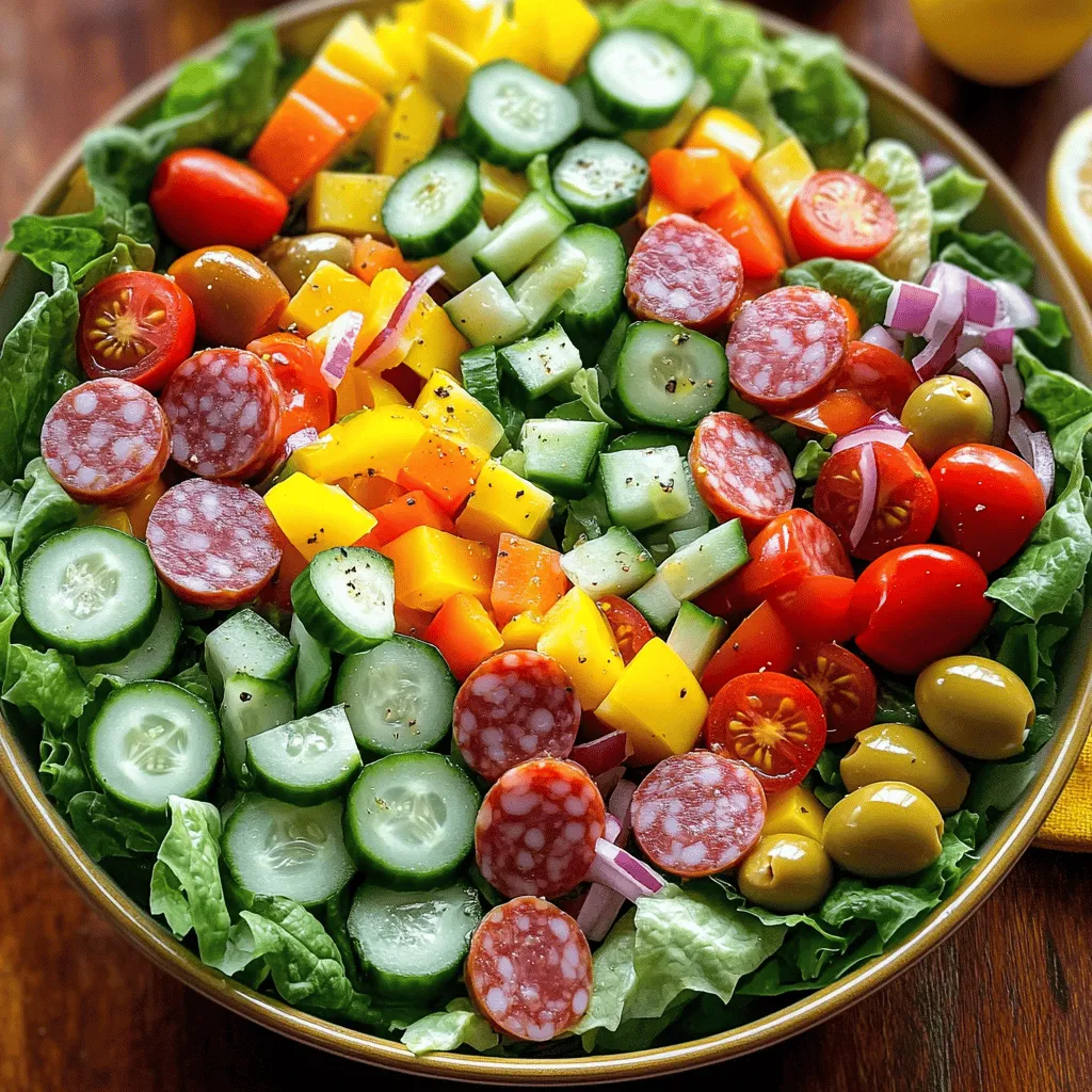 - 2 cups romaine lettuce, coarsely chopped - 1 cup cherry tomatoes, halved - ½ cup cucumber, diced - ½ cup bell pepper, diced - ½ cup red onion, finely sliced - 1 cup salami, cut into thin strips - 1 cup provolone cheese, cubed - ½ cup pepperoncini, sliced - ¼ cup olives, pitted - Olive oil, vinegar, and Italian seasoning - Salt and black pepper to taste Gathering fresh ingredients is key to this salad. Start with the romaine lettuce. Its crispness adds a nice crunch. Next, cherry tomatoes bring color and sweetness. Chop cucumbers for a refreshing bite. Choose your favorite bell pepper for taste and color. The red onion gives a nice kick that balances the flavors. Now, let’s talk proteins. Salami is a classic choice here. It adds rich flavor and texture. Provolone cheese complements the salami perfectly. Their combination makes the salad hearty. Don't forget the condiments. Pepperoncini adds a zing, while olives give a briny touch. The dressing is simple but essential. Use olive oil and vinegar for a light finish. Italian seasoning enhances the salad's flavor. Finally, add salt and black pepper to taste. This mix of ingredients creates a vibrant Low Carb Italian Grinder Salad. You can find the Full Recipe to dive deeper into the process! - Wash and chop all fresh vegetables. - Start with 2 cups of romaine lettuce. Chop it coarsely. - Halve 1 cup of cherry tomatoes. - Dice ½ cup of cucumber into small cubes. - Dice ½ cup of bell pepper. Use your favorite color. - Slice ½ cup of red onion finely. - Place all these veggies in a large bowl. This will be your fresh base. - Now, add the proteins and cheeses. - Combine 1 cup of salami cut into thin strips. - Add 1 cup of provolone cheese, cubed into bite-sized pieces. - Toss in ½ cup of sliced pepperoncini and ¼ cup of pitted olives. - This mix adds great flavor and texture. - In a small bowl, whisk together ¼ cup of olive oil and 2 tablespoons of red wine vinegar. - Add 1 tablespoon of Italian seasoning blend. - Include a pinch of salt and black pepper. Whisk until well mixed. - Drizzle the dressing over the salad. - Toss everything gently with tongs or a spoon. - Ensure all ingredients are evenly coated. - Let the salad rest for about 10-15 minutes. - This time allows the flavors to meld together. - Serve on large plates or in wide bowls. - Garnish with extra olives and a sprinkle of Italian seasoning for a nice touch. - Enjoy the fresh taste of your Low Carb Italian Grinder Salad! For the full recipe and details, check out the [Full Recipe]. If you want to switch things up, you can try using turkey or ham instead of salami. For cheese, mozzarella or feta can work well. You can also use goat cheese for a tangy flavor. For vinegar, red wine vinegar is great, but apple cider vinegar is a tasty substitute too. To boost the taste, try adding fresh basil or oregano. A bit of garlic powder can also add depth. For garnishing, sprinkle some fresh parsley or a few extra olives on top. You can even add a few slices of lemon for a fresh pop. For a fun twist, serve this salad in a large hollowed-out cucumber or bell pepper. It makes a great centerpiece! Pair your salad with grilled chicken or zucchini noodles for a complete low-carb meal. You can also offer a side of roasted veggies to keep everything low-carb and colorful. {{image_4}} You can make your Low Carb Italian Grinder Salad even better by adding more veggies. Try adding zucchini, radishes, or spinach. Each new vegetable adds unique flavors and textures. More colors on your plate also make the salad look more inviting. Fresh vegetables bring vitamins and minerals. They keep your meal light and healthy, which is a big plus. Want to add protein? You can use cooked chicken or turkey. They fit great in this salad and boost its flavor. If you prefer vegetarian options, try using chickpeas or tofu. Both options add protein without meat. Mix and match proteins to find your favorite. Homemade dressings can change your salad game. You can whisk together olive oil, lemon juice, and some herbs. This simple dressing is tasty and low in carbs. For a creamier option, mix Greek yogurt with herbs and spices. You can also try store-bought low-carb dressings. Just check the labels to keep it healthy. To keep your Low Carb Italian Grinder Salad fresh for 1-2 days, store it in an airtight container. Make sure to keep the dressing separate until you are ready to eat. This helps the salad stay crisp and tasty. If you mix the dressing in too soon, the veggies can get soggy. You can also use a paper towel in the container to absorb extra moisture. You cannot freeze the Low Carb Italian Grinder Salad as a whole. Freezing can change the texture of fresh veggies and cheese. However, you can freeze some ingredients separately. For example, freeze the salami and cheese in small bags. This way, you can use them later in other dishes. For leftovers, it’s best to enjoy them cold. If you need to rehydrate any ingredients, soak them briefly in a little water. This can help restore some freshness. If the salad seems dry, you can add a bit more dressing to make it tasty again. Enjoy your meal with a simple twist! A Low Carb Italian Grinder Salad is a fresh, vibrant dish. It features crunchy vegetables, savory meats, and creamy cheese. The salad is full of flavor and low in carbs, making it a healthy choice. Key ingredients include romaine lettuce, salami, provolone cheese, and pepperoncini. This dish is colorful and perfect for lunch or dinner. To prepare this salad in advance, start by washing your vegetables. Chop the romaine, halving the cherry tomatoes and dicing the cucumber and bell pepper. Slice the red onion thinly. Store your chopped veggies in airtight containers. Keep the meats and cheese separate to avoid sogginess. Mix the salad just before serving to keep it fresh. Yes, this salad is great for meal prep! It stores well in the fridge for a couple of days. The flavors blend nicely over time. Just remember to keep the dressing separate until you’re ready to eat. This way, your salad stays crisp and tasty throughout the week. It's an easy way to enjoy healthy meals every day. Absolutely! You can swap salami for turkey or ham. If you prefer chicken, that works too. For cheese, try mozzarella or feta for a twist. Use what you love or what you have on hand. This salad is flexible and allows you to customize it to fit your taste. This salad has about 8-10 grams of carbs per serving. The low-carb vegetables keep the count down. Plus, the healthy fats from olive oil and cheese help you feel full. Choosing low-carb options like this salad supports a balanced diet while still being delicious. Check the Full Recipe for exact measurements and nutritional info. In this article, we explored how to make a Low Carb Italian Grinder Salad. We discussed fresh produce, proteins, and dressings needed for a tasty mix. You learned tips for substitutions, flavor enhancements, and unique serving ideas. This salad is not just delicious; it’s also flexible for meal prep. Enjoy experimenting with different ingredients to suit your taste. Remember, keeping it fresh and storing it right will help you savor each bite longer. Enjoy your healthy creation and make it your own!