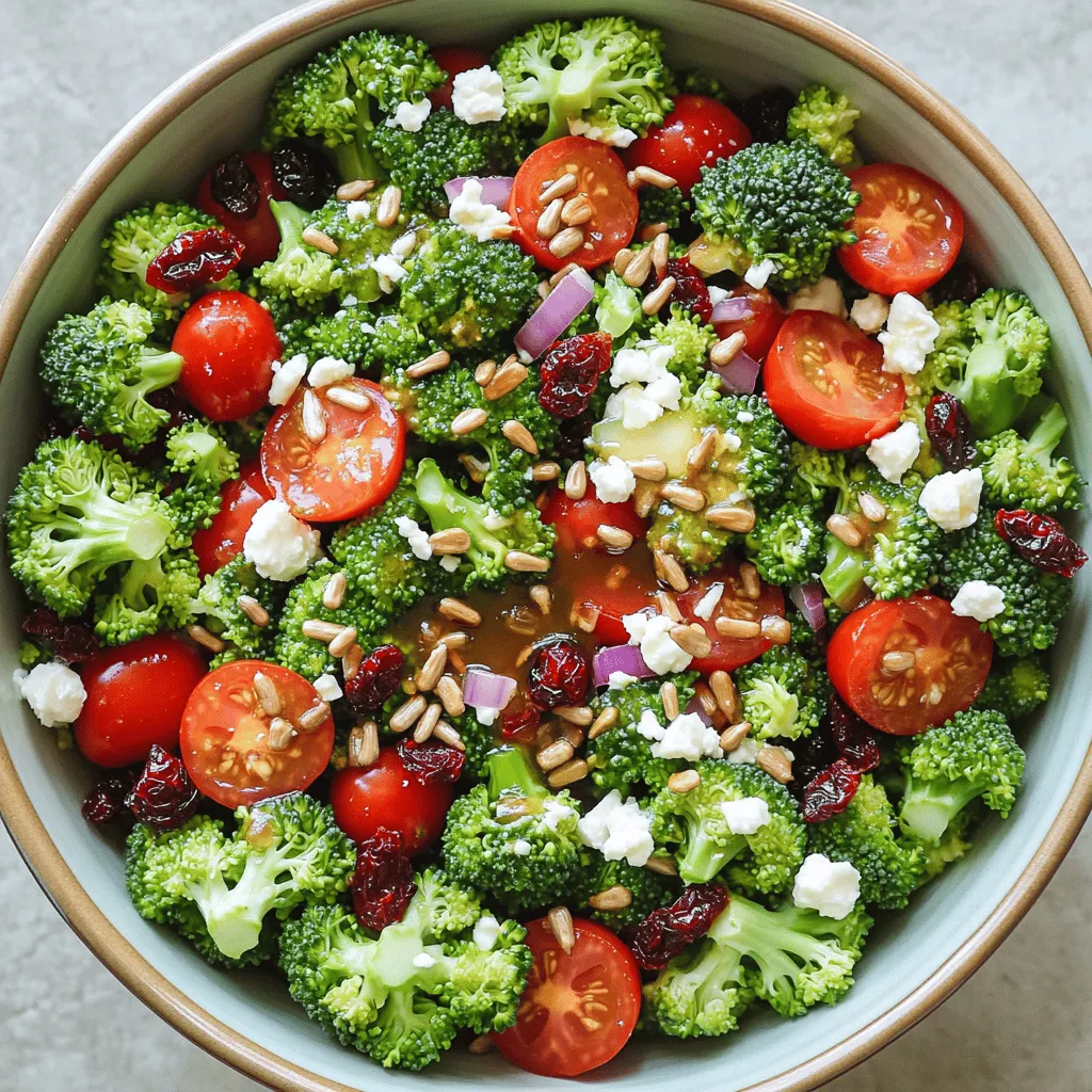 Gather these colorful fresh ingredients for the Broccoli Bliss Salad: - 4 cups fresh broccoli florets - 1 cup cherry tomatoes, halved - 1/2 cup red bell pepper, diced - 1/4 cup red onion, finely chopped Fresh produce adds life to this dish. The bright colors make it look appealing. Broccoli is rich in vitamins and adds crunch. Cherry tomatoes bring sweetness. Red bell pepper offers a slight crunch and a pop of color. Red onion adds a sharp flavor that balances all other ingredients. Next, let’s elevate the salad with these tasty add-ins: - 1/2 cup dried cranberries - 1/2 cup roasted sunflower seeds - 1/4 cup feta cheese, crumbled Dried cranberries add a sweet touch. They also give a chewy texture. Roasted sunflower seeds add crunch and healthy fats. Feta cheese brings a salty flavor that ties everything together. Each bite becomes more exciting with these add-ins. Finally, we need a zesty dressing. Combine these components: - 3 tablespoons extra virgin olive oil - 2 tablespoons apple cider vinegar - 1 tablespoon honey or maple syrup - Salt and freshly cracked black pepper, to taste This dressing brings brightness to the salad. Olive oil adds richness, while apple cider vinegar gives a tang. Honey or maple syrup adds a hint of sweetness. Don’t forget to season with salt and pepper. This dressing makes the flavors pop! For the complete recipe, check out the [Full Recipe]. Enjoy making this fresh and flavorful delight! To start, we need to blanch the broccoli florets. This keeps them bright green and crisp. Bring a large pot of water to a boil. Carefully add the broccoli florets and cook for 2-3 minutes. They should be tender but still firm. Once cooked, drain them right away. Next, we cool the broccoli quickly. Prepare a big bowl of ice water. Transfer the broccoli to this ice bath. This step stops the cooking, locking in the color and crunch. Let the florets sit in the ice water for about 5 minutes. Then, drain them again and gently pat them dry with a paper towel. Now it’s time to combine our fresh ingredients. In a large mixing bowl, combine the cooled broccoli, halved cherry tomatoes, diced red bell pepper, finely chopped red onion, dried cranberries, roasted sunflower seeds, and crumbled feta cheese. Mix these ingredients gently. You want to avoid breaking the delicate veggies and cheese. A light touch keeps everything intact and colorful. Let’s make the dressing now. In a small bowl, whisk together the extra virgin olive oil, apple cider vinegar, honey or maple syrup, and a pinch of salt and pepper. This step is key to ensure a well-balanced flavor. Keep whisking until the dressing is smooth and creamy. When ready, drizzle this vibrant dressing over the salad mixture. Use a large spoon to toss everything together carefully. This helps to coat all the ingredients well. Let the salad sit for about 10 minutes before serving. This waiting time lets the flavors blend beautifully. For a complete guide, check the Full Recipe. - How to select and store fresh broccoli: Look for bright green florets. They should be firm and tightly packed. Avoid any yellowing or wilting. Store broccoli in the fridge. Keep it in a loose plastic bag. This helps it stay fresh for about five days. - Tips for achieving the best blanching results: Blanching is key to bright broccoli. Bring a pot of water to a rolling boil. Add the florets for 2-3 minutes. This keeps them crisp and vibrant. After blanching, quickly place them in ice water. This stops the cooking and locks in color. - Suggestions for additional spices or herbs: You can boost flavor with garlic powder or cumin. Fresh herbs like basil or dill also work well. They add freshness and depth to the dish. - Importance of letting the salad sit before serving: Allow the salad to rest for 10 minutes. This helps the flavors blend together. You’ll notice a richer taste when serving. - Creative ways to serve the salad: Use a large, colorful bowl to show off the salad. Layer the ingredients for added height and textures. - Garnishing ideas for visual appeal: Top the salad with extra feta and sunflower seeds. Add fresh herb sprigs like parsley or basil for color. These garnishes make the dish pop visually. For the full details of this delightful recipe, check out the Full Recipe. {{image_4}} You can change this salad with the seasons. In spring, add fresh peas. In summer, try ripe peaches or corn. Fall brings butternut squash or apples. In winter, consider roasted Brussels sprouts or pomegranate seeds. Different veggies can also make your salad shine. Think about using carrots, snap peas, or even cauliflower. Each adds crunch and flavor. This keeps your salad fresh and exciting all year. For a vegan twist, skip the feta cheese. Use avocado or a creamy tahini dressing instead. You can also swap honey with maple syrup for sweetness. This keeps the dish tasty while meeting your dietary needs. If you're gluten-free, check the dressing. Most of the ingredients are already safe. Just ensure your vinegar is gluten-free. Protein adds energy and makes the salad filling. Consider adding chickpeas or black beans for a plant-based boost. Grilled chicken or shrimp also works great if you eat meat. Tofu is another excellent option. You can marinate and grill it for extra flavor. This way, you can make the salad a complete meal. To keep your Broccoli Bliss Salad fresh, store it in the fridge. Use a tight-sealing container. This helps keep the flavors strong and the veggies crisp. - Container recommendations: Glass containers work great. They hold the salad well and do not stain. If you use plastic, choose BPA-free options. If you want to save the salad for later, freezing is an option. However, not all ingredients freeze well. - Tips for freezing: Freeze just the broccoli and sunflower seeds. These hold up better than the other ingredients. - Maintaining texture and flavor: Thaw in the fridge overnight. This helps keep the broccoli crunchy and tasty. The shelf life of your salad depends on storage. Typically, it lasts up to 3 days in the fridge. - Signs that the salad has gone bad: Look out for wilting, discoloration, or a bad smell. If you see these signs, it's best to toss it. You can find the Full Recipe in the previous sections. The best way to prepare broccoli is by blanching. Start with fresh broccoli florets. Bring a pot of water to a boil. Add the florets and cook for 2-3 minutes. This keeps them bright green and crisp. After that, place the florets in ice water. This stops the cooking and locks in color. Dry them well before mixing them into your salad. This method gives the broccoli a fresh taste and a nice crunch. Yes, you can make this salad ahead of time. Prepare the broccoli and other veggies in advance. Mix them in a bowl and store in the fridge. Keep the dressing separate until you are ready to serve. This helps keep everything fresh. Just before serving, drizzle the dressing over the salad. Toss it gently to combine. The flavors will blend nicely after sitting for a while. Broccoli is packed with vitamins and nutrients. It is rich in vitamin C and K. These vitamins help keep your immune system strong. Broccoli also has fiber, which aids digestion. The antioxidants in broccoli can help reduce inflammation. Eating broccoli can support heart health and may lower the risk of certain cancers. Including it in your diet is a smart choice for your wellness. Yes, Broccoli Bliss Salad is great for meal prep. You can portion it into containers for easy meals. Store it in airtight containers in the fridge. This salad keeps well for a few days. Just remember to add the dressing right before eating. This keeps the salad fresh and crunchy. It’s a perfect choice for busy weeks. You can pair this salad with many dishes. It goes well with grilled chicken or fish. For a vegetarian option, try it with quinoa or chickpeas. You can also serve it with whole grain bread for a filling meal. Adding a protein makes it more balanced and satisfying. Enjoy exploring different pairings to find your favorite! For the full recipe, check out the instructions above. This blog post covered the Broccoli Bliss Salad, detailing ingredients, preparation, and storage tips. You learned how to select fresh produce, make a tasty dressing, and enhance flavor with add-ins. Remember to let your salad rest before serving, as this boosts flavor. Enjoy experimenting with variations, from seasonal ingredients to protein boosts. With these tips, you can create a fresh and healthy dish that’s perfect for any meal. Keep these guidelines in mind to make the best dish possible. Happy salad making!