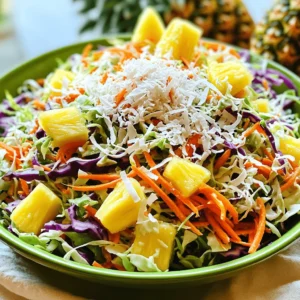 - 4 cups green cabbage, finely shredded - 1 cup purple cabbage, finely shredded - 1 cup carrots, grated - 1 cup fresh pineapple, diced - 1 red bell pepper, thinly sliced - 1/2 cup green onions, sliced - 1/3 cup mayonnaise - 2 tablespoons apple cider vinegar - 1 tablespoon honey (or agave syrup) - Salt and pepper to taste - 1/2 cup unsweetened shredded coconut To create a vibrant Tropical Coleslaw, start with fresh vegetables and fruits. The green and purple cabbage give a crunchy base. Grated carrots add color and sweetness. Diced fresh pineapple brings a juicy burst of flavor. Thinly sliced red bell peppers add a nice crunch. The green onions give a mild onion taste. For the dressing, combine mayonnaise with apple cider vinegar. This mix adds creaminess and tang. Honey brings a touch of sweetness. Don’t forget salt and pepper to boost the taste. If you want an extra treat, add shredded coconut as a garnish. It adds texture and enhances the tropical vibe. These ingredients make a bright and tasty coleslaw that everyone will love. For the Full Recipe, check out our detailed instructions. Start with a large bowl. Combine the green cabbage, purple cabbage, carrots, pineapple, red bell pepper, and green onions. Be sure to mix them well. This mix gives your coleslaw a vibrant look and fresh taste. The crunch from the cabbage and carrots pairs perfectly with the sweetness of the pineapple. In a smaller bowl, whisk together the mayonnaise, apple cider vinegar, honey, salt, and pepper. Mix until the dressing is smooth. The balance of creamy and tangy flavors makes the coleslaw special. You can adjust the honey if you prefer it sweeter. Drizzle the dressing over the vegetable mix. Toss gently to coat the vegetables evenly, being careful not to mash them. This step is key for a great texture. After mixing, cover the bowl and refrigerate for at least 30 minutes. Chilling allows the flavors to blend, enhancing the overall taste. This simple method gives you a Tropical Coleslaw that bursts with flavor and freshness. You can find the Full Recipe online for more details. Adjust the honey in your dressing for the sweetness you like. If you want more tang, add a bit more vinegar. This will balance the flavors and make your coleslaw pop! When you add shredded coconut, fold it in gently. This keeps the veggies intact and adds a crunchy bite. You want to keep the fresh feel of the coleslaw while enjoying that tropical twist. Serve your coleslaw chilled in a fun, colorful bowl. It looks great! Top it with extra coconut and some pineapple chunks for a bright finish. You can even add a sprig of mint for a touch of green. Enjoy every bite of this refreshing side! {{image_4}} You can make your tropical coleslaw even better by adding more fruits. Try mango, kiwi, or papaya. Each fruit brings a new layer of flavor. Mango adds sweetness, kiwi gives a tart kick, and papaya adds a smooth texture. Mix and match to find your favorite blend. If you want a vegan version, just swap out the mayonnaise. Use plant-based mayonnaise instead. You can also try a mix of avocado and lime juice. This way, you keep the creamy texture while staying dairy-free. To make your coleslaw more exciting, add some nuts. Cashews or almonds work great. They provide a nice crunch that contrasts with the soft veggies and fruits. Just chop them up and toss them in. You’ll love the added texture! Store your tropical coleslaw in an airtight container. This keeps it fresh and crisp. For the best taste and quality, eat it within 2-3 days. The flavors will be best during this time. Freezing is not a good idea for this recipe. The texture changes a lot after thawing. You want to keep the crunch of the veggies! Yes, it's best made a few hours in advance to enhance flavors. The longer it sits, the better the taste. I often prepare it in the morning for a dinner party. This way, the flavors blend nicely. Yes, it features fresh vegetables and can be customized for reduced calories. You can use light mayonnaise or skip it altogether. Fresh fruits add natural sweetness and nutrients, making it a healthy choice. It complements grilled meats, tacos, or can be served as a light side dish. I love serving it next to barbecued chicken or fish. It adds a refreshing crunch to any meal. This dish originates from traditional coleslaw with influences from tropical ingredients. Classic coleslaw uses cabbage and dressing, while tropical versions add fruits and coconut. This twist makes it fun and flavorful. Visit our site for the Full Recipe of Tropical Coleslaw 🥥. Tropical coleslaw combines fresh veggies and a zesty dressing for a fun dish. You can customize it with fruits or nuts to fit your taste. Serve it chilled to bring out these bright flavors. Make sure to store it right for the freshest taste. Enjoy it as a side or with your favorite grilled meals. You’ll love how easy it is to make and share. Try out the tips to perfect your coleslaw today!