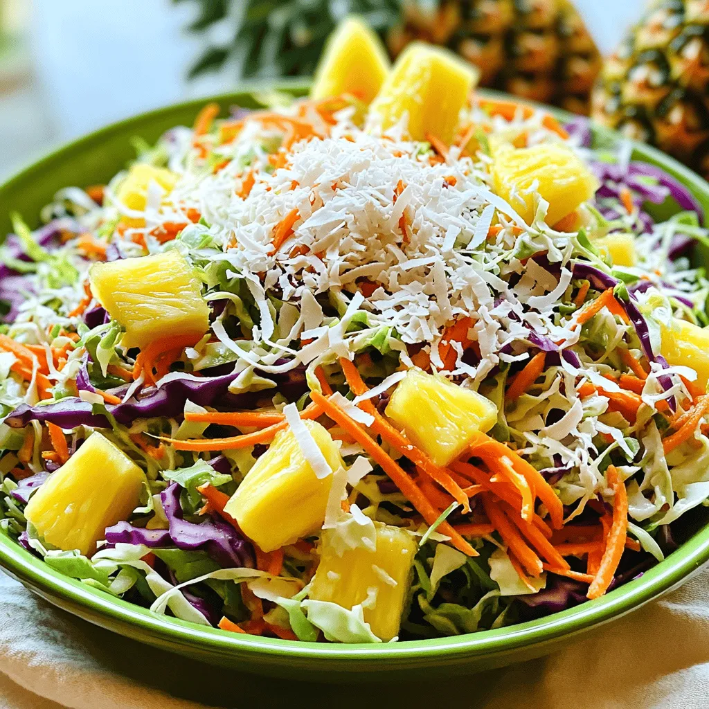 - 4 cups green cabbage, finely shredded - 1 cup purple cabbage, finely shredded - 1 cup carrots, grated - 1 cup fresh pineapple, diced - 1 red bell pepper, thinly sliced - 1/2 cup green onions, sliced - 1/3 cup mayonnaise - 2 tablespoons apple cider vinegar - 1 tablespoon honey (or agave syrup) - Salt and pepper to taste - 1/2 cup unsweetened shredded coconut To create a vibrant Tropical Coleslaw, start with fresh vegetables and fruits. The green and purple cabbage give a crunchy base. Grated carrots add color and sweetness. Diced fresh pineapple brings a juicy burst of flavor. Thinly sliced red bell peppers add a nice crunch. The green onions give a mild onion taste. For the dressing, combine mayonnaise with apple cider vinegar. This mix adds creaminess and tang. Honey brings a touch of sweetness. Don’t forget salt and pepper to boost the taste. If you want an extra treat, add shredded coconut as a garnish. It adds texture and enhances the tropical vibe. These ingredients make a bright and tasty coleslaw that everyone will love. For the Full Recipe, check out our detailed instructions. Start with a large bowl. Combine the green cabbage, purple cabbage, carrots, pineapple, red bell pepper, and green onions. Be sure to mix them well. This mix gives your coleslaw a vibrant look and fresh taste. The crunch from the cabbage and carrots pairs perfectly with the sweetness of the pineapple. In a smaller bowl, whisk together the mayonnaise, apple cider vinegar, honey, salt, and pepper. Mix until the dressing is smooth. The balance of creamy and tangy flavors makes the coleslaw special. You can adjust the honey if you prefer it sweeter. Drizzle the dressing over the vegetable mix. Toss gently to coat the vegetables evenly, being careful not to mash them. This step is key for a great texture. After mixing, cover the bowl and refrigerate for at least 30 minutes. Chilling allows the flavors to blend, enhancing the overall taste. This simple method gives you a Tropical Coleslaw that bursts with flavor and freshness. You can find the Full Recipe online for more details. Adjust the honey in your dressing for the sweetness you like. If you want more tang, add a bit more vinegar. This will balance the flavors and make your coleslaw pop! When you add shredded coconut, fold it in gently. This keeps the veggies intact and adds a crunchy bite. You want to keep the fresh feel of the coleslaw while enjoying that tropical twist. Serve your coleslaw chilled in a fun, colorful bowl. It looks great! Top it with extra coconut and some pineapple chunks for a bright finish. You can even add a sprig of mint for a touch of green. Enjoy every bite of this refreshing side! {{image_4}} You can make your tropical coleslaw even better by adding more fruits. Try mango, kiwi, or papaya. Each fruit brings a new layer of flavor. Mango adds sweetness, kiwi gives a tart kick, and papaya adds a smooth texture. Mix and match to find your favorite blend. If you want a vegan version, just swap out the mayonnaise. Use plant-based mayonnaise instead. You can also try a mix of avocado and lime juice. This way, you keep the creamy texture while staying dairy-free. To make your coleslaw more exciting, add some nuts. Cashews or almonds work great. They provide a nice crunch that contrasts with the soft veggies and fruits. Just chop them up and toss them in. You’ll love the added texture! Store your tropical coleslaw in an airtight container. This keeps it fresh and crisp. For the best taste and quality, eat it within 2-3 days. The flavors will be best during this time. Freezing is not a good idea for this recipe. The texture changes a lot after thawing. You want to keep the crunch of the veggies! Yes, it's best made a few hours in advance to enhance flavors. The longer it sits, the better the taste. I often prepare it in the morning for a dinner party. This way, the flavors blend nicely. Yes, it features fresh vegetables and can be customized for reduced calories. You can use light mayonnaise or skip it altogether. Fresh fruits add natural sweetness and nutrients, making it a healthy choice. It complements grilled meats, tacos, or can be served as a light side dish. I love serving it next to barbecued chicken or fish. It adds a refreshing crunch to any meal. This dish originates from traditional coleslaw with influences from tropical ingredients. Classic coleslaw uses cabbage and dressing, while tropical versions add fruits and coconut. This twist makes it fun and flavorful. Visit our site for the Full Recipe of Tropical Coleslaw 🥥. Tropical coleslaw combines fresh veggies and a zesty dressing for a fun dish. You can customize it with fruits or nuts to fit your taste. Serve it chilled to bring out these bright flavors. Make sure to store it right for the freshest taste. Enjoy it as a side or with your favorite grilled meals. You’ll love how easy it is to make and share. Try out the tips to perfect your coleslaw today!