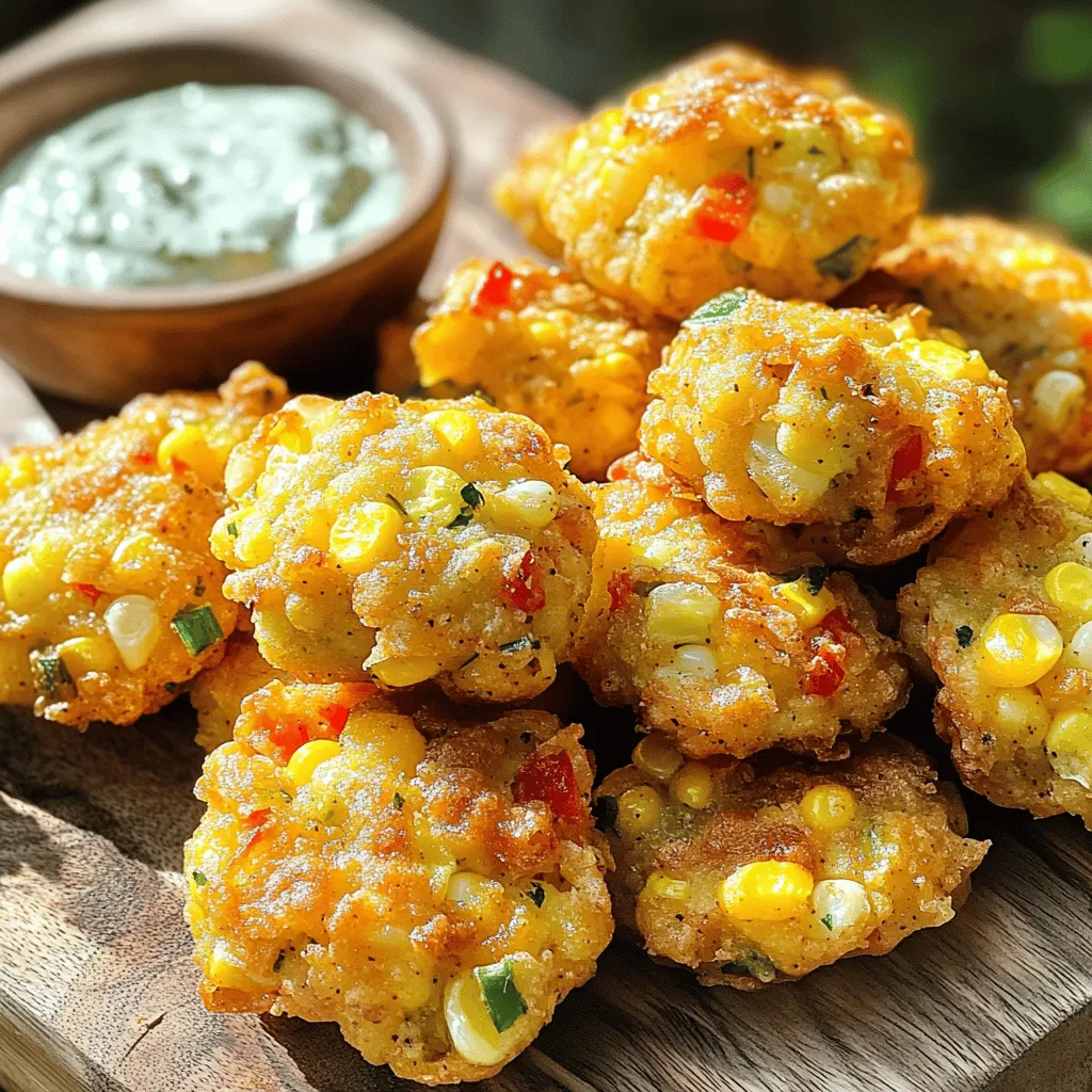 - 2 cups corn kernels (fresh or frozen) - 1/2 cup all-purpose flour - 1/2 cup cornmeal - 1/4 cup shredded pepper jack cheese - 1/4 cup finely chopped red bell pepper - 1/4 cup chopped green onions - 1 fresh jalapeño, finely chopped - 1 teaspoon ground cumin - 1 teaspoon chili powder - 1/2 teaspoon baking powder - Salt and pepper to taste - 1/4 cup buttermilk (or regular milk) - Olive oil for frying - Fresh cilantro for garnish - Lime wedges for serving - Alternative cheeses for flavor enhancements To make Spicy Mexican Corn Bites, gather these ingredients. Fresh corn works great, but frozen corn is just fine too. You will need all-purpose flour and cornmeal, to give the bites their shape and texture. Shredded pepper jack cheese adds a creamy kick. Chopped red bell pepper and green onions bring color and crunch. The fresh jalapeño gives these bites their spice. Ground cumin and chili powder deepen the flavor. You will need baking powder to help them rise. Don't forget salt and pepper for taste. Buttermilk gives moisture and creaminess, while olive oil is essential for frying. If you want to take it up a notch, add fresh cilantro as a garnish and serve with lime wedges for a zesty finish. You can also explore different cheeses for added flavor. This full recipe will guide you through the simple steps to make these tasty bites. 1. Start by mixing the dry ingredients. In a large bowl, add 2 cups of corn kernels, 1/2 cup of all-purpose flour, 1/2 cup of cornmeal, and 1/2 teaspoon of baking powder. Stir until the dry ingredients blend well. You want no clumps in your mix. 2. Next, add cheese and vegetables. Toss in 1/4 cup of shredded pepper jack cheese, 1/4 cup of finely chopped red bell pepper, 1/4 cup of chopped green onions, and 1 chopped jalapeño. Season with 1 teaspoon of ground cumin, 1 teaspoon of chili powder, salt, and pepper to taste. Mix everything until well combined. 3. Now, incorporate the liquids. Gradually pour in 1/4 cup of buttermilk. Gently fold the mixture together until it forms a thick batter. If it looks too thick, add a splash of milk. Let the batter rest for about 10 minutes. This helps the flavors meld. 1. Heat the skillet and oil. Pour a generous amount of olive oil into a large skillet over medium heat. You need enough oil to cover the bottom of the skillet. 2. Use a frying technique for a crispy texture. Once the oil shimmers, drop spoonfuls of the corn mixture into the skillet. Make sure to leave space between each piece for easy flipping. 3. Check for doneness. Cook the corn bites for 3-4 minutes on each side. They should turn golden-brown and crispy. Adjust the heat if necessary to prevent burning. 1. For garnishing options, arrange the corn bites on a colorful platter. A sprinkle of fresh cilantro or lime wedges adds a nice touch. 2. Recommended dipping sauces include creamy cilantro lime or zesty salsa. They add extra flavor and a delightful kick. For the full recipe, please refer to the earlier section. Enjoy your cooking! Adjusting spice levels Start by tasting the batter. If you want more heat, add extra jalapeño or some hot sauce. If you prefer mild, use less jalapeño or remove the seeds. Ensuring even cooking temperature Heat your skillet over medium heat. Too hot, and the bites burn. Too cool, and they will soak up oil. Test the oil by dropping a small amount of batter in. If it sizzles, you’re ready to fry. Making a thicker or thinner batter For a thicker bite, use less milk. For a thinner batter, add a bit more. This will change how they cook, so keep an eye on them. Cooling and refrigerating After cooking, let the corn bites cool on a paper towel. Store them in an airtight container in the fridge. They will stay good for about three days. Reheating methods for best results To reheat, use a skillet over medium heat. This keeps them crispy. You can also bake them in the oven at 350°F for about 10 minutes. Avoid the microwave; it makes them soggy. {{image_4}} You can easily switch ingredients to make your Spicy Mexican Corn Bites unique. Here are some ideas: - Alternative vegetables to include: Try adding diced zucchini or grated carrots for a fresh twist. You can also use corn and black beans for more texture. - Different types of cheese for flavor variations: Instead of pepper jack, use cheddar or feta cheese. Each cheese brings its own taste that can change the dish. If you love heat, consider these spicy options: - Adding extra jalapeños or hot sauce: Increase the amount of jalapeños for more spice. You can also drizzle your bites with your favorite hot sauce before serving. - Incorporating different spices: Add cayenne pepper or smoked paprika for an exciting kick. These spices can enhance the flavor profile and add depth. You can modify the recipe to fit dietary needs easily. - Gluten-free ingredients: Use gluten-free flour instead of all-purpose flour. This swap maintains the texture while making it suitable for gluten-free diets. - Vegan modifications: Substitute buttermilk with non-dairy milk and use a vegan cheese. This way, you create a tasty vegan version without losing flavor. For the complete recipe, refer to the Full Recipe. What dishes go well with Spicy Mexican Corn Bites? They shine alongside fresh salads. Try a zesty avocado salad or a corn salsa. These add crunch and freshness. You can also pair them with tacos for a full meal. What drinks match these bites? A chilled glass of agua fresca works great. You can choose flavors like watermelon or cucumber. If you prefer something stronger, a light Mexican beer or a margarita is perfect. The coolness balances the spice of the bites. How can you make the dish look appealing? Arrange the corn bites on a bright platter. Use vibrant colors to attract attention. Add a sprinkle of fresh cilantro on top for a pop of green. What about thematic serving styles? For a fiesta feel, use colorful dishware. Place small bowls of dipping sauces around the bites. This invites everyone to dive in and enjoy. You can also serve the bites in mini taco holders for a fun twist. Check out the Full Recipe for more details on making these delicious corn bites! Can I use canned corn instead of fresh or frozen? Yes, you can use canned corn. Just drain and rinse it well. Canned corn works great and saves time. However, fresh or frozen corn gives a better taste and texture. How can I make these corn bites ahead of time? To make these bites ahead, prepare the batter and store it in the fridge. You can also fry them and keep them warm in the oven. Reheat them in the oven for a few minutes before serving for the best flavor. What dipping sauces pair well with Spicy Mexican Corn Bites? I love pairing these bites with creamy cilantro lime sauce or zesty salsa. You can also try ranch dressing or guacamole for a fun twist. Why are my corn bites falling apart? If your corn bites fall apart, the batter may be too wet. Add a bit more flour or cornmeal to the mix. Make sure to mix the ingredients well for better binding. What can I do if the bites are too greasy? If your bites are greasy, try frying them at a higher temperature. This helps them cook faster and reduces the oil absorption. After frying, let them rest on paper towels to soak up extra oil. Can I replace buttermilk with something else? Yes, you can use regular milk or make a quick substitute. Mix one cup of milk with one tablespoon of vinegar or lemon juice. Let it sit for five minutes before using. What is a good alternative to cornmeal? If you don't have cornmeal, try using fine breadcrumbs or ground oats. These alternatives will still give your corn bites some texture and flavor. You now have a complete guide to making delicious corn bites. We covered all the ingredients, cooking steps, and helpful tips to perfect your dish. Variations and serving ideas allow you to customize these bites for any occasion. Don’t forget to experiment with flavors and spices. These bites are easy to make and fun to share with friends or family. Try them out and enjoy a tasty snack you can be proud of!
