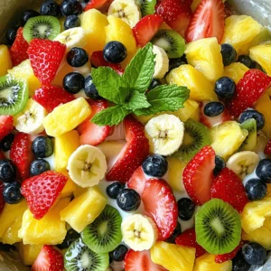 - 1 cup fresh strawberries, hulled and sliced - 1 cup ripe pineapple, diced - 1 cup kiwi, peeled and sliced - 1 cup plump blueberries - 1 banana, sliced - 1 can (14 oz) sweetened condensed milk - 1 tablespoon freshly squeezed lime juice - 1 teaspoon pure vanilla extract - Fresh mint leaves, for garnish To make this fruit salad, you need fresh fruits. Strawberries, pineapple, kiwi, blueberries, and banana work best. These fruits not only taste great but also add vibrant colors to your dish. Next, gather the condensed milk components. Sweetened condensed milk gives a creamy texture. Lime juice adds a zing, while vanilla extract brings warmth. For an extra touch, consider garnishing with fresh mint leaves. They add a refreshing flavor and bright color. When you have all these ingredients, you're ready to make a delightful fruit salad. You can find the Full Recipe in the next section. - Step 1: Combine strawberries, pineapple, kiwi, blueberries, and banana. Start by gathering your fresh fruits. Use a large mixing bowl. Add the hulled and sliced strawberries, diced pineapple, peeled and sliced kiwi, plump blueberries, and sliced banana. The mix of colors and textures makes the salad inviting. - Step 2: Toss fruits gently to avoid bruising. Use a spatula or your hands to toss the fruits. Be gentle so you do not mash them. You want to keep each fruit piece whole for a pretty presentation. - Step 3: Whisk together condensed milk, lime juice, and vanilla extract. In a small bowl, add the sweetened condensed milk, freshly squeezed lime juice, and pure vanilla extract. Use a whisk to blend these together. This creamy dressing will coat the fruit nicely. - Step 4: Ensure a smooth and homogenous mixture. Keep whisking until the mixture is smooth and well combined. A good dressing has no lumps. - Step 5: Pour dressing over fruits and toss gently. Now, pour the creamy dressing over your fruit medley. Using a spatula, toss the fruits gently again. Make sure every piece is coated with the dressing for a rich flavor. - Step 6: Cover and refrigerate for 30 minutes before serving. Cover the bowl with plastic wrap or a lid. Place it in the fridge for about 30 minutes. This chilling time helps the flavors blend well, making each bite delicious. For the complete recipe, check [Full Recipe]. Enjoy your sweet and simple fruit salad! - Use ripe fruits for better flavor. - Always wash fruits thoroughly before preparation. To keep your fruit salad fresh, choose ripe fruits. Ripe fruits taste better and add more sweetness. Strawberries should be bright red and firm. Pineapples should smell sweet and feel slightly soft. Kiwi should be slightly soft but not mushy. Always wash your fruits. This step removes dirt and pesticides. Rinsing under cold water works best. - Adjust sweetness by adding more or less condensed milk. - Experiment with citrus juices for variety. The dressing makes this salad special. You can change its taste by adjusting the condensed milk. If you want it sweeter, add more condensed milk. For a tangy twist, try adding lime or lemon juice. This balance keeps the salad bright and fresh. You can even use orange juice for a sweeter flavor. - Best served chilled for maximum flavor. - Pair with whipped cream or yogurt for added richness. Serving the salad cold enhances its taste. Chill it for at least 30 minutes. This time allows flavors to mix well. You can serve it on its own or with whipped cream. A dollop of yogurt also adds creaminess. Both options make the dish richer and more satisfying. {{image_4}} You can make a tropical version of this salad. Simply replace pineapple and blueberries with mango and passionfruit. This swap brings bright colors and bold flavors to the dish. To enhance these tropical notes, sprinkle in some coconut flakes. They add a nice crunch and a hint of sweetness. Using seasonal fruits can make your salad even better. In summer, try adding fresh peaches for a juicy twist. In autumn, crisp apples can bring a delightful crunch. You can adjust the dressings based on what fruits you pick. This helps you make the most of what's ripe and in season. If you're looking for lighter options, consider using low-fat condensed milk or Greek yogurt. Both choices still taste great and reduce calories. For added crunch and nutrition, toss in some nuts or seeds. This not only boosts health but also gives your salad a fun texture. For a detailed guide, check out the Full Recipe. Store your fruit salad in an airtight container. This keeps it fresh in the fridge. You should eat it within 2-3 days. This way, you enjoy the best taste and texture. You can freeze the fruits before making the salad. This gives you a refreshing frozen treat. Just remember to thaw the salad before serving. This helps keep the right texture. To keep bananas looking fresh, mix lime juice with them. This stops the bananas from browning. Always cover the salad tightly to limit air exposure. This helps maintain the salad's bright colors. For the full recipe, check the details above! Yes, prepare it a few hours prior, but add bananas just before serving. This keeps them fresh and prevents browning. You can chop all other fruits and mix them with the dressing. Just hold off on the bananas until it's time to serve. Use coconut cream or Greek yogurt as alternatives. Both options add creaminess without losing flavor. Coconut cream gives a tropical twist, while Greek yogurt adds a tangy taste. You can adjust sweetness as needed. Absolutely! It’s a crowd-pleaser and easy to scale up. You can double or triple the recipe for larger gatherings. Everyone loves a colorful and tasty salad. Plus, it requires no cooking, which saves time. Yes, feel free to mix and match according to your preferences! Try peaches in summer or apples in autumn. Berries are also great options. Just keep the balance of flavors in mind. Using seasonal fruits can enhance the taste. This fruit salad recipe is simple and fun to make. You learned about choosing fresh fruits like strawberries, blueberries, and kiwi. I shared how to create a tasty dressing with condensed milk, lime juice, and vanilla. Remember to chill it for the best flavor. Try the tips and variations for a unique touch. This dish is great for any event or just a tasty snack. Enjoy experimenting with different fruits and dressings. Celebrate fresh food in every bite!