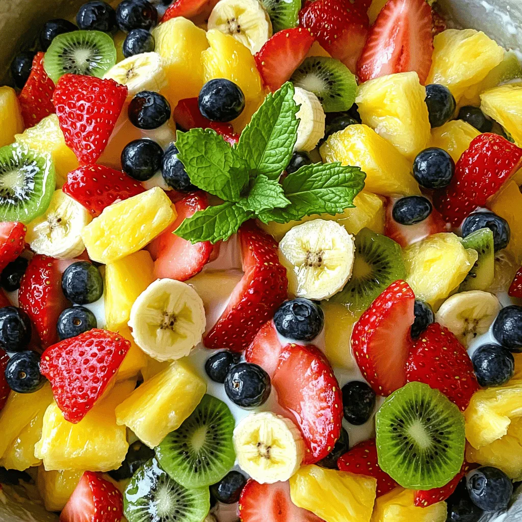 - 1 cup fresh strawberries, hulled and sliced - 1 cup ripe pineapple, diced - 1 cup kiwi, peeled and sliced - 1 cup plump blueberries - 1 banana, sliced - 1 can (14 oz) sweetened condensed milk - 1 tablespoon freshly squeezed lime juice - 1 teaspoon pure vanilla extract - Fresh mint leaves, for garnish To make this fruit salad, you need fresh fruits. Strawberries, pineapple, kiwi, blueberries, and banana work best. These fruits not only taste great but also add vibrant colors to your dish. Next, gather the condensed milk components. Sweetened condensed milk gives a creamy texture. Lime juice adds a zing, while vanilla extract brings warmth. For an extra touch, consider garnishing with fresh mint leaves. They add a refreshing flavor and bright color. When you have all these ingredients, you're ready to make a delightful fruit salad. You can find the Full Recipe in the next section. - Step 1: Combine strawberries, pineapple, kiwi, blueberries, and banana. Start by gathering your fresh fruits. Use a large mixing bowl. Add the hulled and sliced strawberries, diced pineapple, peeled and sliced kiwi, plump blueberries, and sliced banana. The mix of colors and textures makes the salad inviting. - Step 2: Toss fruits gently to avoid bruising. Use a spatula or your hands to toss the fruits. Be gentle so you do not mash them. You want to keep each fruit piece whole for a pretty presentation. - Step 3: Whisk together condensed milk, lime juice, and vanilla extract. In a small bowl, add the sweetened condensed milk, freshly squeezed lime juice, and pure vanilla extract. Use a whisk to blend these together. This creamy dressing will coat the fruit nicely. - Step 4: Ensure a smooth and homogenous mixture. Keep whisking until the mixture is smooth and well combined. A good dressing has no lumps. - Step 5: Pour dressing over fruits and toss gently. Now, pour the creamy dressing over your fruit medley. Using a spatula, toss the fruits gently again. Make sure every piece is coated with the dressing for a rich flavor. - Step 6: Cover and refrigerate for 30 minutes before serving. Cover the bowl with plastic wrap or a lid. Place it in the fridge for about 30 minutes. This chilling time helps the flavors blend well, making each bite delicious. For the complete recipe, check [Full Recipe]. Enjoy your sweet and simple fruit salad! - Use ripe fruits for better flavor. - Always wash fruits thoroughly before preparation. To keep your fruit salad fresh, choose ripe fruits. Ripe fruits taste better and add more sweetness. Strawberries should be bright red and firm. Pineapples should smell sweet and feel slightly soft. Kiwi should be slightly soft but not mushy. Always wash your fruits. This step removes dirt and pesticides. Rinsing under cold water works best. - Adjust sweetness by adding more or less condensed milk. - Experiment with citrus juices for variety. The dressing makes this salad special. You can change its taste by adjusting the condensed milk. If you want it sweeter, add more condensed milk. For a tangy twist, try adding lime or lemon juice. This balance keeps the salad bright and fresh. You can even use orange juice for a sweeter flavor. - Best served chilled for maximum flavor. - Pair with whipped cream or yogurt for added richness. Serving the salad cold enhances its taste. Chill it for at least 30 minutes. This time allows flavors to mix well. You can serve it on its own or with whipped cream. A dollop of yogurt also adds creaminess. Both options make the dish richer and more satisfying. {{image_4}} You can make a tropical version of this salad. Simply replace pineapple and blueberries with mango and passionfruit. This swap brings bright colors and bold flavors to the dish. To enhance these tropical notes, sprinkle in some coconut flakes. They add a nice crunch and a hint of sweetness. Using seasonal fruits can make your salad even better. In summer, try adding fresh peaches for a juicy twist. In autumn, crisp apples can bring a delightful crunch. You can adjust the dressings based on what fruits you pick. This helps you make the most of what's ripe and in season. If you're looking for lighter options, consider using low-fat condensed milk or Greek yogurt. Both choices still taste great and reduce calories. For added crunch and nutrition, toss in some nuts or seeds. This not only boosts health but also gives your salad a fun texture. For a detailed guide, check out the Full Recipe. Store your fruit salad in an airtight container. This keeps it fresh in the fridge. You should eat it within 2-3 days. This way, you enjoy the best taste and texture. You can freeze the fruits before making the salad. This gives you a refreshing frozen treat. Just remember to thaw the salad before serving. This helps keep the right texture. To keep bananas looking fresh, mix lime juice with them. This stops the bananas from browning. Always cover the salad tightly to limit air exposure. This helps maintain the salad's bright colors. For the full recipe, check the details above! Yes, prepare it a few hours prior, but add bananas just before serving. This keeps them fresh and prevents browning. You can chop all other fruits and mix them with the dressing. Just hold off on the bananas until it's time to serve. Use coconut cream or Greek yogurt as alternatives. Both options add creaminess without losing flavor. Coconut cream gives a tropical twist, while Greek yogurt adds a tangy taste. You can adjust sweetness as needed. Absolutely! It’s a crowd-pleaser and easy to scale up. You can double or triple the recipe for larger gatherings. Everyone loves a colorful and tasty salad. Plus, it requires no cooking, which saves time. Yes, feel free to mix and match according to your preferences! Try peaches in summer or apples in autumn. Berries are also great options. Just keep the balance of flavors in mind. Using seasonal fruits can enhance the taste. This fruit salad recipe is simple and fun to make. You learned about choosing fresh fruits like strawberries, blueberries, and kiwi. I shared how to create a tasty dressing with condensed milk, lime juice, and vanilla. Remember to chill it for the best flavor. Try the tips and variations for a unique touch. This dish is great for any event or just a tasty snack. Enjoy experimenting with different fruits and dressings. Celebrate fresh food in every bite!