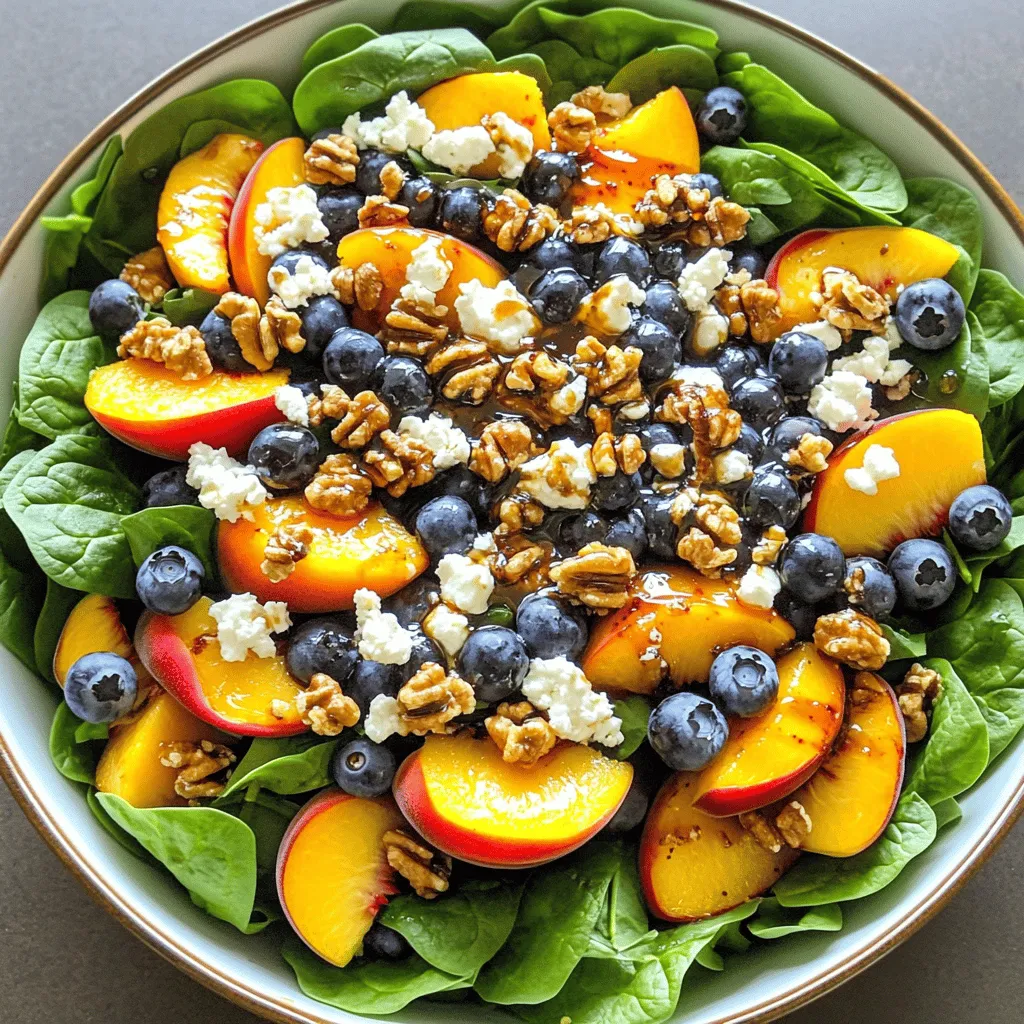 - Fresh baby spinach - Ripe peach - Fresh blueberries - Creamy feta cheese - Chopped walnuts - Natural honey - Balsamic vinegar - Extra virgin olive oil - Seasoning: Sea salt and black pepper To make the Blueberry Peach Feta Salad, you'll need fresh and simple ingredients. Start with two cups of fresh baby spinach. This leafy green base gives the salad a nice crunch and lots of nutrients. Next, grab a ripe peach. Slice it into thin wedges. The sweet taste of peach pairs perfectly with the salad. Then, add one cup of fresh blueberries. These little gems burst with flavor and add a pop of color. You'll also need half a cup of creamy feta cheese. Crumbling it over the salad adds a salty richness. Don’t forget about a quarter cup of chopped walnuts. Toast them lightly for an extra layer of flavor and crunch. For the dressing, you’ll mix two tablespoons of natural honey with one tablespoon of balsamic vinegar. This blend gives a sweet and tangy taste. Add one tablespoon of extra virgin olive oil to bring it all together. Season with sea salt and black pepper to your liking. This list of ingredients is key to creating a tasty and refreshing salad. For the full recipe, check the details above. 1. Washing and drying spinach Start by rinsing the fresh baby spinach under cold water. Make sure to wash off any dirt or grit. After washing, gently dry the spinach using a salad spinner or a clean kitchen towel. Dry spinach helps the dressing stick better. 2. Adding fruit to the salad bowl Take a large salad bowl and place the dried spinach at the bottom. Next, add the sliced ripe peaches and fresh blueberries. Spread the fruit evenly over the spinach. This adds color and flavor to your salad. 3. Sprinkling feta and walnuts Once your fruit is in the bowl, sprinkle the crumbled feta cheese on top. Then, add the chopped and toasted walnuts. The feta brings a creamy texture, while walnuts add a nice crunch. 4. Mixing the dressing ingredients In a small mixing bowl, combine the natural honey, balsamic vinegar, and extra virgin olive oil. Use a whisk to blend the ingredients well. Don’t forget to season with sea salt and freshly cracked black pepper. Taste it to make sure it’s just right! 5. Drizzling dressing and tossing salad Now, take your dressing and drizzle it over the salad. Carefully toss all the ingredients together. Be gentle to avoid bruising the fruit. You want everything to be coated in that tasty dressing. 6. Taste and adjust seasoning After tossing, taste your salad. If you think it needs more flavor, feel free to add extra salt, pepper, or honey. Adjust to your liking! This Blueberry Peach Feta Salad is fresh and full of flavor. For more detailed instructions, you can check the Full Recipe. To make the perfect Blueberry Peach Feta Salad, you can adjust the dressing. If you want it sweeter, add more honey. If you like it tangy, add extra balsamic vinegar. This helps you tailor the flavor to your taste. If you want alternatives for honey, try maple syrup. It makes a great swap. For vinegar, apple cider vinegar can also work well. Each choice gives a unique twist. When tossing the salad, be gentle. Bruising the fruit can ruin the look and taste. Use your hands to toss lightly. This keeps the blueberries and peaches intact. It helps maintain a fresh and vibrant salad. For the Full Recipe, remember that the balance of flavors is key. Adjust to your liking, and enjoy each bite! {{image_4}} You can easily change the fruit in this salad. Strawberries add a sweet twist. They mix well with the feta. You could also use mandarin oranges for a zesty flair. They bring a bright pop of flavor. Cheese is another fun area to explore. Instead of feta, try goat cheese. It has a creamy texture and a tangy taste. It pairs well with both peaches and blueberries. Nuts and seeds can also change the salad's crunch. If you want a lighter option, swap walnuts for sliced almonds. Sunflower seeds can add a nice crunch as well. You can even skip nuts if you prefer a nut-free dish. Feel free to mix and match these options. Each choice brings new flavors and textures. Your salad will always be fresh and exciting. Check out the Full Recipe for more details. To keep your blueberry peach feta salad fresh, store it in an airtight container. This helps prevent moisture from getting in. How to store leftovers: 1. Place leftover salad in the container. 2. If you have dressing left, store it separately. 3. Keep the salad in the fridge to keep it cool. Duration for freshness in the refrigerator: Your salad will stay fresh for about 2 days. After that, the fruits may lose their crunch. The feta will still taste good but may not look great. Best practices for maintaining texture and flavor: - Avoid mixing the dressing with the salad until you’re ready to eat. This keeps the greens crisp and the fruits bright. - If you notice any sogginess, try adding fresh spinach or new fruit to revive it. - Always check for any signs of spoilage before eating, especially after a day or two. For the complete recipe, check the Full Recipe. How long does Blueberry Peach Feta Salad stay fresh? Blueberry Peach Feta Salad stays fresh for about 1 to 2 days in the fridge. The key is to keep it in an airtight container. The fruit can lose some texture, but it still tastes great. Can I make Blueberry Peach Feta Salad in advance? Yes, you can make this salad in advance. However, I suggest adding the dressing right before serving. This keeps the spinach and fruit crisp. What is the best way to serve Blueberry Peach Feta Salad? Serve Blueberry Peach Feta Salad chilled. You can use individual bowls or a large platter. Garnish with extra blueberries or peach slices for a nice touch. Is Blueberry Peach Feta Salad suitable for meal prep? Absolutely! This salad is great for meal prep. Just pack the spinach and toppings separately. Add the dressing when you are ready to eat. Can I use frozen blueberries for the salad? You can use frozen blueberries, but fresh ones taste better. If you use frozen, thaw them first. Drain any excess water to keep the salad from getting soggy. For the complete recipe, check out the Full Recipe section. This blog post shared a simple, delicious Blueberry Peach Feta Salad recipe. We covered all the ingredients, steps to prepare the salad, and tips to enhance flavor. You can customize it with different fruits and cheeses. I also explained how to store leftovers to keep them fresh. Enjoy making this salad for your next meal. It’s easy and full of flavor. Don't hesitate to experiment and find your perfect mix!