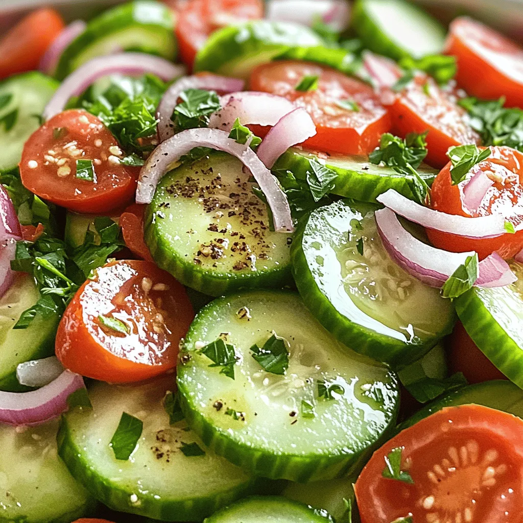 When I make marinated cucumbers, onions, and tomatoes, I focus on fresh and vibrant ingredients. Each element plays a key role in creating a delightful dish. Here’s what you need: - 2 large cucumbers, thinly sliced - 2 medium ripe tomatoes, diced - 1 large red onion, thinly sliced - 1/4 cup apple cider vinegar - 2 tablespoons extra-virgin olive oil - 1 tablespoon honey (or agave syrup for a vegan option) - 1 teaspoon granulated garlic - 1 teaspoon dried oregano - Sea salt - Freshly cracked black pepper - Fresh parsley for garnish These ingredients are not just tasty; they are also simple to find. The fresh produce gives the dish its crunch and sweetness. The flavor enhancers bring a zesty kick that makes the salad special. Each seasoning item adds depth, making every bite a joy. For the full recipe, check out the details above. First, grab your fresh produce. You will need two large cucumbers. Slice them thinly. This helps them soak up the marinade. Next, take one large red onion. Slice it thin, just like the cucumbers. Then, take two medium ripe tomatoes. Dice them into small pieces. Keep the sizes even for a great bite. Now, let’s make the dressing. In a small bowl, add 1/4 cup of apple cider vinegar. Then, pour in 2 tablespoons of extra-virgin olive oil. Next, add 1 tablespoon of honey or agave syrup. This gives it a sweet touch. Add 1 teaspoon of granulated garlic and 1 teaspoon of dried oregano. Finally, sprinkle in some sea salt and freshly cracked black pepper. Whisk all these together until they blend well. This makes a nice, smooth dressing. In a large bowl, toss the sliced cucumbers, tomatoes, and onions. Drizzle the dressing over the veggies. With a pair of salad tongs, gently toss everything together. Make sure every piece gets coated in the dressing. Cover the bowl with plastic wrap or transfer it to an airtight container. Refrigerate for at least 30 minutes. This chilling time lets the flavors blend beautifully. When you're ready to serve, give it another gentle toss. Add some freshly chopped parsley on top for color. For the complete recipe, check the Full Recipe section. To adjust the acidity, you can add more apple cider vinegar. If you want it sweeter, just add a bit more honey. For spice, try adding red pepper flakes or diced jalapeños. A hint of fresh ginger can also add a nice kick. These small changes can make your dish unique and tasty. Even slicing is key for this salad. When you slice your cucumbers and onions evenly, every bite tastes the same. This makes a big difference. Chilling your salad for at least 30 minutes allows the flavors to blend well. It also makes the veggies crisp and refreshing. A large, shallow dish is perfect for serving this salad. It shows off the bright colors of the veggies. You can also use individual bowls for a nice touch. For garnishing, sprinkle fresh parsley on top. This adds color and makes the dish look fancy. {{image_4}} If you want to switch things up, try different veggies. For example, zucchini can replace cucumbers. You can also use cherry tomatoes instead of ripe tomatoes. They add a sweet burst of flavor. Bell peppers add crunch and color. Avocado brings creaminess, making the dish richer. You can make this dish vegan-friendly by swapping honey for agave syrup. This keeps the sweet taste while keeping it plant-based. If you're watching your sodium, use low-sodium soy sauce instead of salt. This will help keep the flavor without too much salt. Change the flavor profile with herbs from Italy. Add basil and thyme for a fresh twist. For a Mediterranean touch, use fresh dill and lemon juice. These changes will brighten the dish and add new layers of flavor. Don’t hesitate to experiment; that’s where the fun begins! To keep your marinated cucumbers, onions, and tomatoes fresh, use an airtight container. This helps keep air out and flavors in. I recommend glass containers. They don't stain and keep the food crisp. Always place the marinated veggies in the fridge right after preparing them. This cool temperature slows down spoilage. When stored properly in the fridge, your dish lasts about 3 to 5 days. Check for signs before eating. If the vegetables look mushy or smell sour, it's time to toss them. Fresh veggies should stay bright and crisp, so keep an eye on them. You can prepare these marinated veggies a day ahead. Just store them as mentioned above. The flavors get better as they sit. You can also reuse marinated veggies in salads, sandwiches, or wraps. They add a nice crunch and flavor boost to many dishes. For a quick meal, toss them into a grain bowl or serve them as a side. Marinate cucumbers, onions, and tomatoes for at least 30 minutes. This chilling time is key. It allows the flavors to blend and develop. If you can, let them sit longer. An hour or more will enhance the taste even more. The cold also makes the dish refreshing. Yes, you can use other kinds of vinegar. Each type adds its own flavor twist. For a milder taste, try rice vinegar. For a tangy kick, use balsamic vinegar. Experiment with white wine vinegar for a more subtle note. Adjust the amount to suit your taste. These marinated veggies pair well with many dishes. Serve them with grilled chicken, fish, or tofu for protein. They also make a great side with sandwiches or burgers. You can add them to a salad for more crunch. Enjoy them any way you like! In this blog post, we explored how to create a tasty marinated veggie dish. We covered fresh produce, flavor enhancers, and seasoning items. You learned how to prepare the vegetables, make the marinade, and combine everything for the best taste. Be sure to try the tips for flavor and texture. Remember, you can swap ingredients or adjust for dietary needs. With proper storage, your dish will stay fresh. Enjoy mastering this simple recipe that adds great flavor to any meal!