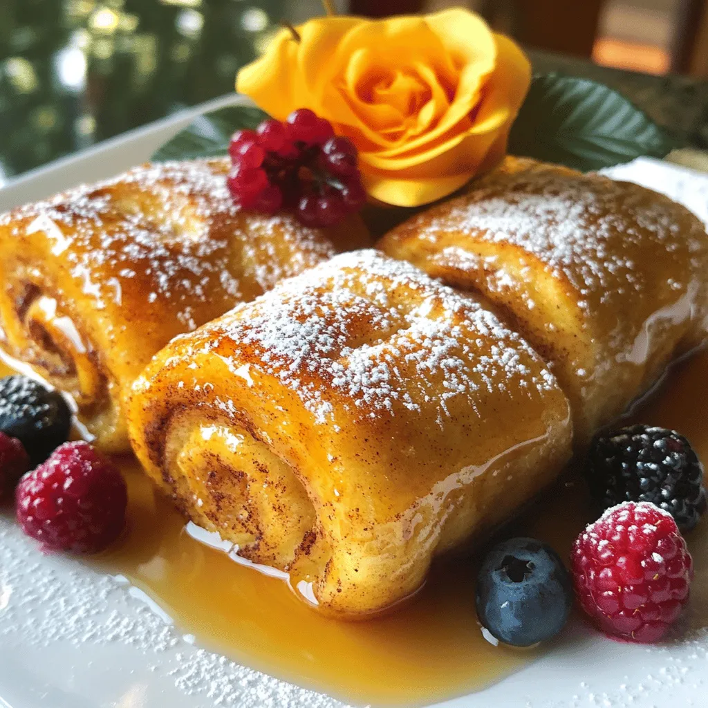 - 6 large cinnamon rolls (store-bought or homemade) - 4 large eggs - 1/2 cup whole milk - 1 teaspoon pure vanilla extract - 1 teaspoon ground cinnamon - 2 tablespoons unsalted butter - Maple syrup (for drizzling) - Powdered sugar (for dusting) - Fresh berries (for optional garnish) The main ingredients for my cinnamon roll French toast rolls are simple and easy to find. You can use store-bought rolls or make your own. I love the convenience of store-bought rolls, but homemade ones taste amazing too. You will need large cinnamon rolls to make these rolls thick and fluffy. The egg mixture is what brings it all together. I use four large eggs and half a cup of whole milk. This mixture gives a rich flavor and helps the rolls soak up all the goodness. The vanilla extract and ground cinnamon add a lovely touch. They make the rolls smell and taste like a dream. For cooking, I use unsalted butter. It helps to brown the rolls nicely and adds a buttery flavor. You can serve these rolls with maple syrup drizzled on top. Dusting them with powdered sugar makes them look fancy. Fresh berries, like strawberries or blueberries, make a colorful and tasty garnish. You can find the full recipe for these delicious rolls by checking out the [Full Recipe]. To start, if you use store-bought cinnamon rolls, let them sit until they reach room temperature. This step makes them easier to work with. Next, unroll each cinnamon roll carefully. Use your hands to flatten it into a thin rectangle. This will help them cook evenly later. Now, grab a large mixing bowl. In it, whisk together four large eggs, a half cup of whole milk, one teaspoon of vanilla extract, and one teaspoon of ground cinnamon. Mix until smooth. This egg mixture will give your rolls a rich flavor and help them hold together. After flattening the rolls, re-roll each one tightly. This keeps their shape nice and neat. Once you finish, set them aside on a plate. In a large skillet, melt two tablespoons of unsalted butter over medium heat. Now, dip each rolled cinnamon roll into the egg mixture. Make sure each roll is coated well on all sides. Place each roll seam-side down in the skillet. Cook for about 3-4 minutes until they turn golden brown. Then, flip them and cook for another 3-4 minutes. Repeat this until all rolls are cooked. Once done, transfer the rolls to a serving platter. Drizzle with maple syrup and dust with powdered sugar for a sweet finish. If you want, add fresh berries on top for a colorful touch. Enjoy your delicious Cinnamon Roll French Toast Rolls! For the full recipe, check the section above. - Achieving the perfect golden-brown color: To get that nice color, heat your skillet on medium. Use unsalted butter and let it bubble before adding rolls. Cook each roll for 3-4 minutes on each side. Keep a close eye on them. Flip when they look golden. - Avoiding mushy rolls while cooking: Make sure the egg mixture is not too watery. When you dip each roll, let the excess drip off. This helps keep them firm and prevents sogginess. - Serving suggestions for an appealing display: Stack the rolls high on a nice plate. Add a drizzle of maple syrup on top for a touch of shine. Place fresh berries around the rolls for color. - Using garnishes to enhance visual presentation: Dust the rolls with powdered sugar. This adds a sweet touch and makes them look fancy. You can also use mint leaves for a fresh look. - Overcooking or undercooking the rolls: Keep track of time while cooking. Overcooked rolls can be dry, while undercooked ones may be doughy. Aim for that sweet spot of golden and fluffy. - Not flattening the rolls evenly: Flatten each roll evenly to ensure they cook well. If some parts are thicker, they may not cook through. Use your hands or a rolling pin for a nice, even shape. For the full recipe, check the details above and enjoy your cooking! {{image_4}} You can easily change the taste of your cinnamon roll French toast rolls. Adding chocolate chips brings a nice sweetness. Chop up some walnuts or pecans for a crunchy texture. You can also try different spices. Nutmeg adds a warm, cozy flavor. Just a pinch elevates the dish. If you need gluten-free options, look for gluten-free cinnamon rolls. Many brands now offer tasty alternatives. For those who are dairy-free, you can use almond milk or oat milk. Coconut oil can replace butter for a similar taste. These swaps keep the recipe delicious for everyone. You can pair these rolls with various syrups. Maple syrup is a classic choice, but honey or berry syrup works well too. Want to make it a dessert? Top the rolls with a scoop of vanilla ice cream. The warm rolls with cold ice cream create a fun contrast. For the full recipe, check back in the article! After enjoying your cinnamon roll French toast rolls, store any leftovers in an airtight container. This keeps them fresh and moist. Place a paper towel inside the container to absorb excess moisture. Seal it tightly and store in the fridge. Your rolls will stay good for up to three days. If you want to save your rolls for later, freezing works great. First, let the cooked rolls cool completely. Then, wrap each roll tightly in plastic wrap. Place them in a freezer-safe bag or container. Properly stored, they can last up to three months in the freezer. To enjoy your rolls again, reheat them carefully. The best way is to use the oven. Preheat the oven to 350°F (175°C). Place the rolls on a baking sheet and cover them with foil. Heat for about 10-15 minutes. This keeps them warm and crispy. You can also use a toaster oven or microwave, but the oven gives the best texture. Cinnamon roll French toast rolls will stay fresh for about three days in the fridge. Store them in an airtight container to keep moisture in and prevent drying out. If you want to warm them up, just pop them in the microwave for a few seconds. Yes, you can make cinnamon roll French toast rolls ahead of time. Prepare them and cook them, then let them cool. Store the cooled rolls in the fridge. When you want to serve, just reheat them in a skillet or the microwave. This makes breakfast easy on busy mornings! You can serve these tasty rolls with several fun options. Here are some ideas: - Fresh berries like strawberries or blueberries - A drizzle of maple syrup - A dusting of powdered sugar - Whipped cream for a sweet touch - Yogurt on the side for a healthy contrast These add-ons make the meal even better! Cinnamon roll French toast is simple and fun to make. You need just six key ingredients and a few steps. With tips for cooking and serving, anyone can enjoy this dish. Don’t forget the tasty variations and how to store leftovers. In the end, making this treat is about creativity and enjoyment. You can impress your friends and family with this delicious twist on a classic. Try it out and make breakfast special!