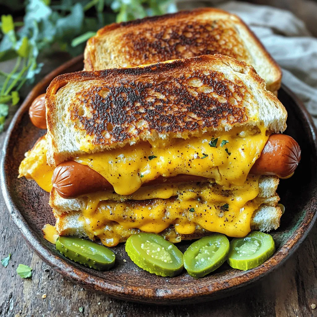 - 4 hot dogs - 4 slices of your favorite cheese (cheddar, mozzarella, or a delightful mix) - 4 thick slices of bread (Texas toast or any hearty bread) - 2 tablespoons softened butter - 1 tablespoon mayonnaise - Optional: pickle slices or jalapeños for an added kick - Air fryer - Spatula - Butter knife When I make Air Fryer Grilled Cheese Hot Dogs, I always choose my favorite cheese. Cheddar gives a nice sharp taste, while mozzarella adds a gooey texture. You can even mix them for extra flavor! For the bread, I love using Texas toast. It holds the hot dogs well and crisps up nicely. Softened butter is key for that golden crust. I also like to add a touch of mayonnaise to make the sandwich extra creamy. Feel free to get creative with toppings! Pickles or jalapeños can add a fun kick. You can mix and match to find your perfect combination. Now that you know the ingredients, gather your tools for a fun cooking adventure! - Preheat your air fryer to 375°F (190°C) - Spread butter on one side of each slice of bread To start, you need to preheat the air fryer. This step is key for even cooking. While it heats, grab your bread and butter. Spread a thin layer of butter on one side of each slice. This will help your bread get that perfect golden crisp. - Apply mayonnaise on the unbuttered side of the bread - Layer cheese and place hot dogs in the center Now, let’s bring it all together. Take the unbuttered side of the bread and spread a bit of mayonnaise. This adds flavor and keeps it moist. Next, layer your cheese right on top. I recommend using cheddar or mozzarella for the best melt. Place a hot dog in the center of the cheese. This makes for a hearty filling. Add another slice of cheese on top, then top it with another slice of bread, buttered side up. - Arrange sandwiches in the air fryer basket - Air fry for 8-10 minutes, flipping halfway through Carefully place your sandwiches in the air fryer basket. Make sure they fit without crowding. This helps them cook evenly. Set the timer for 8-10 minutes. Halfway through, flip each sandwich to ensure both sides get nice and crispy. After cooking, let them cool for a minute before slicing. This will keep the cheesy goodness inside. For the full recipe, check out the complete guide. Enjoy your tasty Air Fryer Grilled Cheese Hot Dogs! To make sure your Air Fryer Grilled Cheese Hot Dogs turn out great, avoid overcrowding the air fryer. If you stack them too closely, they won’t cook evenly. This can lead to soggy bread or unevenly melted cheese. Always arrange your sandwiches in a single layer. Flip your sandwiches halfway through the cooking time. This step helps both sides brown evenly. It also ensures that the cheese melts just right. You’ll end up with a tasty treat that is golden brown and gooey. For optimal crispiness, spread butter evenly on one side of each slice of bread. Use a butter knife for a smooth application. This layer makes all the difference in achieving that perfect crunch. Consider trying garlic butter for a delicious twist. It adds a nice flavor and takes your grilled cheese hot dogs to new heights. Choosing the right cheese is key to a melty result. Cheddar and mozzarella are fantastic options. They melt beautifully and give a great flavor. Layering cheese can also enhance gooeyness. Try adding two slices of cheese for extra richness. Place the cheese directly on the hot dog and add another slice on top. This method traps the heat and helps the cheese melt perfectly. For a more adventurous option, mix different cheeses for a unique taste. You can also experiment with spicy cheese for a fun kick. Enjoy creating your perfect Air Fryer Grilled Cheese Hot Dogs with these tips! Find the full recipe to explore every detail. {{image_4}} You can mix different cheeses for great taste. A blend of cheddar and mozzarella melts well and adds flavor. Want spice? Use pepper jack cheese for a kick. This adds heat and makes your meal exciting! Bread choice changes your meal's taste. Sourdough adds a tangy flavor, while whole grain gives it a nutty twist. If you need gluten-free bread, look for options made with rice or almond flour. You can still enjoy this tasty dish! Toppings make your grilled cheese hot dogs special. Try adding pickles or jalapeños for a crunch. You can also use mustard or ketchup as dips. Season the outside of your bread with garlic powder or Italian herbs for extra flavor. Explore these ideas to make your meal unique! For the full recipe, refer to the recipe section above. To keep your grilled cheese hot dogs fresh, store them right. Here’s how: - Cool down: Allow the hot dogs to cool completely before storing. - Wrap tightly: Use plastic wrap or aluminum foil to wrap each sandwich. - Use containers: Place wrapped sandwiches in an airtight container. This method keeps them fresh and tasty for later. For best results, store them in the fridge for up to three days. When you're ready to eat, here’s how to reheat them: - Air fryer method: Preheat your air fryer to 350°F (175°C). Heat the sandwiches for about 5 minutes. - Oven method: Preheat your oven to 350°F (175°C). Place the sandwiches on a baking sheet and heat for 10 minutes. To avoid sogginess, do not cover the sandwiches while reheating. This helps keep the bread crispy and the cheese melty. Enjoy your tasty meal whenever you want! Yes, you can use frozen hot dogs. Just add a few extra minutes to the cooking time. Start with 10-12 minutes at 375°F (190°C). Check if they are heated through before serving. This makes it easy and quick for you. If you don’t have an air fryer, you can still enjoy grilled cheese hot dogs. Use a skillet on the stove. Heat it to medium and add the sandwiches. Cook for 3-4 minutes on each side. This method gives you a good crisp and melty cheese. To prevent sticking, use parchment paper or a silicone mat in the basket. These options help keep your sandwiches intact. Also, make sure to spread enough butter on the bread. This adds flavor and helps with sticking. You can serve grilled cheese hot dogs with a variety of side dishes. Try crispy fries, potato chips, or a fresh salad. Dipping sauces like mustard, ketchup, or ranch dressing add fun flavors. You can also include pickle slices or jalapeños for extra zest. This makes your meal more exciting. For the full recipe, check out the detailed cooking steps above. This blog post covered how to make grilled cheese hot dogs. We explored essential ingredients, tools, and detailed cooking steps. Tips on achieving the perfect crispness and melting cheese enhanced your cooking game. We also discussed fun variations and storage tips to keep leftovers fresh. Now, you can enjoy a tasty meal with endless twists. Try different cheeses or toppings to make it yours. It's easy to prepare and a delight to eat. Get creative and share your delicious results!
