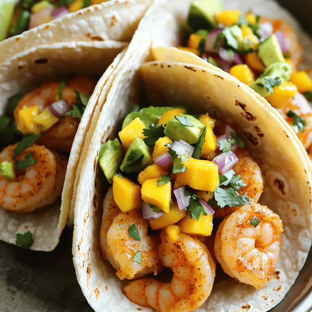 - 1 lb fresh shrimp, peeled and deveined - 2 teaspoons extra virgin olive oil - 8 small corn tortillas - 1 ripe mango, diced - 1 ripe avocado, diced - ½ medium red onion, finely chopped - 1 teaspoon smoked paprika - 1 teaspoon ground cumin - ½ teaspoon cayenne pepper For these spicy shrimp tacos, start with high-quality shrimp. Fresh shrimp makes all the difference. You want shrimp that is firm and smells like the sea. The olive oil adds a nice richness to the shrimp. It helps the spices stick and gives great flavor. Next, the corn tortillas are key. I prefer small corn tortillas because they hold the shrimp and toppings well. They also add a nice texture. The mango salsa brings a burst of sweetness. Ripe mango enhances the dish and balances the spice. The avocado adds creaminess, while the red onion gives a mild crunch. You can dice everything ahead of time for easy assembly. Spices are essential for flavor. Smoked paprika gives a warm, earthy taste. Cumin adds depth, while cayenne brings the heat. Adjust the cayenne to suit your taste. You can always add more if you love spice. For the full recipe, check out the complete instructions to make these tasty tacos. Enjoy! To start, gather your shrimp and a medium bowl. Combine the shrimp with 2 teaspoons of olive oil. Add 1 teaspoon of smoked paprika, 1 teaspoon of ground cumin, and ½ teaspoon of cayenne pepper. You can adjust the cayenne for more or less heat. Next, squeeze in 1 tablespoon of lime juice. Add sea salt and freshly cracked black pepper to taste. Gently toss the shrimp until they are fully coated in the spices. Let them marinate for 10 minutes to really soak in those flavors. While the shrimp marinates, we can make the mango salsa. In a separate bowl, mix 1 ripe diced mango, 1 diced avocado, and ½ medium finely chopped red onion. Add 1 minced jalapeño pepper, but remember to remove the seeds if you want a milder taste. Toss in 2 tablespoons of finely chopped cilantro as well. Finally, fold in 1 tablespoon of lime juice. This adds freshness to the salsa. Set it aside to let the flavors develop while you cook the shrimp. Now it’s time to cook the shrimp. Preheat a non-stick skillet over medium-high heat. Once hot, add the marinated shrimp in a single layer. Cook them for 2-3 minutes on each side. They should turn pink and opaque when done. Be careful not to overcrowd the pan, as this helps them sear properly. You want that nice, tasty crust! For the complete recipe, check out the Full Recipe. To make tasty shrimp, avoid overcrowding the pan. If you add too many shrimp, they will steam instead of sear. This makes them less flavorful. Cook in batches if needed. Adjust the cayenne pepper to fit your heat level. If you want a milder taco, use less cayenne. For more heat, add extra. Taste as you go to find your perfect balance. Warm your tortillas without making them crispy. You can use a dry skillet over low heat. Heat them for about 15-30 seconds on each side. This keeps them soft and pliable, perfect for filling. I recommend using fresh corn tortillas. They have a sweet flavor that pairs well with spicy shrimp. Store-bought options can work, but fresh ones add more taste. For an extra zing, add lime zest to your salsa. This gives it a bright flavor that really pops. You can use a microplane to zest the lime easily. Incorporate diced bell peppers for added crunch. They bring color and texture to the salsa. Choose red or yellow for sweetness, or green for a fresh taste. These tips will elevate your Spicy Shrimp Tacos with Mango Salsa and make your meal unforgettable. For the full recipe, check out the details above. {{image_4}} You can switch up the protein in your tacos. Try grilled chicken or fish instead of shrimp. Both options work well with the spices and salsa. If you want a vegetarian option, use chickpeas or grilled vegetables. These choices are hearty and full of flavor. Mango salsa is delicious, but you can mix it up. Substitute mango with pineapple for a tropical twist. The sweet and tart flavor of pineapple brightens the dish. You can also add black beans for extra protein and texture. They add a nice bite to the salsa and make it more filling. Not everyone likes it spicy. For a family-friendly version, use milder spices. You can skip the cayenne pepper or reduce the amount. If you want more heat, add sriracha or hot sauce. This gives your tacos a flavorful kick without overwhelming the taste. To keep leftover tacos fresh, store the filling and tortillas separately. This way, the tortillas won't get soggy. Place the shrimp and salsa in airtight containers. Store them in the fridge for up to 2 days. When ready to eat, warm the tortillas in a pan. Then, fill them with the shrimp and salsa. For mango salsa, use a glass container with a tight lid. This helps keep the salsa fresh. You can store it in the fridge for up to 3 days. The flavors will deepen over time. If you want the best taste, eat it within 24 hours. Yes, you can freeze cooked shrimp. To do this, let the shrimp cool. Then, place them in a freezer-safe bag. Remove as much air as you can. You can store them for up to 3 months. For tortillas, wrap them in foil or plastic wrap. Then, place them in a freezer bag. They can last for about 2 months in the freezer. When you're ready, thaw them overnight in the fridge before use. For the full recipe, check the details above. For shrimp tacos, I recommend using fresh, wild-caught shrimp. Look for shrimp that are pink and firm. Avoid shrimp that smells fishy. The size matters, too. Choose medium to large shrimp for a good bite. Generally, shrimp labeled as "U15" means there are under 15 shrimp per pound. This size is perfect for tacos. Yes, you can prepare the mango salsa ahead of time. Just mix all the salsa ingredients as mentioned in the recipe. Store it in an airtight container in the fridge. It stays fresh for about 2 to 3 days. The flavors will blend and taste even better after sitting for a bit. Just give it a stir before serving. Yes, this recipe is gluten-free if you use corn tortillas. Most corn tortillas do not contain gluten. Always check the label to be sure. If you are sensitive to gluten, stick with pure corn tortillas. They add a nice flavor and texture to the tacos. These spicy shrimp tacos are easy and fun to make. You start with fresh shrimp, marinate them, and cook them quickly. The mango salsa brings a tasty twist, adding flavor and color. You can even change the protein or spice levels to suit your taste. Store leftovers properly for later enjoyment. Try this recipe for a tasty meal. By mixing ingredients and spices, you get a dish full of flavor. Enjoy the process and share it with friends!