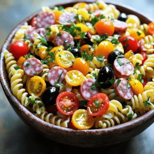 - 2 cups rotini pasta - 1/2 cup salami, diced - 1/2 cup provolone cheese, diced - 1/2 cup cherry tomatoes, halved - 1/2 cup black olives, sliced - 1/4 cup red onion, minced - 1/4 cup pepperoncini peppers, sliced - 2 tablespoons fresh parsley, chopped - 1/4 cup extra virgin olive oil - 2 tablespoons red wine vinegar - 1 teaspoon dried Italian herb blend - Salt and freshly ground black pepper to taste - Choosing high-quality pasta: Look for pasta made from durum wheat for the best texture. - Freshness of vegetables: Use bright, crisp vegetables for a vibrant salad. - Substituting ingredients based on dietary preferences: Feel free to swap salami for turkey or omit cheese for a vegan option. The right ingredients make all the difference in this recipe. Fresh flavors shine in every bite. For the complete recipe, check the section on step-by-step instructions. - Start by boiling water in a large pot. - Add a good amount of salt to the water. - Once boiling, add the rotini pasta. - Cook it according to the package instructions until it is al dente. - Drain the pasta in a colander. - Rinse it under cool water to stop the cooking. - Set the pasta aside to cool completely. - In a big mixing bowl, combine diced salami and provolone cheese. - Add halved cherry tomatoes and sliced black olives. - Mix in minced red onion and sliced pepperoncini peppers. - Don’t forget the finely chopped parsley! - Stir the mixture gently for an even distribution. - Take a small bowl and whisk together olive oil and vinegar. - Add dried Italian herbs, salt, and black pepper. - Mix until well combined for a balanced flavor. - Add the cooled pasta to the bowl with the salami and veggies. - Drizzle the dressing over the pasta salad. - Toss everything together to coat well. - Taste and adjust seasoning with salt, pepper, or vinegar. - Cover the bowl and refrigerate for at least 30 minutes. - This helps all the flavors blend nicely. Enjoy this vibrant and delicious Grinder Pasta Salad! For the complete recipe, check out the Full Recipe section. To make your grinder pasta salad stand out, think about how you serve it. Here are some fun ideas: - Use chilled bowls or a colorful platter for serving. - Add extra fresh parsley for a bright touch. - Place whole pepperoncini peppers on top for color. These small details will impress your guests and make the dish more appealing. Want to kick up the flavor? Here are some ideas: - Add diced bell peppers for crunch and color. - Toss in some fresh basil or oregano for extra aroma. - A sprinkle of red pepper flakes can add a nice kick. Play around with seasonings to find your favorite mix. Remember, the more you experiment, the more you learn what you love. Making pasta salad is easy, but there are a few things to watch for: - Overcooking the pasta: This can lead to mushy pasta. Cook until al dente for the best texture. - Under-mixing the ingredients: Make sure everything is well combined. This ensures each bite is full of flavor. Avoid these mistakes, and you'll create a tasty salad every time. For the full recipe, check out the detailed instructions above. {{image_4}} You can enjoy this salad without meat. Replace salami with diced tofu or chickpeas. For cheese, try using mozzarella or a vegan cheese option. Adding extra vegetables brightens the salad. Think bell peppers, cucumbers, or spinach. These add color and crunch, making the dish fun to eat. To make this salad gluten-free, swap rotini pasta for gluten-free pasta. Look for options made from rice or quinoa. You can still enjoy the dressing by using gluten-free vinegar. Make sure to check labels to avoid gluten. This way, everyone can savor the salad without worries. To add an Italian flair, mix in fresh basil or oregano. These herbs boost the flavor, making it more aromatic. For a Mediterranean twist, consider adding feta cheese or artichoke hearts. You can also drizzle some lemon juice for a zesty kick. These small changes can elevate your grinder pasta salad. To keep your grinder pasta salad fresh, store it in the fridge. Use an airtight container. This helps keep the flavors and textures intact. Your salad will stay fresh for about three days. After that, it may start to lose its crunch and flavor. Can you freeze grinder pasta salad? I recommend against freezing it. The pasta and vegetables can become mushy when thawed. If you must freeze it, place it in a freezer-safe container. Use it within a month for the best taste. To thaw, move it to the fridge overnight. You can serve grinder pasta salad chilled or reheated. Chilled is best for keeping the fresh flavors. If you want to reheat, do so gently in the microwave. Heat in short bursts to avoid overcooking. This way, you maintain the taste and texture. Enjoy this dish however you like! For the full recipe, check out the recipe section above. To keep your pasta salad fresh, dress it just before serving. If you prepare it ahead of time, store the dressing and salad separately. This keeps the pasta from soaking up too much liquid. Use a good quality olive oil and vinegar. An oil-based dressing works best. Yes, you can make grinder pasta salad a day ahead! Just follow these steps for best results. Prepare the salad but leave out the dressing. Store the salad in an airtight container in the fridge. Add the dressing right before serving. This way, the flavors stay bright and fresh. If you need a substitute for provolone cheese, try mozzarella or fontina. Both have a mild flavor and good melting qualities. You can also use a sharp cheddar for a bolder taste. Just be sure to cut it into small pieces for balance in the salad. For the full recipe, check out the detailed preparation steps! This grinder pasta salad combines pasta, meats, cheese, and veggies for a tasty dish. We covered each ingredient, from rotini to olives, and didn't forget the dressing. I shared tips for choosing fresh items and avoiding common mistakes. You can adapt this salad for different diets or flavors, too. In the end, this salad is easy to make and fun to enjoy. Whether for a potluck or a family meal, it will please everyone. Enjoy your creation!