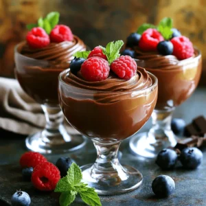 To make these easy chocolate mousse cups, gather these simple items: - 1 cup heavy whipping cream - 1/2 cup semi-sweet chocolate chips - 2 tablespoons powdered sugar - 1 teaspoon pure vanilla extract - Pinch of sea salt - Fresh berries (like raspberries or strawberries) for garnish (optional) - Fresh mint leaves for garnish (optional) Accurate measuring makes a big difference in baking. Use a liquid measuring cup for cream. Look for the meniscus, or curve, at the top of the liquid. For dry ingredients like sugar, use a dry measuring cup. Fill it and level it off with a straight edge. This keeps your amounts correct. You can swap some ingredients if you need. For a lighter version, use light whipping cream instead of heavy cream. If you want a different flavor, try dark chocolate instead of semi-sweet chocolate. For a vegan option, use coconut cream and dairy-free chocolate chips. This way, everyone can enjoy these mousse cups! To melt the chocolate, start with a microwave-safe bowl. Place 1/2 cup of semi-sweet chocolate chips in the bowl. Microwave it in 30-second bursts. Stir the chocolate well after each burst. This keeps it smooth and prevents burning. Once melted, let it cool a bit. You want it warm, not hot. Next, grab a large mixing bowl. Pour in 1 cup of heavy whipping cream. Use a hand mixer or a stand mixer with a whisk. Start whipping the cream on medium speed. Watch for soft peaks to form. This takes a few minutes. Slowly add 2 tablespoons of powdered sugar and 1 teaspoon of vanilla extract. Add a pinch of sea salt, too. Keep whipping until you see stiff peaks. This means the cream holds its shape well. Now it’s time to combine the melted chocolate and whipped cream. Take about one-third of the whipped cream. Gently fold it into the cooled chocolate with a spatula. This lightens the chocolate. Next, fold in the rest of the whipped cream in two parts. Be careful to keep the mix airy and fluffy. You want a smooth, light chocolate mousse. This mixture is the heart of your Easy Chocolate Mousse Cups. For the full recipe, refer to the previous section. To make sure your mousse is light and fluffy, focus on whipping the cream correctly. Start with cold heavy whipping cream. This helps create more air in the cream. As you whip, stop when soft peaks form. This means the cream holds its shape but is not too stiff. When you fold the whipped cream into the chocolate, do it gently. This keeps the air in the mixture and helps it stay fluffy. Chill time is key for the best mousse. After you mix the chocolate and cream, scoop it into cups. Cover them with plastic wrap and place them in the fridge. Let them chill for at least one hour. This helps the mousse set properly. If you can, chill them longer. The longer they sit, the better the flavors blend. For a beautiful touch, add garnishes to your mousse cups. Fresh berries like raspberries or strawberries add color and taste. A sprig of mint also looks nice and adds freshness. You can even drizzle some melted chocolate over the top for extra flair. Remember, the way you serve your mousse can make it even more special. For the full recipe, check out the Decadent Chocolate Mousse Cups! {{image_4}} You can make your chocolate mousse cups even better. Try adding flavors like coffee or mint. For coffee, mix in one tablespoon of instant coffee granules when melting the chocolate. This gives a nice depth. If you love mint, add a few drops of mint extract to the cream before whipping. This adds a fresh twist. Want a dairy-free treat? You can replace heavy cream with coconut cream. Chill a can of coconut milk overnight. Scoop out the thick cream and whip it just like you would with regular cream. Use dairy-free chocolate chips for a creamy texture. This option keeps it rich and tasty without dairy. Garnishing makes your mousse cups stand out. Use chopped nuts like almonds or hazelnuts for a crunchy bite. Sprinkle chocolate shavings on top for a classy look. Fresh berries, like raspberries or strawberries, add color and flavor. You can also add a mint leaf for a fresh touch. Get creative with your garnishes to enhance both the taste and look of your dessert. To keep your chocolate mousse cups fresh, you need to store them right. First, cover each cup with plastic wrap. This will help keep air out and prevent drying. You can also use a tight lid if you have containers. Make sure the mousse stays cold in the fridge. Chocolate mousse cups last about 3 days in the fridge. After that, the texture may change. If you want to keep them longer, you can freeze the mousse. Just scoop it into freezer-safe containers. It can last up to 1 month in the freezer. When you are ready to eat them, thaw them in the fridge overnight. Use small glass jars or plastic cups to store your mousse. They should have lids to seal in freshness. Clear containers let you see the layers, making them look nice. If you don’t have small jars, regular bowls work too. Just remember to cover them well. The right container keeps your treats tasty and beautiful. Yes, you can make chocolate mousse ahead of time. This treat stays fresh in the fridge for up to three days. Just prepare it, chill it, and store it in airtight containers. This allows the flavors to deepen and the texture to set nicely. You can impress your guests by making it the day before your event. Just remember to add fresh toppings just before serving for the best look. If your mousse is too runny, don't worry! You can fix it with a few simple steps. First, check if you whipped the cream enough. It should form stiff peaks. If it’s still runny, you can try to fold in more whipped cream. Make sure to fold gently to keep the air in. If it still doesn’t set, you can chill it longer. The cold helps thicken it up nicely. To achieve the best chocolate flavor, use high-quality chocolate. I recommend semi-sweet chocolate chips for a rich taste. Melt them gently to keep their flavor intact. Also, adding a pinch of sea salt enhances the chocolate’s taste. Don't skip the vanilla extract; it adds depth to the flavor. You can also consider adding a dash of coffee for a delicious twist. For the full recipe, check the section above. This post covered how to make delicious chocolate mousse. We explored key ingredients and tips for perfect measurements. I shared step-by-step instructions to melt chocolate and whip cream. We also discussed ensuring a light texture and the best chill time. You can even add flavors and find great storage tips. Remember, practice makes perfect. Enjoy making mousse your way!