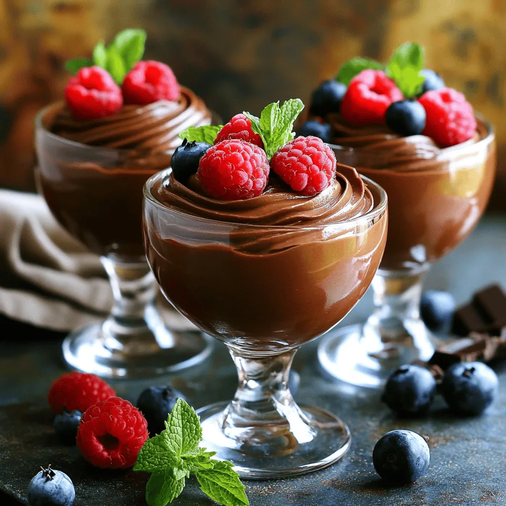 To make these easy chocolate mousse cups, gather these simple items: - 1 cup heavy whipping cream - 1/2 cup semi-sweet chocolate chips - 2 tablespoons powdered sugar - 1 teaspoon pure vanilla extract - Pinch of sea salt - Fresh berries (like raspberries or strawberries) for garnish (optional) - Fresh mint leaves for garnish (optional) Accurate measuring makes a big difference in baking. Use a liquid measuring cup for cream. Look for the meniscus, or curve, at the top of the liquid. For dry ingredients like sugar, use a dry measuring cup. Fill it and level it off with a straight edge. This keeps your amounts correct. You can swap some ingredients if you need. For a lighter version, use light whipping cream instead of heavy cream. If you want a different flavor, try dark chocolate instead of semi-sweet chocolate. For a vegan option, use coconut cream and dairy-free chocolate chips. This way, everyone can enjoy these mousse cups! To melt the chocolate, start with a microwave-safe bowl. Place 1/2 cup of semi-sweet chocolate chips in the bowl. Microwave it in 30-second bursts. Stir the chocolate well after each burst. This keeps it smooth and prevents burning. Once melted, let it cool a bit. You want it warm, not hot. Next, grab a large mixing bowl. Pour in 1 cup of heavy whipping cream. Use a hand mixer or a stand mixer with a whisk. Start whipping the cream on medium speed. Watch for soft peaks to form. This takes a few minutes. Slowly add 2 tablespoons of powdered sugar and 1 teaspoon of vanilla extract. Add a pinch of sea salt, too. Keep whipping until you see stiff peaks. This means the cream holds its shape well. Now it’s time to combine the melted chocolate and whipped cream. Take about one-third of the whipped cream. Gently fold it into the cooled chocolate with a spatula. This lightens the chocolate. Next, fold in the rest of the whipped cream in two parts. Be careful to keep the mix airy and fluffy. You want a smooth, light chocolate mousse. This mixture is the heart of your Easy Chocolate Mousse Cups. For the full recipe, refer to the previous section. To make sure your mousse is light and fluffy, focus on whipping the cream correctly. Start with cold heavy whipping cream. This helps create more air in the cream. As you whip, stop when soft peaks form. This means the cream holds its shape but is not too stiff. When you fold the whipped cream into the chocolate, do it gently. This keeps the air in the mixture and helps it stay fluffy. Chill time is key for the best mousse. After you mix the chocolate and cream, scoop it into cups. Cover them with plastic wrap and place them in the fridge. Let them chill for at least one hour. This helps the mousse set properly. If you can, chill them longer. The longer they sit, the better the flavors blend. For a beautiful touch, add garnishes to your mousse cups. Fresh berries like raspberries or strawberries add color and taste. A sprig of mint also looks nice and adds freshness. You can even drizzle some melted chocolate over the top for extra flair. Remember, the way you serve your mousse can make it even more special. For the full recipe, check out the Decadent Chocolate Mousse Cups! {{image_4}} You can make your chocolate mousse cups even better. Try adding flavors like coffee or mint. For coffee, mix in one tablespoon of instant coffee granules when melting the chocolate. This gives a nice depth. If you love mint, add a few drops of mint extract to the cream before whipping. This adds a fresh twist. Want a dairy-free treat? You can replace heavy cream with coconut cream. Chill a can of coconut milk overnight. Scoop out the thick cream and whip it just like you would with regular cream. Use dairy-free chocolate chips for a creamy texture. This option keeps it rich and tasty without dairy. Garnishing makes your mousse cups stand out. Use chopped nuts like almonds or hazelnuts for a crunchy bite. Sprinkle chocolate shavings on top for a classy look. Fresh berries, like raspberries or strawberries, add color and flavor. You can also add a mint leaf for a fresh touch. Get creative with your garnishes to enhance both the taste and look of your dessert. To keep your chocolate mousse cups fresh, you need to store them right. First, cover each cup with plastic wrap. This will help keep air out and prevent drying. You can also use a tight lid if you have containers. Make sure the mousse stays cold in the fridge. Chocolate mousse cups last about 3 days in the fridge. After that, the texture may change. If you want to keep them longer, you can freeze the mousse. Just scoop it into freezer-safe containers. It can last up to 1 month in the freezer. When you are ready to eat them, thaw them in the fridge overnight. Use small glass jars or plastic cups to store your mousse. They should have lids to seal in freshness. Clear containers let you see the layers, making them look nice. If you don’t have small jars, regular bowls work too. Just remember to cover them well. The right container keeps your treats tasty and beautiful. Yes, you can make chocolate mousse ahead of time. This treat stays fresh in the fridge for up to three days. Just prepare it, chill it, and store it in airtight containers. This allows the flavors to deepen and the texture to set nicely. You can impress your guests by making it the day before your event. Just remember to add fresh toppings just before serving for the best look. If your mousse is too runny, don't worry! You can fix it with a few simple steps. First, check if you whipped the cream enough. It should form stiff peaks. If it’s still runny, you can try to fold in more whipped cream. Make sure to fold gently to keep the air in. If it still doesn’t set, you can chill it longer. The cold helps thicken it up nicely. To achieve the best chocolate flavor, use high-quality chocolate. I recommend semi-sweet chocolate chips for a rich taste. Melt them gently to keep their flavor intact. Also, adding a pinch of sea salt enhances the chocolate’s taste. Don't skip the vanilla extract; it adds depth to the flavor. You can also consider adding a dash of coffee for a delicious twist. For the full recipe, check the section above. This post covered how to make delicious chocolate mousse. We explored key ingredients and tips for perfect measurements. I shared step-by-step instructions to melt chocolate and whip cream. We also discussed ensuring a light texture and the best chill time. You can even add flavors and find great storage tips. Remember, practice makes perfect. Enjoy making mousse your way!