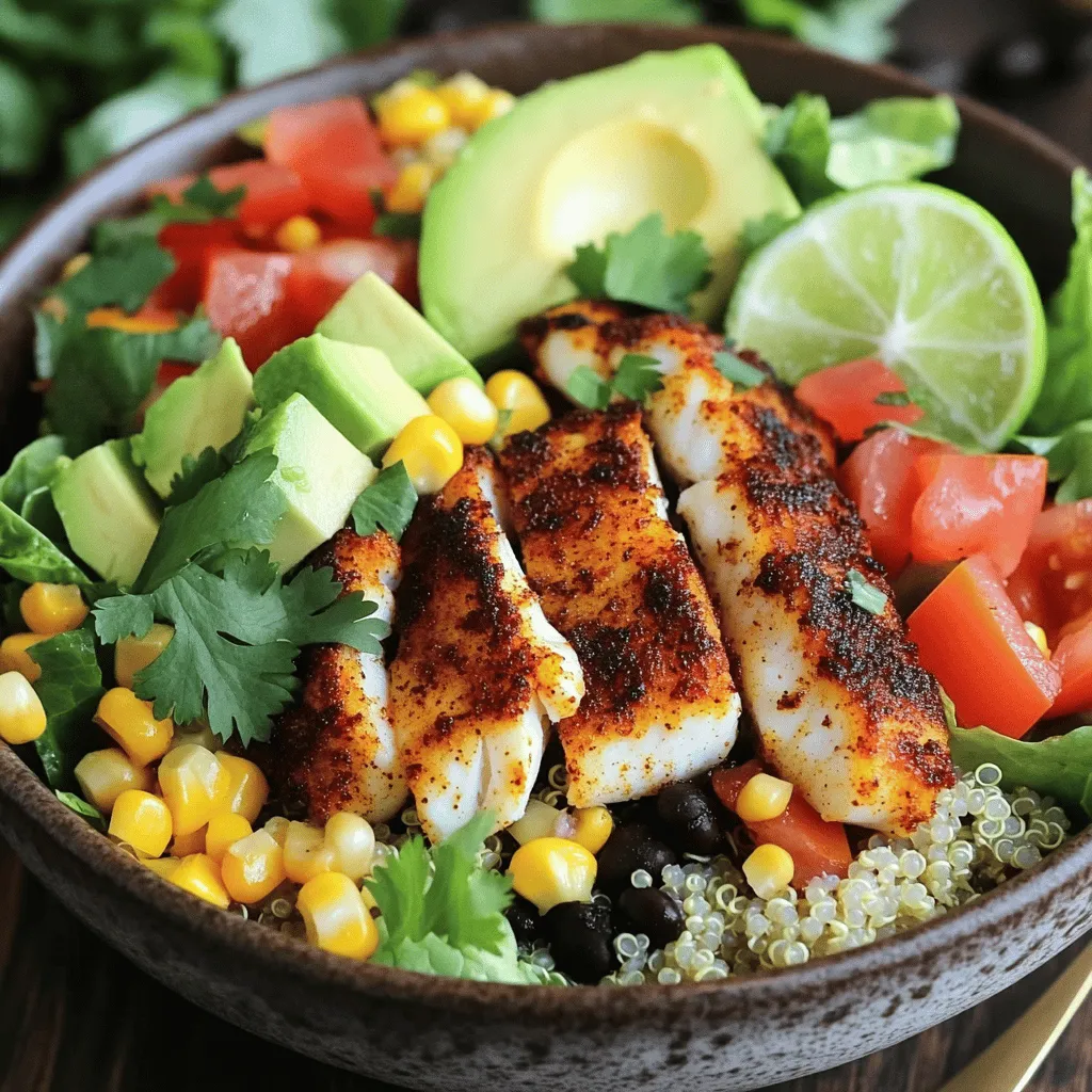 - 1 lb white fish (tilapia or cod) - 2 cups cooked quinoa or rice - 1 ripe avocado, sliced These main ingredients form the heart of the blackened fish taco bowls. The white fish provides a mild flavor and a great texture. You can use either tilapia or cod based on your preference. Quinoa or rice serves as a hearty base that fills you up. The ripe avocado adds a creamy touch and enhances the dish’s richness. - 2 tablespoons smoked paprika - 1 teaspoon cayenne pepper - Salt and pepper to taste Spices make this dish pop! Smoked paprika gives a rich, smoky flavor. Cayenne pepper adds a nice kick. Salt and pepper help balance the flavors. These spices create a bold crust on the fish when cooked, making each bite exciting. - 1 cup shredded lettuce - Lime wedges for serving Toppings bring freshness and crunch. Shredded lettuce adds a nice texture and color. Lime wedges are perfect for squeezing over the bowl. They brighten the flavors and make the dish even more refreshing. For the full recipe, you can check the complete instructions and tips to create these tasty bowls. Marinating the spices mixture Start by mixing spices in a bowl. Combine smoked paprika, cayenne pepper, garlic powder, onion powder, oregano, and salt and pepper. This mix gives the fish a bold flavor. Coating the fish strips Take your fish strips and rub the spice mix all over them. Make sure to coat both sides well. Let the fish sit while you heat your skillet. This helps the fish soak in the flavors. Heating the skillet Heat a large skillet over medium-high heat. Add olive oil and let it shimmer. This shows the pan is hot enough for cooking. Searing the fish Carefully place the fish strips in the hot skillet. Cook them for about 3 to 4 minutes on each side. Look for a dark crust to form. When done, the fish should be fully cooked and flavorful. Layering the base ingredients Grab four bowls and add a scoop of cooked quinoa or rice. This will be the base of your bowls. Adding the toppings On top of the base, layer shredded lettuce, diced tomatoes, sliced avocado, corn, and black beans. Make each bowl colorful and fresh. Top with Fish Place the blackened fish strips on top of the veggies. This makes the dish look great and keeps the fish warm. Garnish and Serve Sprinkle fresh cilantro on each bowl for a pop of flavor. Serve with lime wedges for squeezing over the top. You can also add salsa or hot sauce for extra heat if you like. Enjoy your delicious Blackened Fish Taco Bowls! For the full recipe, check out the complete guide. To ensure the fish is evenly coated, use your hands. Rub the spice mix on every strip. This will help the fish soak up all the flavors. Let it sit for a few minutes to absorb the spices. The perfect cooking time for blackened fish is key. Each side needs about 3-4 minutes in the hot skillet. You want a dark crust but not burnt fish. Check for a firm texture to know it’s done. Presenting the bowls can be a fun part. Start with a colorful plate. Make sure to layer the ingredients high. The mix of colors will draw everyone in. Add a slice of lime or sprinkle cilantro on the edge for flair. For beverage pairings, think light and refreshing. A cold lager or a citrusy soda works well. You could also serve with a simple iced tea. Both balance the spices nicely. For blackening, a heavy cast-iron skillet is your best friend. It holds heat well and creates that perfect crust. Make sure it's preheated before adding the fish. You’ll need a few essential utensils for assembly. A large spoon helps to layer the bowls. A sharp knife is great for slicing veggies. Keep a cutting board handy for easy prep. {{image_4}} I love to mix things up in my blackened fish taco bowls. You can swap fish for shrimp or chicken. Shrimp cooks quickly and adds a nice touch. Chicken provides a heartier feel. Just season and cook them the same way. For a vegan option, try grilled vegetables. Zucchini, bell peppers, and corn work well. Grilling gives them a smoky flavor that pairs perfectly with the spices. You can change the base of your bowl too. Instead of using quinoa, try couscous or rice. Both are light and tasty choices. If you want something low-carb, use lettuce wraps. They make a fresh and crunchy base. Just fill them with your toppings and fish. To add more flavor, think about new spices or sauces. Try some chili powder or cumin for an extra kick. You could also drizzle on a spicy sauce for more heat. Adding grilled pineapple or mango salsa is a fun twist. The sweetness balances the spices well. It creates a burst of flavor in every bite. For more details, check the Full Recipe for all the options. To keep your Blackened Fish Taco Bowls fresh, store them in an airtight container. This helps keep out air and moisture. Place the fish, veggies, and grains in separate containers if possible. This keeps everything crisp and flavorful. You can store leftovers in the fridge for up to three days. Keep an eye on the fish; it will not last as long as the other ingredients. When it's time to heat up your leftovers, I recommend using a skillet. Heat the fish on medium for about two to three minutes. This method keeps the fish from getting rubbery. Stir the veggies gently to warm them without losing crunch. If you have rice or quinoa, heat them in the microwave for about one minute. You can add a splash of water to keep them moist. To keep all ingredients fresh, avoid reheating more than once. Enjoy your meal just like you made it fresh! For blackened fish taco bowls, I recommend using white fish like tilapia or cod. These fish have a mild flavor and flaky texture. They soak up the spices well and cook quickly. You can also try snapper or mahi-mahi for a richer taste. Yes, this recipe can be gluten-free! Just make sure to use gluten-free grains, like quinoa or rice. You also want to check that your spices do not contain gluten. Most spices are safe, but it’s good to read labels. To add heat, increase the cayenne pepper in the spice mix. You can also drizzle in your favorite hot sauce over the finished bowls. Adding chopped jalapeños or a spicy salsa can kick it up a notch, too. You can serve these bowls with a side of black beans or a fresh corn salad. A simple avocado salad pairs well too. For crunch, add tortilla chips or serve with lime wedges for extra zest. You can also offer a refreshing drink, like a mango lemonade, to balance the spices. This blog post covered a tasty blackened fish taco bowl recipe. We began with main ingredients, like white fish and quinoa. Next, we went through the cooking steps for perfect fish. You learned great tips, like the right equipment and serving ideas. We also explored tasty variations, such as using shrimp or grilled veggies. In summary, this recipe is flexible and easy. You can enjoy it in many ways. Now, it's time for you to try making it and share your delicious results!