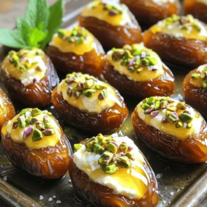 - 12 Medjool dates, pitted - 1 cup mascarpone cheese - 2 tablespoons honey - 1 teaspoon pure vanilla extract - 1/4 teaspoon ground cinnamon - 1/4 cup crushed pistachios (for topping) - Flaky sea salt (for garnish) - Fresh mint leaves (for garnish) You can swap mascarpone cheese with cream cheese or ricotta for a different taste. Honey is great, but agave syrup works too if you prefer a vegan option. For nuts, try almonds or walnuts instead of pistachios. They add nice crunch. The best mascarpone stuffed dates have a lovely mix of sweet and creamy. The mascarpone gives a rich taste, while the honey adds sweetness. Crushed pistachios provide a satisfying crunch, making each bite fun. Fresh mint leaves not only look good but also add a bright, fresh aroma. Together, these flavors create a delightful treat you’ll love. 1. Preheating the oven: Start by preheating your oven to 350°F (175°C). This step warms the dates and boosts their natural sweetness. 2. Preparing the filling: In a mixing bowl, blend the mascarpone cheese, honey, vanilla extract, and ground cinnamon. Use a spatula to mix until smooth and creamy. 1. Stuffing the dates: Take each Medjool date and gently open it. Be careful not to tear the flesh. This creates a pocket for the filling. Using a small spoon or pastry bag, fill each date with the mascarpone mixture. Make sure the filling fills the pocket well. 2. Arranging and baking: Place the stuffed dates on a baking sheet lined with parchment paper. This helps prevent sticking. Slide the baking sheet into the oven and bake for 5-7 minutes. The dates should warm up, becoming soft and sweet. 1. Cooling and topping the dates: Once baked, take the dates out of the oven. Let them cool for a couple of minutes. This cooling step ensures they are safe to eat. 2. Presentation tips for serving: Sprinkle crushed pistachios on top for crunch. Add a tiny pinch of flaky sea salt to enhance the sweetness. Finish with a fresh mint leaf on each date for a pop of color. For an elegant display, arrange the dates on a serving platter in a circle. Drizzle a bit of honey over the top for extra sweetness. Follow these steps to create delightful mascarpone stuffed dates that will impress everyone! For the complete recipe, check the Full Recipe section. To make the best mascarpone stuffed dates, start by carefully opening the dates. Use a small knife to slice them lengthwise. Be gentle to avoid tearing the flesh. This pocket is where you'll add the sweet filling. Next, aim for a smooth filling consistency. Mix the mascarpone cheese, honey, vanilla extract, and cinnamon well until creamy. A whisk works great for this. You want it to be thick enough to hold its shape when stuffed. One big mistake is overstuffing the dates. While it might seem tempting to load them up, too much filling can make them messy. Aim for a generous but controlled amount. Another common error is not preheating the oven. Preheating is key to warming the dates. This brings out their natural sweetness and ensures they soften just right. To take your dates to the next level, try adding spices like nutmeg or cardamom. A pinch can add warmth and depth to the flavor. Also, consider experimenting with different nuts. Crushed almonds or walnuts can add a crunchy texture. This contrast makes each bite exciting. {{image_4}} You can change the flavor of your mascarpone stuffed dates by trying different cheeses. For instance, using a herbed cheese adds a savory touch. You can also mix in citrus zest, like orange or lemon. This adds brightness and freshness. A hint of zest can lift the dish to new heights. If you need a vegan option, look for plant-based mascarpone. Many brands offer dairy-free alternatives that taste great. You can also use maple syrup instead of honey for sweetness. For those watching carbs, consider using monk fruit sweetener. It gives a sweet taste without the carbs. These stuffed dates pair well with various snacks. Try serving them with cheese or crackers for a fun appetizer. You can also create a dessert platter. Include fresh fruits and chocolate for a delightful spread. The combination of flavors will wow your guests. For the full recipe, check out the Decadent Mascarpone Stuffed Dates section! To keep your mascarpone stuffed dates fresh, store them in the fridge. Place them in an airtight container. This will help keep them soft and tasty. If you want to store them longer, freezing is a great option. Wrap each date in plastic wrap, then place them in a freezer bag. This keeps them safe from freezer burn. Stored in the fridge, stuffed dates last about 5 days. If you freeze them, they can last up to 3 months. Always check for signs of spoilage. If the dates look dry or have an off smell, it’s best to throw them away. Freshness matters for great taste. If you want to warm up your stuffed dates, do it gently. The best way is to place them in a preheated oven at 300°F (150°C) for about 5 minutes. This warms them without drying them out. You can also use a microwave, but heat them in short bursts of 10 seconds. Check often to avoid making them tough. Enjoy your delightful treat! For the full recipe, check the earlier section. How do you make mascarpone stuffed dates? To make mascarpone stuffed dates, you first mix mascarpone cheese with honey, vanilla, and cinnamon. Then, take pitted Medjool dates and open them slightly. Fill each date with the creamy mixture. Finally, bake them for 5 to 7 minutes at 350°F. This brings out their natural sweetness and softens them. Can you prepare them in advance? Yes, you can prepare mascarpone stuffed dates in advance. You can stuff the dates and store them in the fridge for up to a day before baking. When you’re ready, just pop them in the oven for a quick warm-up. What variations can be made to this recipe? You can switch up the filling by using flavored mascarpone or adding citrus zest. For a fun twist, try adding a splash of espresso or even some chopped chocolate. You can also use different nuts, like almonds or walnuts, instead of pistachios. Caloric content of mascarpone stuffed dates Each mascarpone stuffed date has about 80 calories. This may vary based on the size of the date and the amount of filling used. They make a rich, satisfying treat. Breakdown of macronutrients - Carbohydrates: 15 grams - Protein: 1 gram - Fat: 4 grams These numbers can change with different toppings or fillings. Recommended serving sizes I suggest serving 2 to 3 stuffed dates per person as a snack or dessert. They are rich, so a little goes a long way. Adjustments for larger gatherings For larger gatherings, you can easily scale up the recipe. Just multiply the ingredients by the number of guests. This way, everyone can enjoy these delightful treats! For the full recipe, refer to the earlier sections. This blog explores making delicious mascarpone stuffed dates. We covered the key ingredients like Medjool dates, mascarpone cheese, and crushed pistachios. You learned the best ways to prepare and stuff the dates while avoiding common mistakes. I also shared tips for flavor variations and serving suggestions. These dates are not just tasty; they are fun to make and share. With simple swaps, anyone can enjoy them, no matter their diet. Enjoy creating your own version!