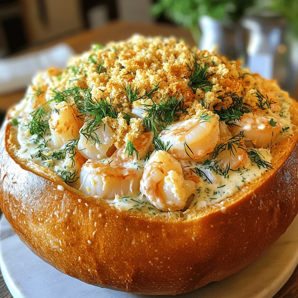 To create a stuffed seafood bread bowl, you need the following main ingredients: - 1 large round sourdough bread loaf - 1 cup shrimp, peeled and diced - 1 cup scallops, diced - 1 cup cooked crab meat - 1/2 cup cream cheese, softened to room temperature - 1/4 cup sour cream - 1/4 cup grated Parmesan cheese The sourdough loaf forms the perfect bowl for the seafood mix. Shrimp, scallops, and crab meat bring a nice variety of flavors. The cream cheese and sour cream make the filling creamy and rich. Parmesan cheese adds a salty, nutty taste that enhances the overall dish. For seasoning and garnish, gather these ingredients: - 2 tablespoons fresh dill, finely chopped - 1 tablespoon fresh lemon juice - 2 cloves garlic, minced - Salt and pepper to taste - 1/2 cup breadcrumbs (for topping) - Fresh parsley, chopped for garnish Fresh dill and lemon juice brighten the seafood filling. Minced garlic gives it a wonderful aroma. Salt and pepper balance the flavors. Breadcrumbs create a crunchy topping when baked, while parsley adds a pop of color. For the full recipe, check out the detailed instructions to make this delightful dish. To start, preheat your oven to 375°F (190°C). Next, take your large round sourdough loaf. Carefully cut off the top to create a lid. Set that lid aside. Use a sharp knife to scoop out the insides gently. Make sure to leave enough bread at the bottom and sides. This helps form a sturdy bowl. Place the scooped-out bread in a bowl. You can toast these pieces later for dipping. In a large mixing bowl, combine the seafood. Add 1 cup of diced shrimp, 1 cup of diced scallops, and 1 cup of cooked crab meat. Mix these with 1/2 cup of softened cream cheese and 1/4 cup of sour cream. Stir until creamy and well blended. To add flavor, add 2 tablespoons of finely chopped dill and 1 tablespoon of fresh lemon juice. Don’t forget to add minced garlic and season with salt and pepper to taste. Mix everything well to ensure even distribution. Now, it's time to fill the bread bowl. Carefully spoon the seafood mixture into the hollowed-out bread. Mound it generously to fill the cavity. Evenly sprinkle 1/2 cup of breadcrumbs over the top of the stuffed mixture. This adds a delightful crunch when baked. Place the stuffed bread bowl on a baking sheet. Bake for 25-30 minutes. Look for a golden brown topping and bubbling filling. Once done, remove it from the oven. Let it cool for a few minutes. Garnish with chopped parsley before serving. Enjoy your stuffed seafood bread bowl! For the complete process, refer to the Full Recipe. To make your seafood mixture shine, focus on balanced flavors. Start with fresh seafood. The mix of shrimp, scallops, and crab meat should sing together. Use cream cheese and sour cream for a smooth texture. Add a touch of lemon juice for brightness. This helps cut through the richness. When seasoning, taste as you go. Salt and pepper should enhance, not overpower. Fresh dill adds a nice herbal touch. If you want a little heat, consider a dash of cayenne pepper. Adjust these to fit your taste. Always remember, balance is key to a flavorful dish. For the bread bowl, sourdough is best. Its crust holds up well and adds a nice flavor. Look for a large round loaf. If you cannot find sourdough, other options exist. A round ciabatta or Italian bread can work well too. These breads offer a sturdy base for your seafood filling. If you want a twist, try using a soft baguette. Just ensure it can hold the filling. Whatever you choose, make sure the bread is fresh for the best taste. To enhance your seafood bread bowl, think about sides. A fresh salad pairs well, adding crunch and freshness. You might also serve a zesty dipping sauce on the side. A simple mix of lemon and olive oil can do wonders. For gatherings, consider a seafood bread bowl bar. Set out various toppings like extra dill or hot sauce. This lets guests customize their bowls. You can also serve the stuffed bread bowl on a large platter, garnished with parsley for a pretty touch. {{image_4}} You can mix up the seafood in your stuffed bread bowl. Using lobster adds a rich taste. Other shellfish like clams or mussels can also work well. These options give your dish a fun twist. If you want a lighter version, try using fish like cod or salmon. For those who prefer non-seafood options, think of using chicken or turkey. You can also explore plant-based proteins like chickpeas or lentils. They add great texture and flavor. These alternatives still create a satisfying filling. Creating a vegetarian stuffed bread bowl is easy and fun. Start with the same large sourdough bread loaf. For the filling, use ingredients like: - 1 cup diced bell peppers - 1 cup mushrooms, diced - 1 cup spinach, chopped - 1/2 cup cream cheese or a dairy-free alternative - 1/4 cup sour cream or a plant-based version - 1/4 cup grated vegan cheese This combo gives you a creamy and hearty filling. For non-dairy diets, swap cream cheese for cashew cream or a tofu blend. These options keep the dish rich in flavor and creamy. To kick up the flavor in your stuffed bread bowl, add spices like cayenne or paprika. These spices add warmth and a little heat. Fresh herbs like basil or cilantro can also brighten the dish. You can swap traditional ingredients too. Instead of sour cream, try yogurt or a dairy-free yogurt. Experimenting with different cheeses can also create unique flavors. Try feta or even blue cheese for an extra punch. These creative swaps can take your dish to a whole new level. For the full recipe, be sure to check out the instructions provided earlier. To store your stuffed seafood bread bowl, wrap it tightly in plastic wrap. This keeps it fresh in the fridge for up to three days. If you want to save it longer, freeze it in an airtight container. It can last up to two months in the freezer. When reheating, use the oven for the best texture. Preheat the oven to 350°F (175°C). Place the bread bowl on a baking sheet and cover it with foil. Heat for about 15-20 minutes, or until warm. This method helps keep the bread crisp while warming the seafood. You can expect your stuffed seafood bread bowl to taste great for three days in the fridge. After that, the quality may start to fade. If you freeze it, it should still be good for two months. Look for signs of spoilage before eating. If you see mold on the bread or if the seafood has an off smell, it’s best to throw it away. Always trust your senses; if it doesn’t smell or look right, don’t eat it. To spice up your seafood filling, try adding red pepper flakes or cayenne pepper. These will give your dish a nice kick. You can also mix in some chopped jalapeños for a fresh heat. Fresh herbs like cilantro or basil can add a unique flavor. Spice blends like Old Bay or Cajun seasoning work well too. Just remember to start small and taste as you go. You can always add more spice, but it’s hard to take it out once it’s in. Yes, you can prepare the stuffed seafood bread bowl ahead of time! Start by making the seafood filling and storing it in the fridge for up to a day. You can hollow out the bread a few hours before baking. Just keep the bread covered so it doesn’t dry out. When you’re ready to eat, fill the bread bowl and bake it. This keeps it fresh and lets you enjoy the dish with less fuss. You might find stuffed seafood bread bowls at seafood or American restaurants. Many coastal towns have local spots that serve this dish. Try searching for seafood bistros or casual dining places that offer seafood specials. You can also check menus of popular chains that focus on seafood. If you want to make sure, call ahead and ask if they have it. Enjoying this dish at a restaurant can inspire your own kitchen creations! You now have a complete guide to making a stuffed seafood bread bowl. We covered the main ingredients, step-by-step instructions, and tips for perfecting the dish. Remember to adjust flavors to fit your taste. Explore variations to keep it fresh. Store leftovers properly to enjoy later. With this knowledge, you can impress your family and friends. Enjoy your cooking journey and share these tasty bites with others. Happy baking!