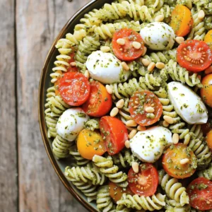 - 8 oz fusilli or rotini pasta - 1 cup cherry tomatoes, halved - 1 cup fresh mozzarella balls (bocconcini), halved - 1 cup fresh basil leaves, roughly chopped - 1/2 cup homemade or store-bought basil pesto - 1/2 cup Greek yogurt - 1 tablespoon fresh lemon juice - Salt and freshly cracked black pepper, to taste - Optional: Toasted pine nuts for garnish The main ingredients form the heart of this pasta salad. Fusilli or rotini pasta adds a fun twist to every bite. Cherry tomatoes bring sweetness and color, while fresh mozzarella adds a creamy texture. Then, we fold in fresh basil for that classic pesto flavor. The additional ingredients elevate your salad. Basil pesto gives depth and richness, while Greek yogurt makes it creamy. A splash of lemon juice brightens everything up and balances flavors. Don't forget the seasoning! A little salt and pepper brings all the components together. If you want, you can add toasted pine nuts for extra crunch. With these ingredients, your Light and Creamy Pesto Caprese Pasta Salad will be fresh, tasty, and delightful. For the full recipe, check out the Light and Creamy Pesto Caprese Pasta Salad! To start, grab a large pot. Fill it with water and add salt. Bring the salted water to a rolling boil. This step is key for flavor. Once boiling, add 8 oz of fusilli or rotini pasta. Cook it for about 8-10 minutes until it’s al dente. You want it firm but not hard. After cooking, drain the pasta. Rinse it under cold water. This stops the cooking and cools it down. Now, set the pasta aside in a big mixing bowl. Next, we make the creamy dressing. In a separate bowl, combine 1/2 cup of basil pesto with 1/2 cup of Greek yogurt. This mix gives a rich texture. Add in 1 tablespoon of fresh lemon juice, salt, and freshly cracked black pepper. Use a whisk or spoon to mix everything. Keep mixing until it’s smooth and creamy. Now it's time to bring it all together. Add the cooled pasta into the bowl with the dressing. Toss the pasta gently. You want to coat every piece with the dressing. The flavors will blend nicely this way. Next, fold in 1 cup of halved cherry tomatoes, 1 cup of halved mozzarella balls, and 1 cup of roughly chopped fresh basil. Be careful not to mash the mozzarella. You want to keep its nice shape. This blend makes the salad colorful and tasty. To make your pasta salad creamier, adjust the Greek yogurt amount. If you love a rich taste, add more yogurt. For a lighter version, use less. This small change can create the perfect texture for your salad. Want to boost the flavor? Consider adding more lemon juice or seasoning. A splash of lemon gives a bright taste. You can also sprinkle in salt and freshly cracked black pepper. This can help balance the dish and make it pop. When serving, think about garnishing options. Toasted pine nuts add a nice crunch. You can also use extra basil leaves for a fresh look. Serve the salad in large bowls or on a pretty platter. This makes for an inviting dish that everyone will enjoy. For the complete recipe, check out the Full Recipe section. {{image_4}} You can boost this dish with protein. Grilled chicken adds a savory touch. Just slice it and toss it in. Shrimp also works well. Cook them until pink, then mix them in for a seafood twist. For a vegan version, swap the Greek yogurt for a plant-based yogurt. Use a nut-based or pea protein pesto. These choices keep the flavors bright. You can enjoy a creamy texture without dairy. I love changing ingredients with the seasons. In summer, try adding diced cucumbers or bell peppers. In fall, roasted butternut squash adds sweetness. Seasonal fruits like peaches or berries can also bring a fresh taste. These swaps keep the dish exciting and flavorful. Don’t forget to check the Full Recipe for more details! To keep your Light and Creamy Pesto Caprese Pasta Salad fresh, store it in an airtight container. This helps lock in flavors and moisture. Always chill the salad within two hours after serving. If you have leftovers, place them in the fridge right away. The salad will stay fresh for up to three days. Before eating, give it a gentle stir. You may need to add a touch of oil or lemon juice to refresh it. Freezing this pasta salad is not ideal. The texture of the fresh mozzarella and tomatoes may change when thawed. However, if you want to freeze it, I suggest leaving out the tomatoes and mozzarella. Store the pasta and pesto mix in a freezer-safe bag. It can last up to two months in the freezer. When ready to eat, thaw it overnight in the fridge. Add fresh ingredients just before serving. The salad lasts about three days in the fridge. If you see any signs of spoilage, like a sour smell or slimy texture, it’s best to toss it out. Always trust your senses. If the salad looks or smells off, don’t risk it. Enjoy the freshness while it lasts! For more tips and details, check the Full Recipe. To make homemade pesto, you need fresh basil, garlic, pine nuts, Parmesan cheese, olive oil, and salt. 1. Start by placing two cups of fresh basil leaves in a food processor. 2. Add two cloves of garlic and a quarter cup of pine nuts. 3. Blend these ingredients until finely chopped. 4. While blending, slowly pour in half a cup of olive oil. 5. Finally, add half a cup of grated Parmesan cheese and salt to taste. Blend until smooth. Homemade pesto is bright and fresh. It can take your Light and Creamy Pesto Caprese Pasta Salad to new heights. Yes! You can use any pasta you like. Fusilli and rotini are great choices, but here are some alternatives: - Penne: This pasta holds dressing well. - Farfalle: The butterfly shape adds fun. - Gluten-free pasta: If you need a gluten-free option, try chickpea or brown rice pasta. Feel free to experiment and find your favorite! Yes, you can make this recipe gluten-free. Look for gluten-free pasta made from rice, quinoa, or chickpeas. Adjust cooking times according to package instructions. The rest of the ingredients are naturally gluten-free, so it’s easy to modify. You can store this pasta salad in the fridge for about three days. To keep it fresh, place it in an airtight container. If you notice the ingredients start to separate, give it a gentle stir before serving. Enjoy this dish chilled for a delightful taste! This blog post covered how to make a light and creamy pesto Caprese pasta salad. We discussed the ingredients, step-by-step cooking instructions, and helpful tips. You can customize this dish with proteins or seasonal veggies. Remember to store leftovers properly, and feel free to try homemade pesto for more flavor. This salad is not just tasty; it's easy to make and share. Enjoy the fresh flavors and make it your own!
