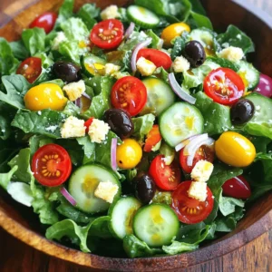 - 4 cups mixed greens (romaine, iceberg, spinach) - 1 cup cherry tomatoes, halved - 1 cucumber, thinly sliced - 1/2 red onion, finely sliced - 1/2 cup black olives, pitted and halved - 1/2 cup pepperoncini peppers, sliced The main ingredients create a fresh and colorful salad. The mix of greens gives a nice base. Cherry tomatoes add sweetness, while cucumber offers crunch. Red onion gives a bit of zing, and olives bring briny flavor. Pepperoncini peppers add a hint of heat. - 1/4 cup extra virgin olive oil - 2 tablespoons red wine vinegar - 1 teaspoon Italian seasoning - Salt and freshly ground pepper to taste These components make the dressing simple yet tasty. Extra virgin olive oil is rich, while red wine vinegar adds tang. Italian seasoning brings depth, and salt and pepper enhance all the flavors. You can also use lemon juice instead of vinegar for a bright twist. - 1/4 cup freshly grated Parmesan cheese - 1/2 cup croutons You can add freshly grated Parmesan cheese for creaminess. Croutons add a satisfying crunch. If you want to mix it up, try sunflower seeds or nuts for extra texture. You can also swap in different cheeses like feta or goat cheese for unique flavors. For the full recipe, check out the Garden Fresh Delight Salad 🥗. First, rinse your mixed greens under cold water. I like to use a salad spinner to dry them. If you don’t have one, pat them dry gently with a clean kitchen towel. Place the dried greens in a large salad bowl. This gives them space to mix well. Next, add the halved cherry tomatoes, thinly sliced cucumber, and finely sliced red onion to the bowl. Then, toss in the halved black olives and sliced pepperoncini. This mix looks colorful and fresh. To make the dressing, grab a small bowl. Combine the extra virgin olive oil, red wine vinegar, and Italian seasoning. Add a pinch of salt and pepper for taste. Whisk the mixture until it is well-blended. You want it to thicken slightly and blend together. Now, drizzle the dressing over the salad. Use salad tongs or two large spoons to gently toss everything together. Make sure all the ingredients get coated. After that, sprinkle the freshly grated Parmesan cheese on top. Finally, add your croutons for that perfect crunch. Serve your salad right away for the best taste. You can use clear bowls to show off the colors. A sprig of fresh basil or parsley on top adds a nice touch! - Choose ripe vegetables: Look for bright colors and firm textures. Inspect for any brown spots or bruises. - Storage methods: Store vegetables in the fridge, wrapped in damp paper towels. This keeps them crisp and fresh longer. - Adjusting taste: Taste your salad before serving. Add more salt or pepper if needed. If you want it tangier, add more vinegar. - Crouton tips: Homemade croutons taste better. Use stale bread, cut it, and toast it with olive oil. Store-bought croutons are fine for busy days. - Visual tips: Use a large bowl to mix the salad. This shows off the colors. A sprinkle of cheese on top adds charm. - Serving suggestions: For parties, serve in clear bowls. Add a sprig of fresh herbs on top for flair. This makes it look special for any event. {{image_4}} You can easily change the greens in this salad. If you want a fun twist, try arugula or kale. Both add a different taste and texture. You can also switch the dressing. Use lemon juice instead of red wine vinegar for a bright flavor. For those who need gluten-free options, make sure to choose gluten-free croutons. They taste great and keep the salad crisp. This salad can adapt to the seasons. In spring, add fresh peas or radishes. Summer is perfect for sweet corn or bell peppers. In fall, try roasted butternut squash or sliced apples. For holidays, you can use pomegranate seeds for a festive look. They add color and flavor, making your salad unique for special occasions. If you want a low-calorie version, skip the croutons. You can also use less dressing to save calories. For a protein boost, add grilled chicken or chickpeas. They make the salad filling and tasty. If you're looking for more fiber, try adding black beans. They mix well with the other ingredients and add a delightful texture. To keep your leftover salad fresh, store it in a sealed container. This helps prevent wilting. Always place the dressing in a separate container. This keeps the greens crisp and tasty. You can mix the dressing in just before serving. Salad does not freeze well. Freezing can change the texture of some ingredients. For best quality, eat leftovers within three days. Keep an eye on shelf life for each item. Mixed greens last about three days, while tomatoes stay fresh for up to five days. Salad is best served cold, so no reheating is needed. To revive old salad, add fresh greens or vegetables. You can mix in some new toppings, too. If you have leftover salad, turn it into a wrap or a sandwich filling. This is a fun way to avoid waste! For more ideas, check out the Full Recipe. Yes, you can make Olive Garden Salad ahead of time. It stays fresh for about 2 hours at room temperature. If you want to prepare it earlier, store the dressing separately. This way, the greens stay crisp. You can mix the salad and dressing just before serving for the best taste and texture. The classic Olive Garden Salad uses a creamy Italian dressing. You can buy it at the store or make your own. A homemade version can taste even better. Just mix olive oil, red wine vinegar, and spices to make it fresh. This gives a nice zing to the salad. You can easily change the Olive Garden Salad to fit your taste. Here are some fun ideas: - Add protein: Top with grilled chicken or shrimp. - Swap greens: Try kale or arugula for a twist. - Mix in fruits: Add sliced apples or berries for sweetness. - Change the cheese: Use feta or goat cheese instead of Parmesan. Have fun with the ingredients! In this post, we covered how to make a delicious Olive Garden Salad. We talked about key ingredients, dressing, and optional add-ins. I shared tips for freshness and flavor. You can mix things up with seasonal ingredients or dietary swaps. Remember, proper storage keeps your salad fresh longer. Enjoy creating your perfect salad and sharing it with friends and family! Simple tweaks can elevate any meal. Dive in and enjoy your fresh, vibrant salad!