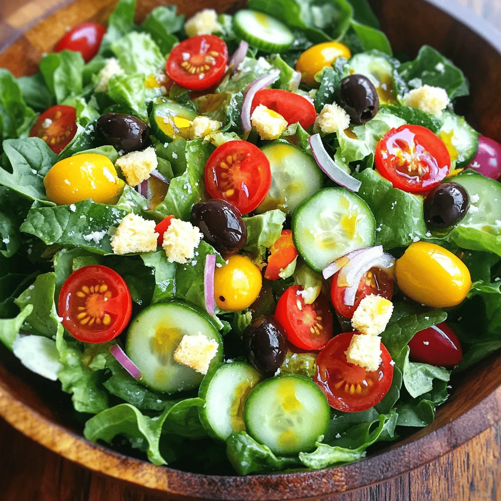 - 4 cups mixed greens (romaine, iceberg, spinach) - 1 cup cherry tomatoes, halved - 1 cucumber, thinly sliced - 1/2 red onion, finely sliced - 1/2 cup black olives, pitted and halved - 1/2 cup pepperoncini peppers, sliced The main ingredients create a fresh and colorful salad. The mix of greens gives a nice base. Cherry tomatoes add sweetness, while cucumber offers crunch. Red onion gives a bit of zing, and olives bring briny flavor. Pepperoncini peppers add a hint of heat. - 1/4 cup extra virgin olive oil - 2 tablespoons red wine vinegar - 1 teaspoon Italian seasoning - Salt and freshly ground pepper to taste These components make the dressing simple yet tasty. Extra virgin olive oil is rich, while red wine vinegar adds tang. Italian seasoning brings depth, and salt and pepper enhance all the flavors. You can also use lemon juice instead of vinegar for a bright twist. - 1/4 cup freshly grated Parmesan cheese - 1/2 cup croutons You can add freshly grated Parmesan cheese for creaminess. Croutons add a satisfying crunch. If you want to mix it up, try sunflower seeds or nuts for extra texture. You can also swap in different cheeses like feta or goat cheese for unique flavors. For the full recipe, check out the Garden Fresh Delight Salad 🥗. First, rinse your mixed greens under cold water. I like to use a salad spinner to dry them. If you don’t have one, pat them dry gently with a clean kitchen towel. Place the dried greens in a large salad bowl. This gives them space to mix well. Next, add the halved cherry tomatoes, thinly sliced cucumber, and finely sliced red onion to the bowl. Then, toss in the halved black olives and sliced pepperoncini. This mix looks colorful and fresh. To make the dressing, grab a small bowl. Combine the extra virgin olive oil, red wine vinegar, and Italian seasoning. Add a pinch of salt and pepper for taste. Whisk the mixture until it is well-blended. You want it to thicken slightly and blend together. Now, drizzle the dressing over the salad. Use salad tongs or two large spoons to gently toss everything together. Make sure all the ingredients get coated. After that, sprinkle the freshly grated Parmesan cheese on top. Finally, add your croutons for that perfect crunch. Serve your salad right away for the best taste. You can use clear bowls to show off the colors. A sprig of fresh basil or parsley on top adds a nice touch! - Choose ripe vegetables: Look for bright colors and firm textures. Inspect for any brown spots or bruises. - Storage methods: Store vegetables in the fridge, wrapped in damp paper towels. This keeps them crisp and fresh longer. - Adjusting taste: Taste your salad before serving. Add more salt or pepper if needed. If you want it tangier, add more vinegar. - Crouton tips: Homemade croutons taste better. Use stale bread, cut it, and toast it with olive oil. Store-bought croutons are fine for busy days. - Visual tips: Use a large bowl to mix the salad. This shows off the colors. A sprinkle of cheese on top adds charm. - Serving suggestions: For parties, serve in clear bowls. Add a sprig of fresh herbs on top for flair. This makes it look special for any event. {{image_4}} You can easily change the greens in this salad. If you want a fun twist, try arugula or kale. Both add a different taste and texture. You can also switch the dressing. Use lemon juice instead of red wine vinegar for a bright flavor. For those who need gluten-free options, make sure to choose gluten-free croutons. They taste great and keep the salad crisp. This salad can adapt to the seasons. In spring, add fresh peas or radishes. Summer is perfect for sweet corn or bell peppers. In fall, try roasted butternut squash or sliced apples. For holidays, you can use pomegranate seeds for a festive look. They add color and flavor, making your salad unique for special occasions. If you want a low-calorie version, skip the croutons. You can also use less dressing to save calories. For a protein boost, add grilled chicken or chickpeas. They make the salad filling and tasty. If you're looking for more fiber, try adding black beans. They mix well with the other ingredients and add a delightful texture. To keep your leftover salad fresh, store it in a sealed container. This helps prevent wilting. Always place the dressing in a separate container. This keeps the greens crisp and tasty. You can mix the dressing in just before serving. Salad does not freeze well. Freezing can change the texture of some ingredients. For best quality, eat leftovers within three days. Keep an eye on shelf life for each item. Mixed greens last about three days, while tomatoes stay fresh for up to five days. Salad is best served cold, so no reheating is needed. To revive old salad, add fresh greens or vegetables. You can mix in some new toppings, too. If you have leftover salad, turn it into a wrap or a sandwich filling. This is a fun way to avoid waste! For more ideas, check out the Full Recipe. Yes, you can make Olive Garden Salad ahead of time. It stays fresh for about 2 hours at room temperature. If you want to prepare it earlier, store the dressing separately. This way, the greens stay crisp. You can mix the salad and dressing just before serving for the best taste and texture. The classic Olive Garden Salad uses a creamy Italian dressing. You can buy it at the store or make your own. A homemade version can taste even better. Just mix olive oil, red wine vinegar, and spices to make it fresh. This gives a nice zing to the salad. You can easily change the Olive Garden Salad to fit your taste. Here are some fun ideas: - Add protein: Top with grilled chicken or shrimp. - Swap greens: Try kale or arugula for a twist. - Mix in fruits: Add sliced apples or berries for sweetness. - Change the cheese: Use feta or goat cheese instead of Parmesan. Have fun with the ingredients! In this post, we covered how to make a delicious Olive Garden Salad. We talked about key ingredients, dressing, and optional add-ins. I shared tips for freshness and flavor. You can mix things up with seasonal ingredients or dietary swaps. Remember, proper storage keeps your salad fresh longer. Enjoy creating your perfect salad and sharing it with friends and family! Simple tweaks can elevate any meal. Dive in and enjoy your fresh, vibrant salad!