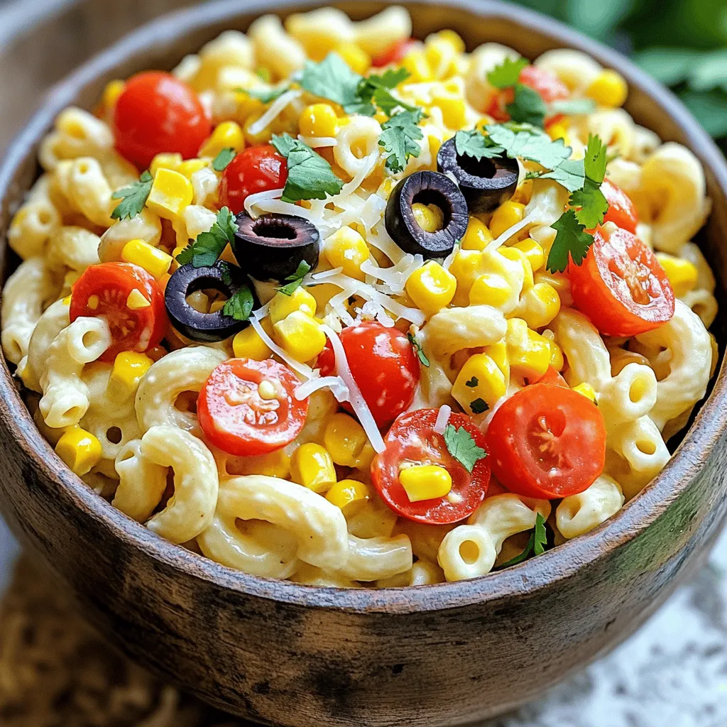 To make a tasty Mexican macaroni salad, you need some key ingredients. Here’s what you will need: - 2 cups elbow macaroni - 1 cup cherry tomatoes, halved - 1 cup corn (fresh, frozen, or canned) - 1/2 cup red bell pepper, diced - 1/2 cup red onion, finely chopped - 1/2 cup black olives, sliced - 1 cup shredded cheese (sharp cheddar or a Mexican cheese blend) - 1/4 cup fresh cilantro, chopped - 1/2 cup mayonnaise - 1 tablespoon lime juice - 1 tablespoon taco seasoning - Salt and pepper to taste These ingredients give the salad great taste and texture. The combination of creamy, crunchy, and fresh elements makes it special. Want to add more flavor? You can try these optional ingredients: - Diced jalapeños for some heat - Avocado for creaminess - Chopped green onions for extra freshness Adding any of these will enhance the taste and make it your own. Choosing the right brands can make a difference. Here are some recommendations: - Elbow macaroni: Barilla or Ronzoni - Mayonnaise: Hellmann's or Duke's - Cheese: Tillamook sharp cheddar or a Mexican cheese blend from Sargento These brands offer good quality and taste. Using them helps make your Mexican macaroni salad delicious. For the full recipe, check the details above! To start, bring a large pot of salted water to a boil. Add 2 cups of elbow macaroni. Cook for about 7 to 9 minutes. You want the pasta to be al dente, which means it should be firm to the bite. Once cooked, drain the macaroni. Rinse it under cold water to stop the cooking. This step keeps the pasta from getting mushy. In a large bowl, mix the cooled macaroni with the vegetables. Add 1 cup of halved cherry tomatoes, 1 cup of corn, 1/2 cup of diced red bell pepper, and 1/2 cup of finely chopped red onion. Then, toss in 1/2 cup of sliced black olives and 1 cup of shredded cheese. Make sure everything is well mixed. This helps the flavors blend nicely. In a small bowl, whisk together 1/2 cup of mayonnaise, 1 tablespoon of lime juice, and 1 tablespoon of taco seasoning. Add a pinch of salt and pepper to taste. Mix until the dressing is smooth and creamy. This dressing is key to making your salad rich and flavorful. Pour the dressing over the pasta and veggies. Use a spatula to gently mix everything together. Finally, fold in 1/4 cup of chopped cilantro for that fresh taste. For the full recipe, check out the details above. To get the best texture, cook the pasta until it's al dente. This means it should be firm but not hard. After cooking, rinse it in cold water. This stops the cooking and cools it down. For flavor, use fresh ingredients. Fresh cilantro adds brightness. Also, lime juice gives a zesty kick that pairs well with the other flavors. Don't forget to taste while mixing. Adjust salt and pepper according to your liking. You can add your favorite ingredients to make this salad your own. Want more crunch? Add diced cucumber or chopped radishes. Like it spicy? Toss in some diced jalapeños. For a smoky flavor, consider adding cooked bacon bits. You can also switch the corn for black beans for a protein boost. The key is to keep the balance of flavors. Mix and match until you find your perfect blend! The cheese you choose can change the whole dish. I love sharp cheddar because it adds a nice bite. A Mexican cheese blend brings a creamy texture and more flavor. Make sure the cheese is shredded for easy mixing. If you want a twist, try crumbled queso fresco. It adds a delightful creaminess. Whichever cheese you select, let it be fresh and flavorful for the best result. For the full recipe, check out the detailed instructions above. {{image_4}} Adding avocado to your Mexican macaroni salad gives a rich, creamy touch. The smooth texture of ripe avocado blends perfectly with the other ingredients. Simply dice one or two avocados and fold them in gently before serving. This addition not only boosts flavor but also adds healthy fats. Plus, it makes the salad even more filling! Black beans are a great way to add protein and fiber to your salad. They bring a nice contrast in color and texture, making your dish even more appealing. Just rinse one can of black beans and mix them into the salad. This small change makes your meal more nutritious and satisfying. You’ll love how it enhances the overall taste! While the creamy dressing is delicious, you can switch it up for fun! Try a lime vinaigrette or a spicy yogurt dressing for a lighter option. For a zesty twist, mix Greek yogurt with lime juice and a touch of cumin. Experimenting with dressings lets you tailor the flavor to your liking. Feel free to get creative and find what excites your taste buds! For the full recipe, check out the detailed instructions mentioned earlier. To store leftover Mexican macaroni salad, place it in an airtight container. Make sure the lid seals tightly. This keeps the salad fresh for up to three days. Always cool the salad in the fridge before sealing. Avoid letting it sit out at room temperature for too long. This helps prevent bacteria growth. When prepping this salad, consider making a larger batch. Store it in separate containers for easy grab-and-go meals. You can keep the dressing separate until you're ready to eat. This keeps the pasta from getting soggy. Prepare the salad a day before serving for the best flavor. Freezing this salad is not ideal. The texture of the pasta and veggies may change after thawing. If you need to freeze it, try freezing just the pasta. Store it in a freezer bag. When you’re ready, cook fresh veggies and mix them with the thawed pasta. This way, you’ll maintain a nice crunch and fresh taste. For the full recipe, check the previous section. Yes, you can easily make this salad vegan. Just swap the mayonnaise for a vegan mayo. Use vegan cheese or leave it out entirely. You can also add extra veggies for flavor and texture. Try using avocado for creaminess. Mexican macaroni salad can last about 3 to 5 days in the fridge. Store it in an airtight container. The flavors will meld over time, making it taste even better. Just check for any off smells or changes in texture before serving. Absolutely! You can use any pasta you like. Try penne, rotini, or even whole wheat pasta. Just make sure to cook it according to the package directions. Each type will bring a unique flavor and texture to your salad. In this blog post, we explored the key ingredients for Mexican macaroni salad and how to cook the pasta just right. We discussed ways to combine flavors, create a creamy dressing, and customize your salad with extra ingredients. I shared tips for perfect texture and storage options to enjoy later. Mexican macaroni salad is versatile and easy to make. Whether you stick to the basics or try new variations, your salad will shine. Enjoy creating your own delicious version!