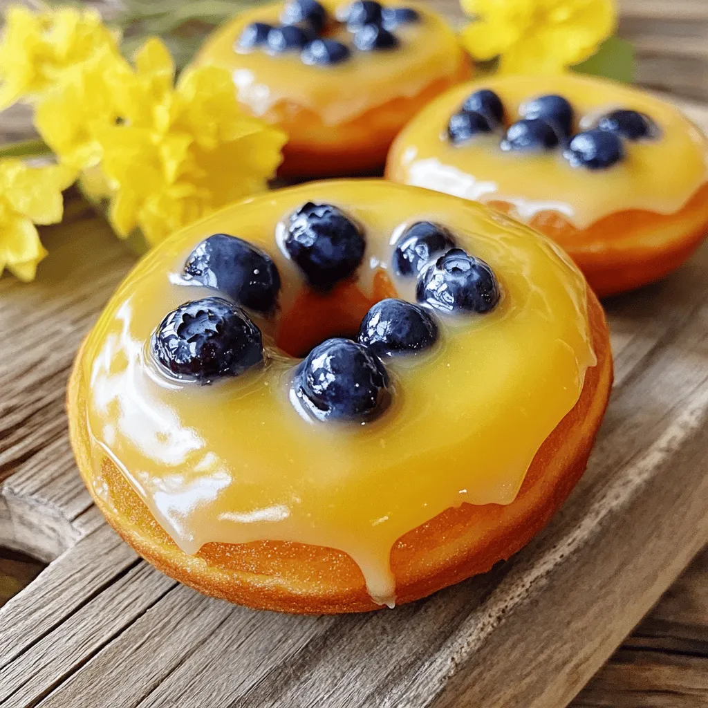- 2 cups all-purpose flour - 1 cup granulated sugar - 2 teaspoons baking powder - 1/2 teaspoon baking soda - 1/2 teaspoon salt - 1/2 cup unsalted butter, melted and slightly cooled - 1 cup buttermilk - 2 large eggs - 1 teaspoon pure vanilla extract - 1 cup fresh blueberries - Zest of 1 lemon - 1 cup powdered sugar - 2 tablespoons fresh lemon juice To make blueberry cake donuts, you need simple ingredients. The flour gives structure. Sugar adds sweetness. Baking powder and baking soda help the donuts rise. Salt enhances flavor. Butter adds richness and moisture. Buttermilk keeps the donuts soft and adds a slight tang. Eggs bind all the ingredients together. Vanilla extract gives a warm, sweet flavor. Blueberries bring freshness and a burst of juice. For a sweet glaze, mix powdered sugar and lemon juice. This glaze adds a tart kick. You can skip the glaze for a lighter treat. If you want to make these donuts even better, try adding some lemon zest. It brightens up the flavor! These ingredients make a tasty treat that is easy to prepare. If you're ready to bake, check out the Full Recipe for more details! - Preheat your oven to 375°F (190°C). - Grease your donut pan with cooking spray or butter. - In a large bowl, mix the flour, sugar, baking powder, baking soda, and salt. - In another bowl, whisk the melted butter, buttermilk, eggs, vanilla, and lemon zest until smooth. - Slowly mix the wet ingredients into the dry ingredients. - Stir gently to combine; do not overmix. - Carefully fold in the blueberries. Be gentle to keep them whole. - Use a piping bag or spoon to fill each donut mold about 2/3 full. - Bake for 10-12 minutes until springy and a toothpick comes out clean. - Let the donuts cool in the pan for 5 minutes, then move them to a wire rack. - For the glaze, mix powdered sugar with lemon juice in a small bowl. - Once cooled, dip the tops of the donuts into the glaze. - Allow the glaze to set before serving. You can find the full recipe for these delightful blueberry cake donuts above. Enjoy! To make the best blueberry cake donuts, you must not overmix the batter. Overmixing makes the donuts dense and tough. Mix just until the ingredients combine. You want a smooth batter with small lumps. This keeps the donuts light and fluffy. To avoid dense donuts, gently fold in the blueberries. This keeps them whole and juicy. The right oven temperature is key for perfect baking. Set your oven to 375°F (190°C). Bake the donuts for 10-12 minutes. They should spring back when touched lightly. You can also check for doneness by inserting a toothpick. If it comes out clean, your donuts are ready! For the glaze, aim for a smooth and pourable consistency. Mix powdered sugar with lemon juice until smooth. If the glaze is too thick, add more lemon juice. If it’s too thin, add more powdered sugar. You can also try adding vanilla for extra flavor. Alternate glaze options include chocolate or maple glaze for a fun twist. {{image_4}} You can make these donuts gluten-free by using gluten-free flour. Look for a one-to-one blend that works well in baking. This blend helps keep the texture light and fluffy. Just swap out the all-purpose flour in the recipe for your gluten-free option. For a vegan version, you can replace the eggs and dairy. Use flaxseed meal or applesauce in place of eggs. For milk, any plant-based milk works great. Almond, soy, or oat milk are excellent choices. Choose vegan butter or coconut oil for the melted butter. These swaps let everyone enjoy the tasty donuts. Want to mix it up? You can add spices like cinnamon to the batter. Just a teaspoon adds warmth and depth. You can also include other fruits. Try using mashed bananas or chopped strawberries for a new twist. Extracts like almond or coconut can enhance the flavor too. Each of these additions makes the donuts unique and fun! For the full recipe, check out the Blueberry Bliss Cake Donuts. Store your blueberry cake donuts at room temperature. Place them in an airtight container. This keeps them fresh for about 2 to 3 days. Make sure to separate layers with parchment paper. This prevents sticking and helps maintain their texture. If you want to keep them longer, freezing is a great option. Wrap each donut in plastic wrap. Then, place them in a freezer-safe bag or container. They can last up to 3 months in the freezer. When ready to enjoy, just take out the desired amount and let them thaw at room temperature. To reheat your donuts, use an oven or microwave. For the oven, preheat it to 350°F (175°C). Place the donuts on a baking sheet for about 5 minutes. This helps them regain their fluffy texture. If using a microwave, heat them for about 10-15 seconds. This is quick and keeps them soft. Enjoy your blueberry cake donuts at their best! To make blueberry cake donuts, follow these steps: 1. Preheat your oven to 375°F (190°C). Grease a donut pan well. 2. In a bowl, mix flour, sugar, baking powder, baking soda, and salt. 3. In another bowl, whisk melted butter, buttermilk, eggs, vanilla, and lemon zest until smooth. 4. Slowly add the wet mix to the dry mix. Stir gently to combine. 5. Carefully fold in the blueberries without crushing them. 6. Fill the donut molds about two-thirds full. 7. Bake for 10-12 minutes until donuts spring back when touched. 8. Cool them for five minutes in the pan, then move to a rack. 9. Make the glaze by mixing powdered sugar and lemon juice. 10. Dip the cooled donuts in the glaze and let them set. This method makes it easy to enjoy fresh blueberry cake donuts at home. Check the Full Recipe for more details. Yes, you can use frozen blueberries. Just make sure to thaw and drain them first. This helps avoid excess moisture in the batter. Frozen berries work well and still taste great. They may break apart more easily, so fold gently into the batter to keep them whole. Blueberry cake donuts are tasty but should be enjoyed in moderation. Here is a rough overview of their nutritional content: - Calories: About 180-200 per donut - Total fat: Approximately 7 grams - Saturated fat: Around 4 grams - Sugar: Roughly 8-10 grams - Protein: About 3 grams - Carbohydrates: Close to 25 grams These numbers can vary based on your ingredients and portion size. Enjoying these donuts as a treat is part of a balanced diet! Making blueberry cake donuts can be simple and fun. We discussed the main ingredients you need, like flour and fresh blueberries. You learned the step-by-step process and tips to get it just right. Variations for gluten-free and vegan diets expand your options. Proper storage ensures freshness, and reheating keeps them tasty. You can create this delightful treat at home. Enjoy your baking adventure and share the joy of blueberry cake donuts!