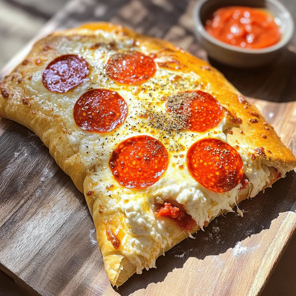To make the best calzone, you need simple yet key ingredients. Here’s what you will need: - 2 cups all-purpose flour - 1 teaspoon active dry yeast - 1 teaspoon salt - 1 tablespoon sugar - 3/4 cup warm water (about 110°F) - 1 tablespoon olive oil - 1 cup shredded mozzarella cheese - 1/2 cup sliced pepperoni - 1/4 cup ricotta cheese - 1/2 teaspoon Italian seasoning - 1/4 teaspoon red pepper flakes (optional) - Marinara sauce for dipping (optional) These ingredients create a tasty calzone that is soft and cheesy. The dough needs flour, yeast, and water to rise. The filling combines cheese and pepperoni for a delicious bite. If you want to add more taste, try these optional ingredients: - Fresh basil leaves - Sliced olives - Bell peppers - Mushrooms - Spinach These add-ons bring new flavors and textures. You can mix and match as you like. Be creative and make the calzone your own! Choosing the right ingredients makes a big difference. Here are my tips: - Flour: Use high-quality all-purpose flour for the best dough texture. - Cheese: Buy fresh mozzarella for a gooey filling. Avoid pre-shredded cheese as it may not melt well. - Pepperoni: Look for thick slices of pepperoni for a bold flavor. - Olive Oil: Use extra virgin olive oil for a richer taste. - Fresh Herbs: If using fresh herbs like basil, choose vibrant green leaves. These tips help ensure your calzone tastes great. Quality ingredients lead to a better meal. For the full recipe, check the earlier section. To start, mix warm water, yeast, and sugar in a small bowl. Wait about 5 minutes until it looks frothy. This means the yeast is ready! In a bigger bowl, whisk flour and salt together. Then, add the frothy yeast mix and olive oil. Stir until it starts to look like dough. Next, knead the dough on a floured surface for about 5-7 minutes. You want it to feel smooth and elastic. This step is key for a great texture! Shape the dough into a ball and put it in a greased bowl. Cover it with a damp cloth and let it rise in a warm spot for 1 hour. It should double in size. While the dough is rising, make the filling. Grab a mixing bowl and combine shredded mozzarella, ricotta, sliced pepperoni, Italian seasoning, and red pepper flakes if you want some spice. Mix it well. This cheesy mix will make your calzone super tasty! Preheat your oven to 425°F (220°C). Once the dough is ready, gently punch it down to release the air. Roll it out on a floured surface until it’s about 12 inches wide. On one side of the dough, spoon your cheesy filling. Be sure to leave about an inch around the edge. This helps prevent spills! Fold the other half of the dough over the filling. Pinch the edges together tightly to seal it. You can also crimp the edges for a nice look. Now, place the calzone on a baking sheet with parchment paper. Bake for 15-20 minutes, until it’s golden and puffed up. Let it cool for a few minutes before slicing. Enjoy it with warm marinara sauce for dipping! For the full recipe, check the earlier section. To get the right dough texture, start with warm water. It should feel cozy, like a warm hug. This helps the yeast bloom. Blooming means the yeast comes alive and makes your dough rise. Knead the dough until it feels smooth and elastic, which usually takes about 5 to 7 minutes. If the dough sticks to your hands, add a little more flour. But not too much! You want it soft and supple, not dry. A soggy calzone ruins the fun, right? To prevent this, always bake your calzone on a baking sheet lined with parchment paper. This keeps it crispy. Also, make sure not to overfill it with sauce or cheese. Leave some space at the edges when filling. This will help seal it better, keeping the inside cozy and the outside crisp. Serving your calzone can be a blast! Try cutting it into wedges for easy sharing. You can even serve it on a wooden board for a rustic touch. Add a small bowl of warm marinara sauce for dipping. If you want to impress, sprinkle fresh basil on top. This adds color and makes it pop! You can also pair it with a light salad or some roasted veggies for a complete meal. Check the Full Recipe for more ideas! {{image_4}} You can easily make a vegetarian calzone. Just swap the pepperoni for fresh veggies. I love using spinach, mushrooms, and bell peppers. They add great flavor and color. You can also try different cheeses like feta or goat cheese. These options make a tasty and healthy dish. If you crave spice, add more red pepper flakes to the filling. You can also include jalapeños or banana peppers. These ingredients kick up the heat and add nice flavor. Adjust the spice level to what you enjoy. This spicy twist makes the calzone exciting and unique. Cheese is key to a great calzone. While mozzarella is classic, you can mix in other cheeses. Try provolone for a sharp taste or cheddar for a rich flavor. For a creamy touch, add some cream cheese or ricotta. Experimenting with cheeses gives your calzone a personal touch. Each blend brings a new taste experience to the table. To keep your leftover calzones fresh, let them cool first. Wrap each calzone in plastic wrap or foil. You can also place them in an airtight container. This helps keep moisture in and prevents them from drying out. Store the wrapped calzones in the fridge for up to three days. When you want to enjoy your calzone again, preheat your oven to 350°F (175°C). Unwrap the calzone and place it on a baking sheet. Bake for about 10-15 minutes. This will make the crust crisp and warm the filling. If you prefer a microwave, heat it for about 1-2 minutes. However, the crust won’t be as crispy. To freeze calzones, wrap each one tightly in plastic wrap. Then, place them in a freezer bag or airtight container. Label the bag with the date. You can freeze them for up to three months. To cook, thaw in the fridge overnight. Then, reheat in the oven as mentioned above. This way, you can enjoy your cheesy goodness anytime! You can tell your calzone is baked when it looks golden brown. It should puff up nicely. To check, tap the top; it should sound hollow. If it’s not golden yet, give it a few more minutes. Keep an eye on it to avoid burning. Yes, you can use store-bought dough! It saves time and is still tasty. Just roll it out and fill it as you would with homemade dough. This is a great option if you want a quick meal. Calzones pair well with many sides. You can try garlic butter for dipping. A fresh salad adds a nice crunch. Also, consider serving pickled vegetables for a tangy bite. These sides enhance the meal and make it more fun! You now have all you need to make cheesy pepperoni calzones at home. We've covered the key ingredients, the step-by-step process, and helpful tips to ensure your calzones are perfect. I also shared variations and storage options, so you can enjoy them later. Remember, fresh ingredients lead to the best flavor. Don’t hesitate to experiment with fillings. Cooking is fun, so make it your own! Enjoy your delicious creations and impress your friends and family.