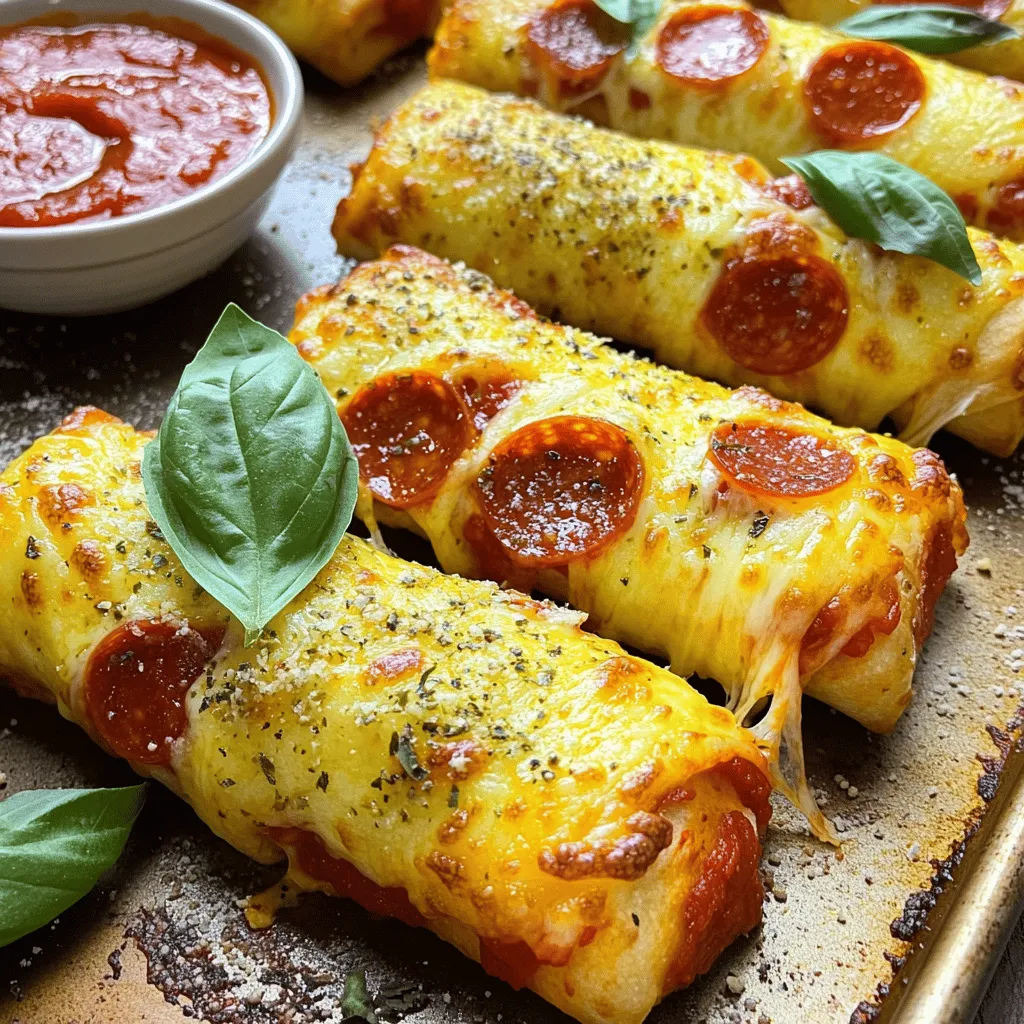 To make Cheesy Pepperoni Pizza Roll-Ups, gather these key ingredients: - 1 package of refrigerated pizza dough - 1 cup shredded mozzarella cheese - 1 cup pepperoni slices - 1/2 cup marinara sauce for dipping - 1 tablespoon Italian seasoning - 1 garlic clove, minced - 1 tablespoon olive oil - Cornmeal for dusting (optional) - Fresh basil leaves for garnish (optional) These ingredients come together to create a tasty snack. You can find most of them at your local grocery store. I love using fresh mozzarella for a creamier texture, but shredded works great too. The pepperoni adds a nice kick, but feel free to swap it out for turkey or a veggie option. When gathering your ingredients, remember to enjoy the process. Cooking should be fun! Plus, these roll-ups are perfect for sharing, making them a great choice for game night or a quick lunch. If you're curious about the full recipe, check out the link for detailed steps. First, preheat your oven to 400°F (200°C). This helps the roll-ups bake well. Line a baking sheet with parchment paper. If you want, sprinkle a bit of cornmeal on the parchment. This adds a nice texture to the roll-ups. Next, take your refrigerated pizza dough. On a lightly floured surface, roll it out gently. Aim for a rectangle about 1/4 inch thick. Now, let’s make the filling. Grab a pastry brush and apply olive oil all over the dough. This adds flavor and helps the garlic stick. Mince one garlic clove and sprinkle it over the oil evenly. Then, it’s time for the cheese! Spread 1 cup of shredded mozzarella cheese across the dough. Leave a little space at the edges. Now, layer 1 cup of pepperoni slices on top of the cheese. Finish with 1 tablespoon of Italian seasoning for extra taste. Once your filling is ready, it’s time to roll. Starting at one end, tightly roll the dough into a log. Make sure the cheese and pepperoni stay inside. Use a sharp knife to slice the log into pieces about 1.5 inches thick. You should get around 12 to 16 roll-ups. Place the sliced roll-ups on the prepared baking sheet. Make sure there is space between each piece. This helps them cook evenly. Now, bake the roll-ups in the oven for 15 to 20 minutes. They should turn golden brown, and the cheese will be melted and bubbling. Once they are done, take them out and let them cool for a few minutes before serving. Enjoy warm with marinara sauce for dipping. If you like, garnish with fresh basil leaves for a nice touch. For the full recipe, check out the ingredients and steps above. To make the best roll-ups, focus on your rolling technique. When rolling, start at one edge and apply steady pressure. This helps to create a uniform shape. If the dough resists, let it rest for a few minutes. This will make it easier to roll. For a golden crust, preheat your oven to 400°F. Place the roll-ups on a baking sheet lined with parchment. If you like, add a light dusting of cornmeal. This gives the crust a nice texture. Bake until they turn golden brown, about 15-20 minutes. To boost the taste, consider adding spices. A sprinkle of crushed red pepper or some oregano can add a kick. You can also mix in some chopped olives or bell peppers for extra flavor. If you want to swap out the marinara sauce, try ranch or garlic sauce. You can even use pesto for a twist. These options add a new layer to your dip! Enjoy experimenting with different flavors to find your favorite. {{image_4}} You can switch up the cheese for fun flavors. Try cheddar or pepper jack for a kick. These cheeses melt well and add new tastes. If you want a lighter option, use ricotta. It gives a creamy texture that pairs nicely with pepperoni. For a healthier choice, consider using turkey or vegetarian pepperoni. Turkey pepperoni has less fat but still packs a punch. Vegetarian pepperoni mimics the flavor and can please everyone. Both options keep the roll-ups tasty and exciting. Get creative by adding veggies or other fillings. Spinach, bell peppers, or mushrooms work well. Just chop them small and spread them with the cheese. You can also mix in some olives for a briny surprise. For dipping sauces, try more than just marinara. Ranch or garlic aioli can elevate your roll-ups. A spicy sriracha sauce adds a fun heat. Each dip can change the whole meal. Enjoy mixing and matching to find your favorite pairings! To keep your leftover roll-ups fresh, store them in an airtight container. This helps keep them soft and tasty. Place a paper towel inside the container to absorb moisture. You can store these in the fridge for up to three days. For long-term storage, freezing is your best bet. Wrap each roll-up in plastic wrap and then place them in a freezer bag. This keeps them safe from freezer burn. They will last in the freezer for about two months. When you are ready to eat, you can thaw them in the fridge overnight. When reheating, you have two main options: the oven or the microwave. The oven is the best choice if you want that crunchy texture. Preheat your oven to 350°F (175°C). Place the roll-ups on a baking sheet and heat for about 10-15 minutes. This will make them warm and crispy again. If you choose to use the microwave, place a damp paper towel over the roll-ups. This will help keep them moist but may make them a bit softer. Heat for about 30 seconds to 1 minute. Check to make sure they are heated through. Enjoy your Cheesy Pepperoni Pizza Roll-Ups! For the full recipe, check above. How can I make these roll-ups ahead of time? You can prepare the roll-ups the day before. After rolling and cutting them, store them in the fridge. Cover the baking sheet with plastic wrap to keep them fresh. Bake them when you're ready to serve. Can I use homemade dough instead of refrigerated? Yes, you can use homemade dough! Just make sure it is rolled out to the same thickness. This way, it will bake evenly and hold the fillings well. What is the best way to customize this recipe? You can add your favorite toppings! Try different cheeses or veggies. You can also switch out the pepperoni for turkey or veggie options. This makes it fun and unique for every taste. How do I know when the roll-ups are done baking? Look for a golden brown color on the outside. The cheese should be melted and bubbling. If you see that, your roll-ups are ready! Enjoy them warm with marinara sauce for a tasty treat. For complete instructions, check out the Full Recipe. Cheesy Pepperoni Pizza Roll-Ups are fun to make and eat. You need simple ingredients like pizza dough, cheese, and pepperoni. We detailed the steps to prep, fill, and bake them. I shared tips for perfect shapes and golden crusts. You can even customize these roll-ups with different fillings. Enjoy trying out these ideas in your kitchen. Each bite brings joy, and the process is easy and rewarding. Happy cooking!