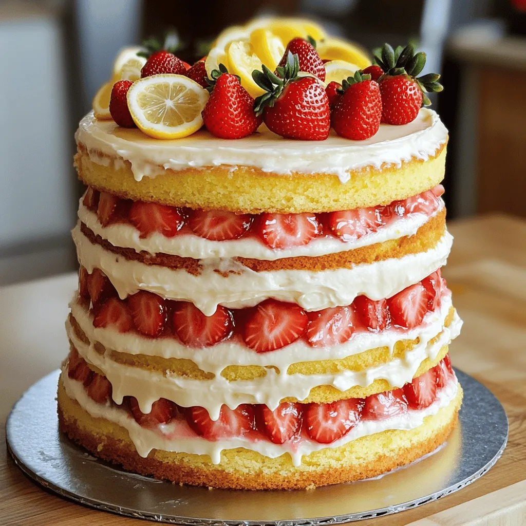 - 2 ½ cups all-purpose flour - 1 ½ cups granulated sugar - ½ cup unsalted butter, softened - 1 cup buttermilk, at room temperature - 3 large eggs, at room temperature - 1 tablespoon baking powder - 1 teaspoon baking soda - ½ teaspoon salt - Zest of 1 lemon - ½ cup fresh lemon juice - 2 cups fresh strawberries, hulled and diced - ½ cup granulated sugar - 1 tablespoon lemon juice - 2 tablespoons cornstarch - 2 tablespoons water - 1 cup unsalted butter, softened - 4 cups powdered sugar, sifted - 2 tablespoons fresh lemon juice - 1 teaspoon lemon zest - Pinch of salt The ingredients for this Strawberry Lemonade Layer Cake are simple yet essential for a vibrant flavor. The cake itself will be soft and airy, thanks to the buttermilk and whipped butter. The fresh lemon juice and zest bring a zesty brightness. The strawberry filling adds a sweet, fruity layer that pairs perfectly with the lemon frosting. When choosing your strawberries, look for ripe, juicy ones. They should smell sweet and feel firm. This ensures a bright flavor and nice texture in your filling. For the cake, using room-temperature eggs and buttermilk helps create an even batter. The lemon frosting is the crown jewel of this cake. The unsalted butter, paired with powdered sugar, makes it creamy and sweet. The zest and juice add a fresh kick, balancing the sweetness. When you combine all these ingredients, you create a cake that is rich and flavorful, perfect for any gathering. For the complete guide to making this delightful cake, refer to the Full Recipe. - Preheat your oven to 350°F (175°C). - Prepare three 8-inch round cake pans by greasing them with butter and dusting them with flour. This step helps the cakes come out easily after baking. - In a large bowl, cream together ½ cup of softened butter and 1 ½ cups of granulated sugar until the mix is light and fluffy. - Add 3 large eggs one at a time, mixing well after each. Next, mix in 1 tablespoon of lemon zest and ½ cup of fresh lemon juice. Keep blending until everything is smooth. - In another bowl, whisk together 2 ½ cups of all-purpose flour, 1 tablespoon of baking powder, 1 teaspoon of baking soda, and ½ teaspoon of salt. This helps to mix the leavening agents evenly. - Slowly add the dry mixture to the wet mix, alternating with 1 cup of buttermilk. Start and finish with the dry ingredients. Mix only until just combined to avoid making the cake dense. - Divide the batter evenly among the three prepared pans. Bake in the preheated oven for 25-30 minutes. A toothpick inserted in the center should come out clean when the cakes are done. - Let the cakes cool in the pans for 10 minutes. Then, transfer them to wire racks to cool completely. This step is important for the best texture. For the complete process, check the Full Recipe of Strawberry Lemonade Layer Cake. To make a light and fluffy cake, avoid overmixing the batter. Mix just until the dry and wet ingredients combine. Overmixing can make the cake tough. Always use room-temperature ingredients. This helps the batter mix evenly and rise well. Use ripe strawberries for the best flavor in your filling. Fresh, sweet berries make a big difference. After cooking the filling, let it cool completely. This step is key for a firm filling that won’t ooze out when you slice the cake. Adjust the sugar in your frosting to get the thickness you want. If the frosting feels too soft, chill it briefly. This will help it set up better for easy spreading. A good frosting should hold its shape on the cake. For the Full Recipe and more detailed steps, check out the rest of this article. {{image_4}} You can switch up the filling for this cake. Raspberries or blueberries work great in place of strawberries. These fruits add their own unique flavors. You can also create a mixed berry filling. This will give you a burst of various tastes in each bite. Just mash the berries with some sugar, and you are set. If you want a twist, try cream cheese frosting. It adds a tangy flavor that pairs well with the cake. You can also use whipped cream for a lighter touch. This will give your cake a fluffy and airy feel. Each option can change the cake's taste and make it special. For those needing gluten-free options, there's an easy fix. You can substitute all-purpose flour with a gluten-free blend. Make sure to choose a blend that works well for baking. This way, everyone can enjoy a slice of your tasty cake. Enjoying dessert should always be an option for everyone! To keep your cake fresh, cover it at room temperature. It will stay good for up to three days. If you want it to last longer, refrigerate it. This helps maintain its rich flavor and moist texture. If you want to store the cake for a while, you can freeze the layers. Wrap each layer tightly in plastic wrap and then in foil. This helps prevent freezer burn. You can freeze unassembled layers for up to three months. When you're ready to enjoy it, just thaw the layers. To serve the cake, thaw it overnight in the fridge. This way, it will warm up slowly and keep its taste. You can serve it chilled or at room temperature, depending on your preference. Enjoy the rich and flavorful treat! You can make the cake less sweet by reducing the sugar in the cake batter or frosting. Start with a quarter cup less sugar. Taste the batter as you go. This way, you can find the right level of sweetness for your liking. Yes, you can bake the cake in advance. Once cooled, wrap each layer in plastic wrap. Store them in the freezer for up to a month. This saves time for special occasions. If you don’t have buttermilk, you can use regular milk. Just add a splash of vinegar or lemon juice. Let it sit for about five minutes. This will mimic the acidity of buttermilk. To check if the cake is done, insert a toothpick into the center. If it comes out clean, the cake is ready. Keep an eye on the baking time to avoid overcooking. Absolutely! Using store-bought strawberry filling can save you time. Just layer it between the cake bits as you would with homemade filling. This makes the process quicker and easier. To layer the cake best, ensure each layer is level. Use a serrated knife to trim them if needed. This helps the layers stack nicely and prevents sliding. For detailed instructions on making this delightful cake, refer to the Full Recipe. In this post, we explored how to create a delicious Strawberry Lemonade Layer Cake. We covered essential ingredients, detailed steps for baking, and offered tips for success. Whether you choose fresh strawberries or opt for a gluten-free version, this cake suits any occasion. Remember to store it well for lasting freshness. Enjoy making this tasty treat and share it with friends and family. Happy baking!