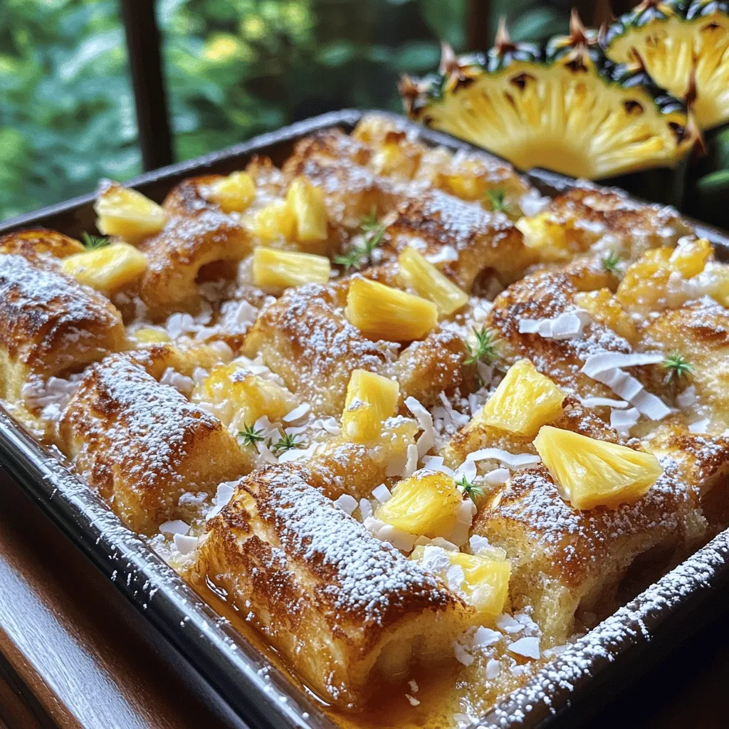 - 12 Hawaiian sweet rolls, cut into quarters - 6 large eggs - 1 cup milk (or coconut milk for an extra tropical twist) - 1/2 cup heavy cream - 1/4 cup packed brown sugar - 1 teaspoon pure vanilla extract - 1 teaspoon ground cinnamon - 1/2 teaspoon freshly grated nutmeg The star of this dish is the Hawaiian sweet rolls. They are soft and fluffy, making them perfect for soaking. Next, we need eggs and dairy. The eggs bind everything together, while milk and cream add richness. For flavor, we use brown sugar, vanilla, cinnamon, and nutmeg. These ingredients create a warm, sweet base that brings out the best in the rolls. - 1/2 cup crushed pineapple, thoroughly drained - 1/2 cup shredded coconut (choose sweetened or unsweetened according to preference) - 1/4 cup chopped macadamia nuts (optional for added crunch) If you want to amp up the flavor, add crushed pineapple. It gives a nice tropical touch. Shredded coconut adds more texture and sweetness. You can also mix in macadamia nuts for a crunchy bite, but this is totally optional. - Powdered sugar, for a delightful dusting - Maple syrup, for drizzling Finish your bake with a dusting of powdered sugar. It looks lovely and adds sweetness. Drizzling warm maple syrup over each slice makes every bite even more delicious. This recipe has all the essential ingredients for a perfect Hawaiian Sweet Roll French Toast Bake. For the full recipe, check out the detailed steps later. 1. Preheat your oven to 350°F (175°C). This ensures a great bake. 2. Grease your 9x13 inch baking dish. Use cooking spray or softened butter. This helps prevent sticking. 1. In a large bowl, crack 6 eggs. Whisk them until smooth. 2. Pour in 1 cup of milk and 1/2 cup of heavy cream. 3. Add 1/4 cup brown sugar, 1 teaspoon vanilla extract, 1 teaspoon cinnamon, and 1/2 teaspoon nutmeg. Whisk again until well mixed. 4. Cut 12 Hawaiian sweet rolls into quarters. Add them to the egg mixture. Make sure each piece gets coated. 5. Let the sweet rolls soak for 15 minutes. This step is key for flavor. 1. After soaking, fold in 1/2 cup crushed pineapple and 1/2 cup shredded coconut. If using, add 1/4 cup chopped macadamia nuts for crunch. 2. Spread the mixture evenly in the prepared baking dish. Press down lightly for even cooking. 3. Place the dish in your preheated oven. Bake for 30-35 minutes. The top should be golden brown. 4. Once baked, take it out and let it cool for 10 minutes. This helps improve the texture. Enjoy your Hawaiian Sweet Roll French Toast Bake with a dusting of powdered sugar and a drizzle of maple syrup. You can find the Full Recipe in the previous section. To make the best Hawaiian Sweet Roll French Toast Bake, soak the rolls well. I let them soak for about 15 minutes. This time helps the rolls soak up all the delicious flavors. If you soak them too little, they may turn out dry. You want them soft and sweet all the way through. For even cooking, spread the soaked rolls out in the pan. Press down gently on the top with your hands. This helps all parts cook at the same rate. Check the center after baking. It should feel firm but not hard. When it comes to serving, looks matter. Serve each portion warm on a plate. Dust the top with powdered sugar for a sweet touch. It makes the dish look extra fancy. You can also drizzle warm maple syrup on top. To add more color, garnish with extra coconut flakes. Fresh pineapple slices make it pop. This not only looks good but adds bright flavor. It gives your dish a real tropical feel. Want to change things up? Try using different spices. A dash of ginger or cardamom can add a fun twist. You can also use other types of milk. Coconut milk gives it a tropical vibe. Almond milk works well too for a nutty taste. Feel free to mix and match! These small changes can create a whole new dish. Enjoy exploring different flavors! For the full recipe, check out the details above. {{image_4}} You can mix things up with seasonal flavors. In the fall, try adding pumpkin spice to the egg mixture. A dash of pumpkin spice gives a warm, cozy feel. For summer, use fresh fruits and berries. Strawberries, blueberries, or peaches can brighten your dish. Their juices soak into the bread, making it juicy and sweet. For those with dietary needs, you can adapt this bake. Use gluten-free Hawaiian sweet rolls for a gluten-free option. These rolls taste just as good and keep the dish soft. If you want a dairy-free version, swap regular milk and cream for coconut milk. This adds a lovely tropical taste. You can serve this dish in different styles. Individual servings look nice and are easy to grab. Just scoop out portions and place them on plates. If you're feeding a group, a family-style dish works well. Serve it warm in the baking dish and let everyone help themselves. This is a fun way to share the joy of your Hawaiian Sweet Roll French Toast Bake. To store your Hawaiian Sweet Roll French Toast Bake, let it cool first. This helps keep the texture nice. Use an airtight container to keep it fresh. I recommend glass or plastic containers with tight lids. These containers prevent air from drying out the bake. When reheating, you have a few good options. You can use the oven, microwave, or stovetop. In the oven, preheat to 350°F (175°C). Place slices on a baking sheet and warm for about 10-15 minutes. In the microwave, heat for 30 seconds to 1 minute. If you use the stovetop, warm in a pan over low heat, flipping gently. This helps keep the outside crispy and the inside soft. To freeze your bake, first cut it into individual portions. Wrap each piece well in plastic wrap, then place them in a freezer bag. This keeps them safe from freezer burn. For thawing, move the portions to the fridge overnight. If you're in a hurry, you can use the microwave on defrost mode. Enjoy the same great taste even after freezing! Yes, you can prepare this dish the night before. Just follow the steps until you need to bake it. Cover the dish with plastic wrap and store it in the fridge. In the morning, take it out and bake it right away. This saves time and gives flavors a chance to blend. You can use other types of soft bread. Brioche or challah works great. These breads are sweet and fluffy, similar to Hawaiian rolls. If you want a twist, try cinnamon rolls for a fun flavor. Check for a golden brown top. The center should feel firm and not jiggly. You can also insert a toothpick in the center. If it comes out clean, it’s done. You want a nice, fluffy texture throughout. Yes, you can swap milk for other kinds. Almond milk or oat milk works well. For a tropical touch, try coconut milk. Each type of milk brings its own flavor, so choose what you like best. You can add fresh fruit like bananas or berries. Whipped cream adds a nice touch too. For a crunch, try nuts like walnuts or pecans. You could even drizzle honey or chocolate sauce for extra sweetness. This recipe uses Hawaiian sweet rolls, eggs, and flavorings. You can add crushed pineapple or nuts. The baking process is simple. Remember to soak the rolls and adjust cooking for even results. You can add seasonal flavors or tailor it for dietary needs. Store leftovers properly and know how to reheat or freeze them. Enjoy trying new toppings and making it your own! Each bite will remind you of fun times. Cooking can be a joy, so dive in and enjoy your creation!