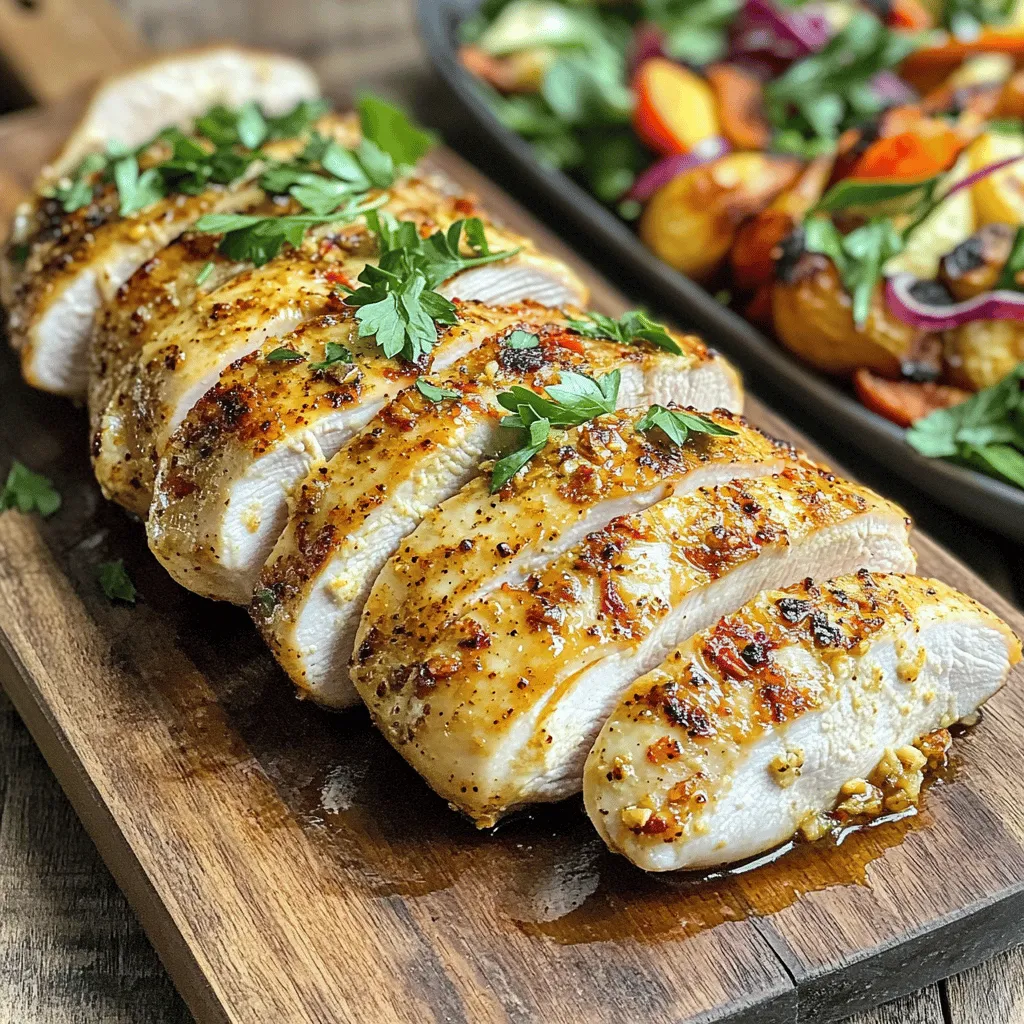 To make juicy air fryer chicken breasts, you need the right ingredients. Here’s what you’ll need: - 4 boneless, skinless chicken breasts - 2 tablespoons extra virgin olive oil - 1 teaspoon garlic powder - 1 teaspoon onion powder - 1 teaspoon smoked paprika - 1 teaspoon dried thyme - 1 teaspoon sea salt - 1/2 teaspoon freshly cracked black pepper - Juice of 1 fresh lemon - Fresh parsley, finely chopped, for garnish These ingredients work together to give the chicken great flavor. The olive oil adds richness, while the spices bring warmth and depth. Fresh lemon juice brightens the dish, making it zingy and fresh. Using fresh parsley as a garnish adds a pop of color and freshness. When you combine these elements, you create a marinade that not only coats the chicken but also keeps it tender. This helps the chicken stay juicy during cooking. You can find the full recipe at [Full Recipe]. Set your air fryer to 375°F (190°C). Allow it to preheat for about 5 minutes. This step helps cook the chicken evenly. In a large bowl, mix together the following: - 2 tablespoons extra virgin olive oil - 1 teaspoon garlic powder - 1 teaspoon onion powder - 1 teaspoon smoked paprika - 1 teaspoon dried thyme - 1 teaspoon sea salt - 1/2 teaspoon freshly cracked black pepper - Juice of 1 fresh lemon Whisk these ingredients well. This mixture will give your chicken great flavor. Add the 4 chicken breasts to the marinade. Make sure each piece is coated well. Cover the bowl with plastic wrap. Let it sit for at least 15-30 minutes. This allows the chicken to soak up those tasty flavors. After marinating, place the chicken breasts in the air fryer basket. Arrange them in a single layer without overlapping. This helps them cook evenly. Cook the chicken for 15-18 minutes. Flip the chicken halfway through cooking. Use a meat thermometer to check doneness. The chicken should reach 165°F (74°C) and look golden brown. Once cooked, move the chicken to a plate. Let it rest for about 5 minutes. This step is key. It allows the juices to settle back into the meat. Before serving, sprinkle fresh parsley over the chicken. This adds color and freshness. Serve the chicken on a rustic cutting board with a vibrant salad or roasted veggies for a beautiful presentation. For the full recipe, check out the details above. To keep your chicken juicy, start with brining. Soak the chicken in a saltwater mix for 30 minutes. This helps the meat absorb water, making it tender. Choose a good marinade with oil and acid. The oil locks in moisture, while the acid enhances flavor. After marinating, let the chicken rest before cooking. This step allows juices to settle, making each bite succulent. Avoid cooking chicken straight from the fridge. Cold chicken takes longer to cook, leading to dryness. Do not skip the resting step after cooking. This is key for juicy meat. Keep an eye on cooking time. Overcooking leads to tough chicken. Use a meat thermometer to check doneness. Aim for an internal temperature of 165°F (74°C). Try adding new spices for extra flavor. Consider using cumin, coriander, or lemon zest to brighten the dish. You can also mix in fresh herbs like rosemary or basil. For a sweet touch, add honey or maple syrup to your marinade. Looking for a kick? Include a dash of cayenne pepper or hot sauce. Each twist will excite your taste buds! For the full recipe, check out Juicy Air Fryer Chicken Breasts. {{image_4}} You can switch up the flavor with different marinades. Here are some tasty options: - Lemon Herb Marinade: Use lemon juice, rosemary, and oregano. - Honey Mustard Marinade: Mix honey, Dijon mustard, and apple cider vinegar. - Teriyaki Marinade: Combine soy sauce, ginger, and garlic for an Asian twist. - BBQ Marinade: Use your favorite barbecue sauce for a smoky flavor. These options can change the taste and make each meal unique. Cooking time changes based on chicken breast thickness. Here’s a simple guide: - Thin Breasts (about 1 inch thick): Cook for 12-15 minutes. - Medium Breasts (1 to 1.5 inches thick): Cook for 15-18 minutes. - Thick Breasts (over 1.5 inches thick): Cook for 18-20 minutes. Always check the internal temperature. It should reach 165°F for safe eating. Pair your juicy chicken breasts with great sides. Here are some ideas: - Roasted Vegetables: Carrots, zucchini, and bell peppers add color and nutrition. - Fresh Salad: A green salad with lemon vinaigrette brightens the meal. - Quinoa or Rice: These grains make a filling and healthy side. - Dipping Sauces: Try ranch, honey mustard, or chimichurri for extra flavor. These pairings enhance the dish and make it even more enjoyable. After you enjoy your juicy air fryer chicken breasts, store the leftovers properly. First, let the chicken cool down to room temperature. Place the chicken in an airtight container. This helps keep the chicken moist. You can also wrap the chicken tightly in plastic wrap. Refrigerate the chicken if you plan to eat it within 3-4 days. For longer storage, freeze the chicken. Wrap each piece in foil or freezer-safe bags. This prevents freezer burn. Reheating chicken can be tricky. To keep it juicy, use low heat. You can use your air fryer again. Set it to 300°F (150°C) and heat for about 5-7 minutes. This warms the chicken without drying it out. Another option is to use the microwave. Place the chicken on a microwave-safe plate. Cover it with a damp paper towel. Heat in short bursts, checking often. This method keeps moisture in. Cooked chicken breasts can last in the fridge for about 3-4 days. If you freeze them, they can last up to 4 months. Always check for signs of spoilage before eating. If the chicken looks or smells off, it’s best to discard it. Proper storage helps maintain quality and flavor. For the full recipe, check the earlier sections of this article. You can check if the chicken is cooked by using a meat thermometer. The chicken should reach an internal temperature of 165°F (74°C). Insert the thermometer into the thickest part of the breast. If it reads 165°F, you are good to go! This ensures the chicken is safe to eat and moist. Always check the temperature to be sure. Yes, you can use frozen chicken breasts. However, cooking from frozen takes longer. Add about 5-10 extra minutes to the cooking time. Make sure to check the internal temperature of 165°F before serving. If you can, thaw the chicken in the fridge for better results. This helps the chicken cook evenly and stay juicy. Many sauces pair well with air fryer chicken. Here are some popular options: - Honey mustard - BBQ sauce - Ranch dressing - Buffalo sauce - Homemade garlic aioli You can also mix mayo with your favorite spices for a quick dip. Try out different flavors to find your favorite! To make this recipe healthier, consider these substitutions: - Use less olive oil or swap it for cooking spray. - Replace regular salt with a salt substitute for lower sodium. - Add more herbs and spices for flavor without extra calories. - Serve with a side of steamed vegetables or a light salad. These simple changes can keep the dish tasty while cutting down on calories. Enjoy your healthy, juicy chicken! In this post, we explored the steps to cook juicy air fryer chicken breasts. You learned about the ingredients needed and how to prepare them. We discussed marinating, cooking times, and cooling. I shared tips to keep the chicken moist and gave extra ideas for flavors. Remember to store leftovers properly and get creative with sauces. This method ensures a tasty meal every time. Follow these steps for great results. Cook smart, and enjoy your delicious chicken!