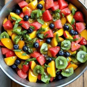 - Watermelon - Strawberries - Blueberries - Kiwi - Ripe Peaches Fresh fruits are key in a summer fruit salad. Each fruit brings its own taste and color. Watermelon offers a juicy base. Strawberries add sweetness and bright red color. Blueberries provide small bursts of flavor. Kiwi adds a tangy twist with its green hue. Lastly, ripe peaches bring a fragrant touch. Together, these fruits create a refreshing and colorful mix. - Honey - Fresh Mint Leaves - Lime Juice - Sea Salt Adding flavor enhancers makes the salad even better. Honey brings natural sweetness to the mix. Fresh mint leaves add a cool aroma and flavor. Lime juice gives a zesty kick that brightens everything. A pinch of sea salt enhances the taste of all the fruits. These ingredients balance each other, making each bite delightful. For the full recipe, check out Summer Bliss Fruit Salad. Start by washing your fruits. Dicing watermelon into bite-sized cubes is fun and easy. Hull the strawberries and cut them in half. Rinse the blueberries under cool water. Peel the kiwi and slice it into thick rounds. Dice ripe peaches for a sweet touch. Now, mix all these colorful fruits in a large bowl. The bright colors will make your salad look so appealing. This colorful fruit base is not just pretty; it adds a variety of flavors and textures. In a small bowl, whisk together honey, lime juice, and sea salt. Make sure to mix well until the honey fully dissolves. The lime juice adds a nice zing. The sea salt enhances the fruit's natural sweetness. This dressing is simple yet packed with flavor. Once your dressing is ready, drizzle it over the fruit mixture. Use a large spoon to gently toss everything together. Be careful not to break the fruit pieces. This step ensures every piece is coated in the tasty dressing. Next, fold in finely chopped mint leaves for a fresh aroma and flavor boost. Refrigerate your salad for at least 30 minutes. Chilling is key; it allows the flavors to meld together. This time lets the salad become even more delicious. It’s best to cover the bowl with plastic wrap or a lid to keep it fresh. Enjoy the refreshing taste of your Summer Bliss Fruit Salad when ready to serve! To make the best summer fruit salad, choose ripe, seasonal fruits. Ripe fruits taste sweet and juicy. Look for bright colors and firm textures. For example, a watermelon should feel heavy for its size. Strawberries should be bright red and fragrant. Understanding flavor pairings is also key. Watermelon pairs well with mint and lime. Blueberries add a sweet burst to the mix. Peaches bring a soft, juicy texture. Kiwi adds a tangy twist. Mixing these flavors makes your salad exciting. Use clear glass bowls to show off the colors. A large platter works well for parties. For individual servings, try small cups or jars. They add a fun touch. Garnishing ideas can elevate your salad. Add a few mint leaves on top for a fresh look. You can also sprinkle some toasted nuts for crunch. A drizzle of honey can add a nice shine. To make your salad even healthier, add nuts or seeds. Almonds or sunflower seeds provide protein and healthy fats. They also add a nice crunch. Incorporating yogurt can add creaminess. A dollop of Greek yogurt pairs well with the fruits. It makes the salad more filling and nutritious. {{image_4}} You can easily adapt this fruit salad to fit different diets. For a vegan option, simply use maple syrup instead of honey. It works great and still tastes sweet. This salad is also gluten-free. Just check that your honey is pure and doesn’t have any additives. If you need a nut-free option, this salad is perfect. It does not contain any nuts, making it safe for those with allergies. Summer is a great time to explore other fruits. Think about adding mango, pineapple, or cherries. These fruits bring extra flavor and color. You can also try tropical fruits like dragon fruit or passion fruit for a fun twist. They add a unique taste and brighten your salad even more. The honey-lime dressing is delicious, but you can try other options. A yogurt-based dressing can add creaminess. You can mix yogurt with a bit of lime juice for a tangy flavor. To make it citrusy, add orange juice or zest. For a spicy kick, sprinkle in some chili powder or jalapeño. These changes keep the salad exciting and give it new flavors. Check out the Full Recipe to create your own version of this delightful summer salad! To keep your summer fruit salad fresh, use airtight containers. Glass or plastic containers work well. They prevent air and moisture from spoiling the salad. Make sure to store your salad in the fridge. The cold keeps the fruits crisp and tasty. Summer fruit salad stays good for about 2 to 3 days in the fridge. You might notice the fruit softening over time. Signs of spoilage include a mushy texture or off smell. If you see these signs, it’s best to toss the salad. Yes, you can make the salad ahead of time! Just remember to add the dressing right before serving. This keeps the fruit from getting soggy. For best results, store the fruit and dressing separately. This way, your salad stays fresh until you're ready to eat. If you want, you can also store chopped fruits in the fridge for a quick mix later. Yes, you can use frozen fruits. However, frozen fruits may change the salad's texture. They can become mushy after thawing. This can affect the look and feel of your salad. If you do use frozen fruit, let them thaw in the fridge. This way, they hold their shape better. To make your Summer Fruit Salad more filling, add extra ingredients. Here are some ideas: - Chopped nuts like almonds or walnuts - Creamy yogurt, like Greek yogurt - Granola for a crunchy texture - Cottage cheese for added protein These additions will boost nutrition and flavor while keeping it refreshing. You can serve Summer Fruit Salad with various dishes. Here are some great pairing ideas: - Grilled chicken or fish for protein - A light sandwich or wrap - Yogurt parfaits for a sweet touch - Fresh bread or rolls for a nice contrast These options enhance your meal and please your guests. Yes, Summer Fruit Salad is very healthy. Here are some benefits of the fruits used: - Watermelon hydrates and is low in calories - Strawberries are high in vitamins and fiber - Blueberries are rich in antioxidants - Kiwi helps digestion and boosts vitamin C - Peaches add vitamins A and C, plus fiber This salad is a tasty way to get your daily nutrients! This blog post covered how to make a tasty summer fruit salad. We discussed choosing fresh fruits and flavor boosters like honey and mint. You learned step-by-step how to prepare the salad, make the dressing, and chill it for the best taste. Tips on selecting fruits and serving ideas added value. You can even try different variations and store it properly. Keep these ideas in mind to impress your friends and family. Enjoy your colorful, healthy treat all summer long!