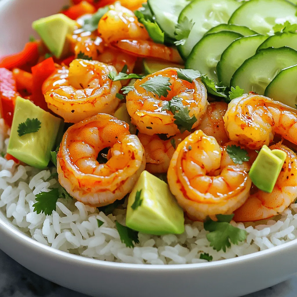 To create a delicious Spicy Shrimp and Avocado Rice Bowl, gather these ingredients: - 1 lb (450g) large shrimp, peeled and deveined - 1 cup jasmine rice - 2 ripe avocados, diced - 1 red bell pepper, diced - 1 cucumber, sliced into rounds - 1 tablespoon olive oil - 2 tablespoons sriracha sauce (adjust to taste) - 1 teaspoon garlic powder - 1 teaspoon smoked paprika - Juice of 1 lime - Salt and freshly ground black pepper, to taste - Fresh cilantro leaves, for garnish Here are some common conversions to help you with your cooking: - 1 cup = 240 mL - 1 tablespoon = 15 mL - 1 teaspoon = 5 mL - 1 lb = 450g This can help you adapt the recipe for different serving sizes or ingredient availability. The Spicy Shrimp and Avocado Rice Bowl is not just tasty; it is also nutritious. Here's a quick overview of its nutritional benefits: - Shrimp: High in protein and low in calories. It also has healthy omega-3 fatty acids. - Avocado: Packed with healthy fats, fiber, and vitamins. It supports heart health. - Jasmine Rice: A good source of carbohydrates for energy. - Vegetables: Bell pepper and cucumber add vitamins, minerals, and hydration. This meal is balanced, offering protein, healthy fats, and carbs, making it a complete dish. You can find the full recipe [here](#). To cook the jasmine rice, you need a pot with a lid and a measuring cup. Rinse the rice in cold water until the water is clear. This step helps remove excess starch. Measure 1 cup of rice and 1.5 cups of water. In your pot, bring the water to a boil. Then, lower the heat and cover the pot. Cook for about 15 minutes until tender. Fluff the rice gently with a fork. Let it cool while you prepare the shrimp and veggies. For the shrimp marinade, gather these ingredients: olive oil, sriracha sauce, garlic powder, smoked paprika, lime juice, salt, and black pepper. In a bowl, combine the shrimp with the marinade. Toss them to coat well. Let the shrimp sit for about 15 minutes. This time allows the flavors to blend. Heat a large skillet over medium-high heat. Add the shrimp in a single layer. Cook them for 2-3 minutes on each side. They should turn pink and opaque. Remove the shrimp and set them aside. To assemble your rice bowl, start with a base of jasmine rice. Add the cooked shrimp on top. Next, layer in the diced avocado, red bell pepper, and cucumber. Make it look nice! You can arrange them in a way that shows off each color. For a finishing touch, sprinkle fresh cilantro on top. This adds a pop of green and flavor. You can also serve extra sriracha on the side for those who want more heat. Enjoy your beautiful and tasty meal! For the full recipe, check the recipe section above. Store leftover rice and shrimp in separate containers. This keeps the rice fluffy and the shrimp tender. Use airtight containers to keep the food fresh. You can store them in the fridge for up to three days. To reheat, warm rice in the microwave or on the stove with a splash of water. For shrimp, heat gently to avoid overcooking. Shrimp come in various sizes. The cooking time changes based on size. For large shrimp, cook for 2-3 minutes on each side. For medium shrimp, aim for 1-2 minutes per side. If using small shrimp, cook them for just 1 minute. Always watch for the color change to know when they are done. They should turn pink and opaque. You can boost flavor with extra ingredients. Try adding fresh lime zest for brightness. Chopped jalapeños give a spicy kick. Fresh herbs like basil or mint can add a nice twist. Alternatively, drizzle with sesame oil for a nutty depth. Feel free to mix in seasonal veggies to make it your own. Adjust the heat by adding more sriracha or chili flakes. For the full recipe, check out the link above. {{image_4}} You can swap ingredients for a healthier bowl. Here are some ideas: - Use cauliflower rice instead of jasmine rice for a low-carb option. - Replace shrimp with grilled chicken or tofu for a leaner protein. - Add extra vegetables like zucchini or spinach for more fiber. Want to change the flavor? Here are some fun ideas: - Try different hot sauces like chipotle or harissa for a smoky kick. - Use fresh herbs like basil or mint for a fresh taste. - For a tangy twist, add some lemon zest or vinegar to the marinade. You can make a tasty vegan bowl too! Here’s how: - Replace shrimp with marinated chickpeas or tempeh for protein. - Use a plant-based yogurt sauce instead of sriracha for creaminess. - Ensure you pick a vegan-friendly rice option, like brown rice. For the full recipe, check out the Spicy Shrimp and Avocado Rice Bowl. To store leftovers, let the dish cool first. Use airtight containers to keep the shrimp and rice fresh. You can separate the shrimp from the rice to keep the flavors intact. Store everything in the fridge. Leftovers can last for up to three days. When you’re ready to eat, reheat the rice and shrimp. Use a microwave-safe bowl for quick heating. Add a splash of water to the rice to keep it moist. Heat in short bursts, stirring in between. This helps the rice heat evenly. The shrimp can be heated on the stovetop for best texture. Freezing is great for long-term storage. Place the shrimp and rice in separate freezer bags. Remove as much air as possible before sealing. Label the bags with the date. You can freeze them for up to two months. To thaw, place them in the fridge overnight. Reheat as mentioned above. Enjoy your Spicy Shrimp and Avocado Rice Bowl anytime! For the full recipe, check the earlier sections. To make this dish, start with fresh ingredients. Cook jasmine rice until fluffy. Marinate shrimp in sriracha, garlic powder, and lime juice. Cook the shrimp until pink. Then, layer rice in a bowl and top with shrimp, avocado, bell pepper, and cucumber. Garnish with cilantro for a fresh touch. Follow the Full Recipe for detailed steps and tips. If you cannot use shrimp, try chicken, tofu, or scallops. Each option brings a unique taste. Chicken works well, but cook it longer than shrimp. Tofu is great for a plant-based dish. Scallops cook quickly and have a mild flavor. You can adjust seasonings based on your choice. Yes, you can use brown rice. It has a nutty flavor and is more nutritious. However, brown rice takes longer to cook. Typically, it needs about 40-50 minutes. Use 2 cups of water for every cup of brown rice. Check for doneness by tasting. To lower the spice, use less sriracha. You can also replace sriracha with mild sauces or no heat at all. For extra heat, add red pepper flakes or cayenne. Adjust based on your taste and comfort level. Always start with a small amount; you can add more if needed. In this post, we covered the ingredients, cooking steps, and storage tips for a Spicy Shrimp and Avocado Rice Bowl. You learned how to cook rice perfectly, marinate shrimp, and create a lovely bowl. Remember, you can substitute ingredients for healthier options and adjust the spice to your taste. With these steps and tips, you can make a delicious meal that impresses everyone. Enjoy creating your own flavorful version of this dish!