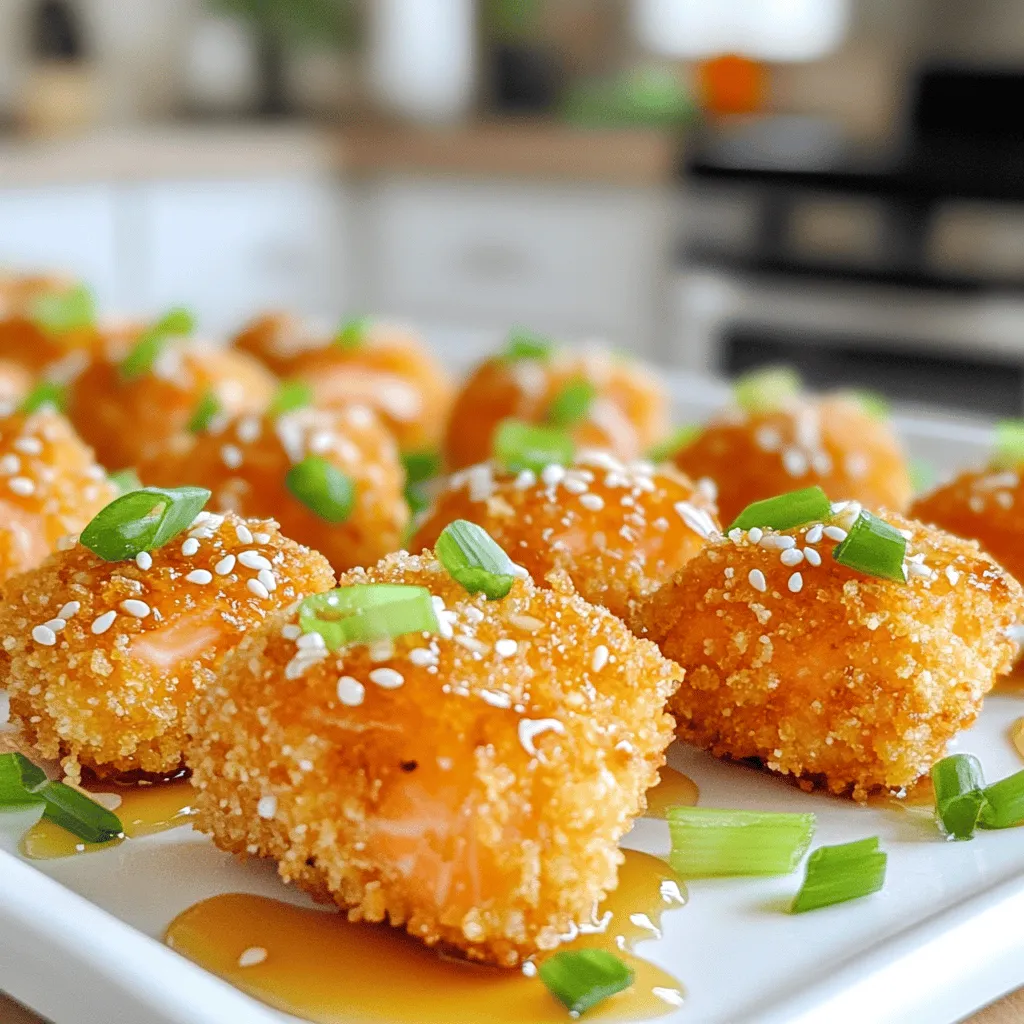For these tasty bites, you need just a few main items. They are: - 1 lb skinless salmon fillet, cut into bite-sized cubes - 1/4 cup honey - 3 tablespoons soy sauce - 2 cloves garlic, minced - 1 tablespoon fresh ginger, grated These ingredients bring great flavor to your salmon. The marinade is key to making these bites tasty. Here’s what you need: - 1 tablespoon sesame oil - Salt and pepper, to taste Mix these with the main ingredients to create a sweet and savory soak for your salmon. A good coating makes the bites crispy. You will need: - 1 tablespoon cornstarch - 1/2 cup panko breadcrumbs This mix gives the salmon that crunchy texture that everyone loves. For the full recipe, check out the detailed steps to create these crispy honey garlic salmon bites! To start, grab a large mixing bowl. Add 1/4 cup honey, 3 tablespoons soy sauce, 2 minced garlic cloves, and 1 tablespoon of fresh ginger. Sprinkle in a pinch of salt and pepper. Whisk the mixture well. This marinade packs in great flavor. You want every bite to taste amazing. Next, take 1 pound of skinless salmon fillet. Cut it into bite-sized cubes. Gently place the salmon into the bowl with the marinade. Use a soft tossing motion to coat each piece. Make sure all the salmon is covered. Let it marinate for at least 15 minutes. This helps the salmon soak up all those tasty flavors. In a separate shallow bowl, mix 1 tablespoon cornstarch with 1/2 cup panko breadcrumbs. Stir it until well combined. After marinating, take each salmon cube and coat it in the cornstarch and breadcrumb mix. Press lightly to ensure a good coating. This step is key for that crispy outer layer. Now, heat 1 tablespoon of sesame oil in a non-stick skillet over medium-high heat. Once the oil is hot and shimmering, place the coated salmon bites in a single layer. Cook for 2-3 minutes until golden brown and crispy. Carefully flip each piece and cook for another 2-3 minutes. You want them crispy and fully cooked. When they are done, transfer the salmon bites to a plate lined with paper towels. This helps absorb any extra oil. If you have leftover marinade, drizzle it over the salmon for more flavor. Enjoy your crispy honey garlic salmon bites as a tasty snack or appetizer. You can find the full recipe at the beginning of this article. For the best crunch, use panko breadcrumbs. They are light and airy, giving a great texture. Before coating the salmon, make sure to dry it well. This helps the coating stick better. Dredge each salmon piece in cornstarch first. This layer traps moisture and enhances crunch. Fry the salmon in hot sesame oil. The oil should shimmer before you add the bites. This ensures they fry quickly, creating a crispy outer layer. To boost flavor, try adding a splash of lemon juice to the marinade. It brightens the dish and balances the sweetness. You can also mix in a bit of sriracha for heat. If you love herbs, consider adding chopped cilantro or basil. These fresh herbs add a nice touch. For a sweet twist, sprinkle some brown sugar in the marinade. This caramelizes when you cook the salmon and deepens the flavor. Serve the crispy salmon bites on a pretty platter. Garnish with chopped green onions and sesame seeds for color. A side of steamed veggies pairs well. They add freshness and color to the plate. You can also serve these bites with a dipping sauce, like soy sauce or sweet chili sauce. This adds extra flavor and makes them fun to eat. For a complete meal, add a simple salad on the side. For the full recipe, check [Full Recipe]. {{image_4}} You can swap salmon for other proteins. Chicken works great in this recipe. Cut it into small cubes just like the salmon. If you prefer seafood, try shrimp or scallops. Both will soak up the honey garlic flavors well. Just adjust the cooking time. Shrimp cooks faster, while chicken needs a bit longer. To make this dish gluten-free, choose gluten-free soy sauce. You can also use tamari as a substitute. For the coating, replace panko breadcrumbs with crushed gluten-free crackers. These options keep the crunch you love. They offer a nice texture while staying gluten-free. You can change the flavor of your salmon bites easily. For a spicy kick, add red pepper flakes to the marinade. You can also use lime juice instead of soy sauce for a fresh twist. Another option is to add herbs like cilantro or basil to the marinade. Each variation brings a new taste to the dish, keeping it exciting and fun. Check the Full Recipe for more ideas! After you make your crispy honey garlic salmon bites, let them cool down. Place them in an airtight container. They stay fresh in the fridge for up to three days. Make sure to keep them away from strong-smelling foods. This way, they won’t absorb any unwanted odors. If you want to save some bites for later, freezing is a great option. First, let the salmon bites cool completely. Then, arrange them in a single layer on a baking sheet. Freeze them for about one hour until firm. After that, transfer them to a freezer bag. They can stay in the freezer for up to three months. Just remember to label the bag with the date. Reheating crispy salmon bites is easy. You can use an oven or an air fryer. Preheat the oven to 350°F (175°C). Place the bites on a baking sheet and heat for about ten minutes. If you use an air fryer, set it to 350°F and heat for around 5-7 minutes. This way, they stay crispy and tasty. Avoid using a microwave, as it can make them soggy. For the best flavor, drizzle some leftover marinade over them before serving. Enjoy your delicious bites again! For the full recipe, click here. Cook salmon bites for about 4 to 6 minutes. You want them crispy and fully cooked. Start with 2 to 3 minutes on one side. Then flip and cook for another 2 to 3 minutes. Keep an eye on them. They should turn golden brown and feel firm to the touch. Yes, you can use frozen salmon. Just thaw it first. Place it in the fridge overnight or run it under cold water. After thawing, pat the salmon dry. This helps the marinade stick better. Then, follow the full recipe as usual. Serve these bites with many tasty sides. Try a fresh garden salad for crunch. Steamed veggies add color and nutrition. You can also pair them with rice or quinoa for a filling meal. Don't forget a tasty dipping sauce. A sweet chili sauce or soy sauce works great! In this blog post, we explored how to make crispy honey garlic salmon bites. We covered the key ingredients and the step-by-step process to prepare, marinate, coat, and cook the salmon. I shared tips for a crunchy texture and tasty flavor ideas. You also learned about variations, storage, and answered common questions. Try this recipe for a fun meal or snack. You’ll impress friends and family with these bites!