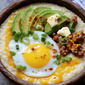 For a tasty Grits Breakfast Bowl, you need: - 1 cup white or yellow grits - 4 cups water or vegetable broth - 1 cup shredded sharp cheddar cheese - 2 tablespoons unsalted butter - 4 large eggs - ½ cup cooked turkey sausage, crumbled (or plant-based sausage for a vegetarian option) - 1 ripe avocado, sliced - ¼ cup green onions, finely chopped - Salt and black pepper, to taste - Hot sauce, for drizzling (optional) These ingredients work together to create a creamy and hearty meal. The grits form a rich base, while the cheese adds a nice sharpness. You can customize your bowl with fun add-ins. Here are some options: - Cooked bacon or ham - Sautéed spinach or kale - Diced tomatoes - Roasted red peppers - Fresh herbs like cilantro or parsley - A dollop of sour cream or Greek yogurt These extras let you mix and match flavors, making each bowl unique. To make this dish, gather these tools: - Medium saucepan for cooking grits - Non-stick skillet for frying eggs and sausage - Whisk for mixing grits - Serving bowls for the final dish Having the right tools helps you cook better and faster. With these, you can easily whip up a delicious breakfast. To start, grab a medium saucepan. Pour in 4 cups of water or vegetable broth. Turn the heat to high and bring it to a boil. Once it bubbles, lower the heat to medium. Gradually whisk in 1 cup of grits. Keep stirring so there are no lumps. After that, reduce the heat to low. Let the grits simmer uncovered for 20 to 25 minutes. Stir now and then until they look creamy. When they are almost done, add 2 tablespoons of unsalted butter and 1 cup of shredded sharp cheddar cheese. Mix until the cheese melts. Season with salt and black pepper to taste. While the grits cook, take a non-stick skillet and heat it over medium heat. Crack 4 large eggs into the skillet. Cook them sunny-side up or over-easy, as you like. In the same skillet, add ½ cup of cooked turkey sausage, crumbled. Cook it for a few minutes until it’s warm and has crispy edges. Now it’s time to build your bowl. Start by spooning a big scoop of creamy grits into each bowl. Next, add the cooked sausage on top. Then, place a fried egg right in the center. Finish with slices of 1 ripe avocado. Sprinkle ¼ cup of finely chopped green onions over the top. If you want some heat, drizzle hot sauce on your bowl. Enjoy your flavorful grits breakfast bowl! For the full recipe, check out the details above. To get smooth, creamy grits, use good broth or water. Start with a strong boil. Slowly whisk in the grits to prevent lumps. After they start to simmer, lower the heat. Let them cook while stirring often. This helps them become fluffy and soft. You want them to cling together but stay creamy. Cooking eggs can change your bowl's vibe. For sunny-side up eggs, cook them on medium heat. This gives you a runny yolk and a nice white. If you prefer your eggs cooked through, go for over-easy. Flip them carefully to keep the yolk intact. You can also scramble the eggs for a different texture. Just whisk them in a bowl before cooking. Spice things up to make your grits pop. Add salt and black pepper for basic flavor. If you want a kick, drizzle some hot sauce on top. Other great options include smoked paprika or garlic powder. Fresh herbs like chives or parsley can brighten the dish, too. For a richer taste, consider mixing in some cheese. Cheddar works well, but you can experiment with others. There’s a lot of room for creativity here. Check out the Full Recipe for more ideas! {{image_4}} For a vegetarian twist, skip the sausage. You can use plant-based sausage instead. This option keeps the bowl hearty and full of flavor. Consider adding sautéed mushrooms and spinach for extra nutrition. They add a nice earthy taste that pairs well with grits. You can top with fresh herbs like parsley or basil for a pop of color. To make a Southern-style bowl, focus on the basics. Use rich, creamy grits as your base. Top them with crispy bacon or fried chicken for protein. A drizzle of gravy can enhance the flavors, making it truly Southern. Add pickled jalapeños for a spicy kick. This version is sure to fill you up and keep you satisfied. Use seasonal vegetables to brighten your bowl. In spring, add asparagus and peas for freshness. In fall, roasted butternut squash and kale work beautifully. These veggies not only taste great but also add color and texture. Toss in some cherry tomatoes for sweetness. This variation makes your meal more vibrant and nutritious. Try these variations based on your taste and what you have at home. Each option keeps the spirit of the Grits Breakfast Bowl while adding your unique touch. You can find the full recipe to get started on your own delicious creation. To store leftovers, let the grits cool down first. Then, place them in an airtight container. You can keep them in the fridge for up to four days. Make sure to cover them well to keep them fresh. If you have toppings, store them separately to keep everything from getting soggy. When you want to reheat the grits, add a splash of water or broth. This will help them regain their creamy texture. Heat them in a saucepan over low heat. Stir often and check if they are warm enough. You can also use the microwave. Just heat in short bursts, stirring in between. You can freeze grits for later use. Place them in freezer-safe bags or containers. Make sure to squeeze out as much air as possible. They can last up to three months in the freezer. For best taste, freeze toppings like sausage and cheese separately. Thaw them in the fridge before reheating. This way, you can enjoy a quick and tasty meal from your Grits Breakfast Bowl later! To make grits from scratch, start with water or broth. Boil 4 cups in a pot. Slowly whisk in 1 cup of grits. Stir well to avoid lumps. Reduce heat and let them simmer. Cook for 20-25 minutes until creamy. Add butter, cheese, salt, and pepper to taste. This method gives you rich, flavorful grits. Yes, you can use instant grits. They cook faster and are easy to prepare. Just follow the package instructions. Instant grits can save time, but they may lack some texture. For a more traditional flavor, I recommend using regular grits. You have many tasty protein choices! Here are a few: - Cooked turkey sausage - Plant-based sausage for a vegetarian option - Crispy bacon or pancetta - Scrambled eggs - Grilled chicken or shrimp These proteins pair well with the creamy grits. Mix and match to find your favorite! For the full recipe, check out the Grits Breakfast Bowl Delight. You learned how to make a tasty grits breakfast bowl. We covered main ingredients, optional add-ins, and the best tools. I shared how to prepare the grits, cook the eggs and sausage, and assemble your dish. We explored tips to get the right texture and enhance flavors, plus fun variations and storage advice. Now, it’s time to enjoy your creation. With simple steps and fresh ingredients, you can make this breakfast both fun and delicious. Happy cooking!