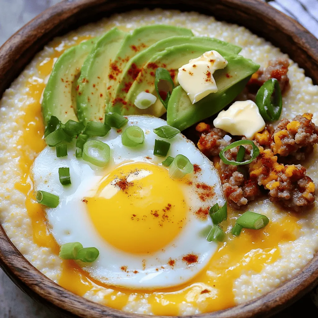 For a tasty Grits Breakfast Bowl, you need: - 1 cup white or yellow grits - 4 cups water or vegetable broth - 1 cup shredded sharp cheddar cheese - 2 tablespoons unsalted butter - 4 large eggs - ½ cup cooked turkey sausage, crumbled (or plant-based sausage for a vegetarian option) - 1 ripe avocado, sliced - ¼ cup green onions, finely chopped - Salt and black pepper, to taste - Hot sauce, for drizzling (optional) These ingredients work together to create a creamy and hearty meal. The grits form a rich base, while the cheese adds a nice sharpness. You can customize your bowl with fun add-ins. Here are some options: - Cooked bacon or ham - Sautéed spinach or kale - Diced tomatoes - Roasted red peppers - Fresh herbs like cilantro or parsley - A dollop of sour cream or Greek yogurt These extras let you mix and match flavors, making each bowl unique. To make this dish, gather these tools: - Medium saucepan for cooking grits - Non-stick skillet for frying eggs and sausage - Whisk for mixing grits - Serving bowls for the final dish Having the right tools helps you cook better and faster. With these, you can easily whip up a delicious breakfast. To start, grab a medium saucepan. Pour in 4 cups of water or vegetable broth. Turn the heat to high and bring it to a boil. Once it bubbles, lower the heat to medium. Gradually whisk in 1 cup of grits. Keep stirring so there are no lumps. After that, reduce the heat to low. Let the grits simmer uncovered for 20 to 25 minutes. Stir now and then until they look creamy. When they are almost done, add 2 tablespoons of unsalted butter and 1 cup of shredded sharp cheddar cheese. Mix until the cheese melts. Season with salt and black pepper to taste. While the grits cook, take a non-stick skillet and heat it over medium heat. Crack 4 large eggs into the skillet. Cook them sunny-side up or over-easy, as you like. In the same skillet, add ½ cup of cooked turkey sausage, crumbled. Cook it for a few minutes until it’s warm and has crispy edges. Now it’s time to build your bowl. Start by spooning a big scoop of creamy grits into each bowl. Next, add the cooked sausage on top. Then, place a fried egg right in the center. Finish with slices of 1 ripe avocado. Sprinkle ¼ cup of finely chopped green onions over the top. If you want some heat, drizzle hot sauce on your bowl. Enjoy your flavorful grits breakfast bowl! For the full recipe, check out the details above. To get smooth, creamy grits, use good broth or water. Start with a strong boil. Slowly whisk in the grits to prevent lumps. After they start to simmer, lower the heat. Let them cook while stirring often. This helps them become fluffy and soft. You want them to cling together but stay creamy. Cooking eggs can change your bowl's vibe. For sunny-side up eggs, cook them on medium heat. This gives you a runny yolk and a nice white. If you prefer your eggs cooked through, go for over-easy. Flip them carefully to keep the yolk intact. You can also scramble the eggs for a different texture. Just whisk them in a bowl before cooking. Spice things up to make your grits pop. Add salt and black pepper for basic flavor. If you want a kick, drizzle some hot sauce on top. Other great options include smoked paprika or garlic powder. Fresh herbs like chives or parsley can brighten the dish, too. For a richer taste, consider mixing in some cheese. Cheddar works well, but you can experiment with others. There’s a lot of room for creativity here. Check out the Full Recipe for more ideas! {{image_4}} For a vegetarian twist, skip the sausage. You can use plant-based sausage instead. This option keeps the bowl hearty and full of flavor. Consider adding sautéed mushrooms and spinach for extra nutrition. They add a nice earthy taste that pairs well with grits. You can top with fresh herbs like parsley or basil for a pop of color. To make a Southern-style bowl, focus on the basics. Use rich, creamy grits as your base. Top them with crispy bacon or fried chicken for protein. A drizzle of gravy can enhance the flavors, making it truly Southern. Add pickled jalapeños for a spicy kick. This version is sure to fill you up and keep you satisfied. Use seasonal vegetables to brighten your bowl. In spring, add asparagus and peas for freshness. In fall, roasted butternut squash and kale work beautifully. These veggies not only taste great but also add color and texture. Toss in some cherry tomatoes for sweetness. This variation makes your meal more vibrant and nutritious. Try these variations based on your taste and what you have at home. Each option keeps the spirit of the Grits Breakfast Bowl while adding your unique touch. You can find the full recipe to get started on your own delicious creation. To store leftovers, let the grits cool down first. Then, place them in an airtight container. You can keep them in the fridge for up to four days. Make sure to cover them well to keep them fresh. If you have toppings, store them separately to keep everything from getting soggy. When you want to reheat the grits, add a splash of water or broth. This will help them regain their creamy texture. Heat them in a saucepan over low heat. Stir often and check if they are warm enough. You can also use the microwave. Just heat in short bursts, stirring in between. You can freeze grits for later use. Place them in freezer-safe bags or containers. Make sure to squeeze out as much air as possible. They can last up to three months in the freezer. For best taste, freeze toppings like sausage and cheese separately. Thaw them in the fridge before reheating. This way, you can enjoy a quick and tasty meal from your Grits Breakfast Bowl later! To make grits from scratch, start with water or broth. Boil 4 cups in a pot. Slowly whisk in 1 cup of grits. Stir well to avoid lumps. Reduce heat and let them simmer. Cook for 20-25 minutes until creamy. Add butter, cheese, salt, and pepper to taste. This method gives you rich, flavorful grits. Yes, you can use instant grits. They cook faster and are easy to prepare. Just follow the package instructions. Instant grits can save time, but they may lack some texture. For a more traditional flavor, I recommend using regular grits. You have many tasty protein choices! Here are a few: - Cooked turkey sausage - Plant-based sausage for a vegetarian option - Crispy bacon or pancetta - Scrambled eggs - Grilled chicken or shrimp These proteins pair well with the creamy grits. Mix and match to find your favorite! For the full recipe, check out the Grits Breakfast Bowl Delight. You learned how to make a tasty grits breakfast bowl. We covered main ingredients, optional add-ins, and the best tools. I shared how to prepare the grits, cook the eggs and sausage, and assemble your dish. We explored tips to get the right texture and enhance flavors, plus fun variations and storage advice. Now, it’s time to enjoy your creation. With simple steps and fresh ingredients, you can make this breakfast both fun and delicious. Happy cooking!
