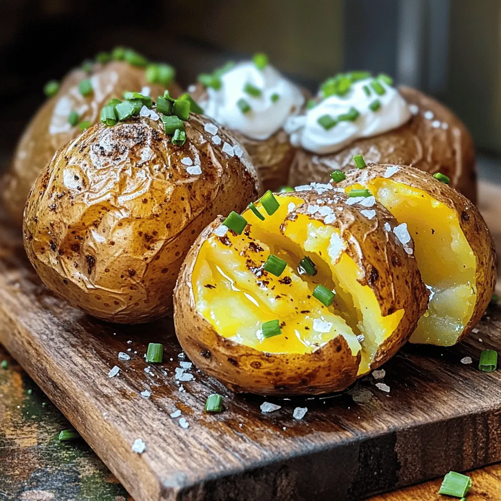 - 4 medium russet potatoes - 2 tablespoons olive oil - 1 teaspoon sea salt - 1/2 teaspoon black pepper - 1 teaspoon garlic powder - 1 teaspoon paprika (smoked or regular) - Optional toppings: sour cream, fresh chives, shredded cheese, crispy bacon bits When I make air fryer baked potatoes, I love using russet potatoes. They have a fluffy inside and a crispy skin that makes them perfect. You start with four medium russet potatoes. Make sure they are firm and have no blemishes. Next, you need some olive oil. Two tablespoons will do the trick. It helps the skin get that golden brown color and adds flavor. For seasoning, I use one teaspoon of sea salt and half a teaspoon of black pepper. These basic spices enhance the potato’s natural taste. I also add one teaspoon of garlic powder. It gives the potatoes a nice, savory kick. Lastly, I sprinkle in one teaspoon of paprika. You can choose smoked or regular, depending on your taste. Smoked paprika adds a deeper flavor. Don’t forget about the toppings! You can add sour cream, fresh chives, shredded cheese, or crispy bacon bits if you like. These add extra flavor and make the dish feel special. For the full recipe, follow the steps to create this crispy and delicious dish! - Thoroughly wash and scrub the russet potatoes. - Pat the potatoes dry with a paper towel. To start, you want your russet potatoes to be clean. Wash them well to remove dirt. Scrubbing them helps to ensure a crispier skin. After washing, use a paper towel to dry them. This step is key for that perfect crunch. - Prick each potato with a fork. - Mix the seasoning ingredients in a bowl. Next, grab a fork and prick each potato about five times. This step lets steam escape. It prevents the potatoes from bursting while cooking. Now, mix your seasoning. In a bowl, combine olive oil, sea salt, black pepper, garlic powder, and paprika. Stir until well-blended to create a tasty coating. - Coat the potatoes with the seasoning. - Preheat the air fryer to 400°F (200°C). - Arrange and cook the potatoes in the air fryer. Now, take each potato and rub the seasoning all over it. Make sure every inch is covered. This ensures great flavor and crispiness. Preheat your air fryer to 400°F (200°C) for about five minutes. Once hot, place the potatoes in the basket. Leave space between each one. Cook them for 35-40 minutes, turning halfway for even cooking. They are ready when the skin is crispy and a fork goes through easily. - Let the potatoes cool for a few minutes. - Slice open and add toppings. After cooking, carefully remove the potatoes. Let them cool for about 2-3 minutes. This makes them easier to handle. Slice them open and fluff the insides with a fork. Now comes the fun part: adding toppings! Use sour cream, chives, cheese, or bacon bits to make them your own. If you want to see the full recipe, check it out. Enjoy your crispy, delicious air fryer baked potatoes! To get that perfect crispy skin on your baked potatoes, start by drying them well. After washing, use a paper towel to pat them dry. A dry surface helps the skin crisp up nicely. Preheating your air fryer is key too. Set it to 400°F (200°C) for about 5 minutes. This heat creates a crunchy shell that seals in the soft potato inside. To make your baked potatoes even tastier, try adding spices. You can mix in some onion powder or cayenne pepper for a kick. Fresh herbs like rosemary or thyme also work great. When it comes to toppings, the options are endless! Sour cream and chives are classic choices. You can also add shredded cheese or crispy bacon bits for a savory treat. The size of your potatoes can affect cooking time. For smaller potatoes, check them at 30 minutes. Larger ones might need up to 45 minutes. Each air fryer cooks a bit differently. If your model runs hot, reduce the time to avoid burning. Always use a fork to test if they’re done. A fork should slide in easily when they are ready. {{image_4}} Loaded baked potatoes are a fun twist on the classic. You can add many toppings to make them special. Here’s a simple recipe to create your loaded baked potatoes. Ingredients: - 4 medium russet potatoes - 1 cup shredded cheese (cheddar or your favorite) - 1/2 cup sour cream - 1/2 cup crispy bacon bits (omit if avoiding pork) - 1/4 cup chopped green onions or chives - Optional: sautéed mushrooms, jalapeños, or broccoli To make loaded baked potatoes, start by cooking the potatoes as you normally would. Once they are done, slice them open. Fluff the insides with a fork. Then, add the cheese first, allowing it to melt. Next, top with sour cream, bacon bits, and green onions. Mix vegetarian options by using sautéed mushrooms or steamed broccoli. Herbs and cheese can elevate your baked potatoes. Adding fresh or dried herbs can give a nice touch. Try using rosemary, thyme, or parsley. They add flavor and make the dish look beautiful. Cheese Choices: - Cheddar - Gruyère - Feta - Goat cheese To infuse herbs into your seasoning, chop them finely and mix them with olive oil. Rub this mixture on the potatoes before cooking. For cheese, sprinkle it on top after baking. The cheese will melt perfectly, creating a delicious layer of flavor. Sweet potatoes are another great option for air fryer baked potatoes. They are naturally sweet and packed with nutrients. Here’s how to make sweet potato baked potatoes in the air fryer. Ingredients for Sweet Potatoes: - 4 medium sweet potatoes - 1 tablespoon olive oil - 1 teaspoon cinnamon - 1 tablespoon brown sugar (optional) - Toppings: butter, maple syrup, or chopped nuts Start by cooking the sweet potatoes in the air fryer as you would russet potatoes. After baking, slice them open and fluff the insides. For seasoning, mix olive oil with cinnamon and brown sugar. Drizzle this mixture over the sweet potatoes for added sweetness. You can also add butter or maple syrup for extra flavor. For more details, check the Full Recipe. To store leftover baked potatoes, let them cool first. Place them in an airtight container. Make sure to separate layers with parchment paper. This keeps them from sticking together. Store the container in the fridge. They will taste best if eaten within three to four days. When you are ready to eat, reheat them in the air fryer for about 5–10 minutes. This will keep the skin crispy. If you want to freeze baked potatoes, cool them completely first. Wrap each potato tightly in plastic wrap. Then, place them in a freezer bag. Remove as much air as you can from the bag. This helps prevent freezer burn. When you want to eat them, take the potatoes out and let them defrost in the fridge overnight. Reheat them in the air fryer until hot. Baked potatoes can last up to four days in the fridge. If you freeze them, they can last for up to three months. Always check for any signs of spoilage before eating. If they smell off or look strange, it’s best to throw them away. Keeping track of how long they have been stored helps ensure you enjoy them at their best! To cook baked potatoes in an air fryer, set it to 400°F (200°C). Cook for 35 to 40 minutes. Make sure to turn the potatoes halfway through for even cooking. They are ready when the skin is crispy and a fork easily goes through the center. Yes, you can cook other types of potatoes in the air fryer. Try Yukon Gold or red potatoes for different flavors. Fingerling potatoes are great too, and they cook quickly. Just adjust the cooking time based on the size. One common mistake is not drying the potatoes well. Water on the skin can make them soft, not crispy. Another mistake is overcrowding the basket. Give each potato space for air to flow. This helps them cook evenly. Yes, you can use parchment paper in the air fryer. It helps catch drips and keeps the basket clean. Just make sure it does not block the air flow. Cut it to size and place it under the food. Always check the parchment for safety based on your air fryer model. You now have all the steps to make perfect air fryer baked potatoes. We've covered everything from choosing the right ingredients to cooking tips that ensure crispy skin. Don't forget to get creative with toppings and flavors. Whether you prefer classic loaded potatoes or sweet versions, there's a recipe for everyone. Remember, proper storage methods will keep your leftovers fresh. I hope you enjoy making and eating these baked potatoes as much as I do!