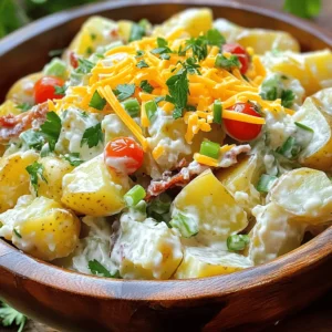 - 4 large russet potatoes - 1 cup sour cream - 1/2 cup mayonnaise - 1 tablespoon Dijon mustard - 1 cup shredded sharp cheddar cheese For a great loaded potato salad, start with the right ingredients. The russet potatoes give you the perfect fluffy texture. You want them to be soft but not mushy. Sour cream and mayonnaise add creaminess, while the Dijon mustard gives a slight tang. Don't skip the sharp cheddar; it adds rich flavor and depth. - Crumbled turkey bacon or vegan substitute - Green onions and cherry tomatoes - Seasonings: garlic powder, onion powder, smoked paprika You can customize your salad with fun add-ins. Crumbled turkey bacon adds crunch and savory notes. If you are vegan, a plant-based bacon works well too. Green onions give a fresh taste, while cherry tomatoes add sweetness. Seasonings like garlic powder, onion powder, and smoked paprika can elevate the flavor. Mix and match these to suit your taste. - Calories and macronutrients per serving - Healthier alternatives for ingredients - Tips for reducing calories or fat content Loaded potato salad can be hearty. Each serving has about 300 calories, depending on your add-ins. You can make it lighter by using Greek yogurt instead of sour cream. Choose low-fat mayonnaise to cut down on fat. To further reduce calories, skip the bacon or use less cheese. These swaps keep the taste while making it healthier. For the full recipe, check out the amazing details to create this delicious dish! To start, you need to boil the potatoes. Grab four large russet potatoes. Peel them and cut them into even cubes. Place the potato cubes in a large pot of salted water. Turn the heat up high to bring it to a boil. Once the water boils, lower the heat to medium. Let the potatoes cook for about 10 to 12 minutes. You want them to be fork-tender but not mushy. Check them with a fork. If the fork goes in easily, they are ready. Carefully drain them in a colander and let them cool for a few minutes. Next, let’s make the dressing. In a big mixing bowl, add one cup of sour cream and half a cup of mayonnaise. Then, mix in one tablespoon of Dijon mustard, one teaspoon of garlic powder, and one teaspoon of onion powder. Also, add half a teaspoon of smoked paprika. Don’t forget to sprinkle in some salt and freshly cracked black pepper. Whisk everything together until it’s smooth. This creates a creamy dressing that coats the potatoes well. Now, it’s time to combine the salad. When the potatoes have cooled slightly, gently fold them into the creamy dressing. Be careful not to break the potato cubes too much. You want them to stay mostly whole. Once the potatoes are coated, add in one cup of shredded sharp cheddar cheese, half a cup of crumbled turkey bacon, half a cup of sliced green onions, and half a cup of halved cherry tomatoes. Stir gently to mix everything evenly. This step ensures that each bite is full of flavor. For the complete recipe, check out the Full Recipe. To make your loaded potato salad pop, you need to season at every step. Start with the water for boiling the potatoes. A pinch of salt can make a big difference. When you mix the dressing, ensure you add enough salt and pepper. Taste the salad before serving. If it needs more flavor, add a bit more seasoning. Chilling your salad is key. I suggest letting it rest in the fridge for at least one hour. This time allows all the flavors to blend well. The longer it chills, the better it tastes. Sometimes, your dressing may feel too thick or thin. If it’s too thick, add a splash of milk or a bit more sour cream. For a thinner dressing, just whisk in a little more mayonnaise. You can also try other dressings. For example, ranch or vinaigrette can add a unique twist. Just ensure the flavors match the other ingredients. How you present your salad can make it even more appealing. You can garnish with fresh herbs like parsley or chives. They not only add flavor but also look nice. Choose a serving dish that enhances your salad. A colorful bowl can make the dish stand out. You can even use individual cups for a fun touch. Your guests will love the effort you put into showing off your loaded potato salad! {{image_4}} You can easily make this loaded potato salad fit many diets. For a vegan or vegetarian version, swap out sour cream and mayonnaise for dairy-free options. Use vegan cheese and a plant-based bacon alternative to keep the taste rich. For gluten-free needs, check the labels on your condiments. Most are safe, but always confirm. Want to kick up the flavor? Add olives, bell peppers, or jalapeños. These ingredients bring a nice crunch and zest. If you like heat, try adding some diced pickled jalapeños or a dash of hot sauce. Different cheese types can also change the taste. Use pepper jack for spice or feta for a tangy twist. Think about the season when you make this salad. In summer, add fresh corn or diced cucumbers for a refreshing crunch. For fall, consider roasted sweet potatoes or apples for a sweet touch. You can even make it festive! During the holidays, add cranberries or nuts for a colorful look and a delightful taste. Each season brings new ways to enjoy this dish! To keep your loaded potato salad fresh, store it in the fridge. Use an airtight container. This will help keep the flavors intact. The salad will last about 3 to 5 days. If you see any signs of spoilage, toss it out. For leftovers, cool the salad before placing it in the container. This prevents moisture buildup inside. Make sure to seal it well. Label it with the date to track freshness. You can freeze loaded potato salad, but I don't recommend it. When you freeze it, the texture may change. The potatoes can become mushy when thawed. If you still want to freeze it, use a freezer-safe container. Leave some space for expansion. When you're ready to eat it, thaw it in the fridge overnight. To reheat, place it in a pan on low heat. Stir gently to avoid breaking the potatoes. You can also add a bit of sour cream for creaminess. Before serving, refresh your salad. Stir it well to mix the ingredients. If it seems dry, add a splash of sour cream or mayonnaise. This will bring back its creamy texture. For leftovers, consider adding fresh toppings. Chopped herbs, extra bacon, or cheese can boost flavor. You can also mix in some diced veggies for a fresh twist. These simple enhancements can make your loaded potato salad even more enjoyable. The best potatoes for potato salad are russet potatoes. They are starchy and fluffy. This gives your salad a nice texture. Other good options are Yukon Gold potatoes. They are creamy and hold their shape well. Avoid waxy potatoes like red or new potatoes. They can make the salad too mushy. You can store loaded potato salad in the fridge for about 3 to 5 days. Make sure to keep it in an airtight container. This helps keep it fresh and safe to eat. Always check for any signs of spoilage before serving. Yes, you can make loaded potato salad ahead of time. This is a great way to save time on busy days. - How will making it ahead affect the flavors? Making it ahead allows the flavors to mix and deepen. The salad tastes even better after chilling for a few hours. - What adjustments might be needed upon serving? You may need to add a little more dressing when serving. It can dry out in the fridge. Just stir gently to combine. Loaded potato salad pairs well with many dishes. Here are some ideas: - Recommended sides and main dishes: - Grilled chicken or steak - Barbecue ribs - Fresh green salad - Corn on the cob - Pairing beverages that complement the dish: - Iced tea or lemonade - Light beers or craft ales - Sparkling water with lemon or lime Loaded potato salad is a perfect dish for any gathering. We explored essential ingredients like russet potatoes, sour cream, and cheddar cheese. Optional add-ins enhance flavors, while nutritional info helps you make smart choices. Step-by-step instructions guide you through cooking and mixing, ensuring success. In the end, try tips for flavor and presentation. Experiment with variations for every diet. Store wisely for freshness. With these insights, you’ll make a loaded potato salad that impresses everyone at your table. Enjoy creating and sharing this delicious dish!