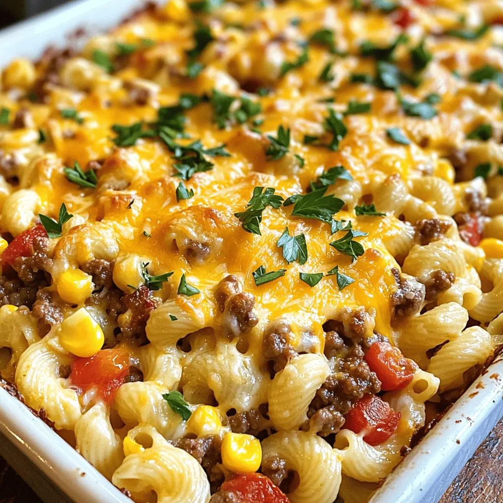 To make a tasty Cheddar Ranch Beef & Corn Pasta Bake, you need the following ingredients: - 12 oz. elbow macaroni - 1 lb ground beef (preferably lean) - 1 cup frozen corn, thawed - 1 packet ranch seasoning mix (about 1 oz) - 2 cups shredded cheddar cheese, divided - 1 can (14.5 oz) diced tomatoes with green chilies, drained - 1 cup sour cream (preferably full-fat) - 1 cup milk (whole or 2% for best creaminess) - 1 tablespoon olive oil - Salt and black pepper to taste - Fresh parsley, chopped for garnish (optional) When picking out your ingredients, focus on freshness. Here are some tips: - Ground Beef: Choose lean ground beef. Look for bright red color and no brown spots. - Cheddar Cheese: Opt for block cheese instead of pre-shredded. It melts better. - Corn: Fresh corn is great, but frozen works well too. Just make sure it’s thawed. - Tomatoes: Look for firm tomatoes without blemishes. Canned is fine, just check the date. - Herbs: If using fresh parsley, choose bright green leaves without wilting. You can switch things up in this dish. Here are some fun ideas: - Protein Swap: Try using ground turkey or chicken for a lighter option. - Veggie Boost: Add bell peppers or spinach for extra color and nutrients. - Cheese Choices: Mix in pepper jack cheese for a spicy kick. - Dairy Alternatives: Use Greek yogurt instead of sour cream for added protein. - Gluten-Free: Swap elbow macaroni with gluten-free pasta to suit dietary needs. Feel free to explore these ideas to make the dish your own! For the full recipe, check out the detailed instructions. Cooking the Cheddar Ranch Beef & Corn Pasta Bake is easy and fun. Start by preheating your oven to 350°F (175°C). This step ensures your dish bakes evenly. While the oven heats, cook the elbow macaroni in a large pot of boiling water. Drain it well, and set it aside. Next, brown the ground beef in a large skillet. Heat a tablespoon of olive oil over medium heat. Add the beef, breaking it apart as it cooks. Once it’s fully browned, drain any extra fat. Now, mix in the ranch seasoning, thawed corn, and drained diced tomatoes. Stir for about five minutes until heated through. In a big mixing bowl, combine the cooked macaroni, beef mixture, sour cream, and milk. Mix until everything blends nicely. Gently fold in 1.5 cups of shredded cheddar cheese. Save 0.5 cups for later. Season with salt and black pepper to taste. Preheat your oven to 350°F (175°C) before you start. This ensures that your pasta bake cooks properly. The total cooking time is about 50 minutes, with 25-30 minutes in the oven. This gives the cheese a chance to get bubbly and golden. To layer the dish, first grease a 9x13 inch baking dish. Pour the creamy pasta and beef mixture into it, spreading it evenly. Sprinkle the reserved 0.5 cups of cheddar cheese on top. This will create a tasty crust as it bakes. Place the dish in the oven and let it bake until the cheese is golden brown. After it’s done, let it cool for five minutes before serving. Enjoy every bite of this hearty dish! To boost the taste of your Cheddar Ranch Beef & Corn Pasta Bake, use fresh herbs. Chopped basil or oregano adds a nice touch. You can also add a splash of hot sauce for some heat. Mixing in sautéed onions and bell peppers can add depth. Try different cheese types for a unique flavor twist. A sprinkle of smoked paprika gives it a warm, earthy taste. One big mistake is overcooking the pasta. You want it al dente, not mushy. Don't skip draining the canned tomatoes well; excess liquid can make the bake soupy. Ensure you mix the ranch seasoning well with the beef. This helps distribute the flavor evenly. Finally, remember to let the dish rest before serving. This helps the flavors meld together. Serve your pasta bake with a simple side salad for a fresh balance. Garlic bread makes for a great pairing as well. If you want some crunch, add crushed tortilla chips on top. This adds texture and flavor. For a fun twist, serve with pickled jalapeños on the side. You can also garnish with fresh parsley for a pop of color. Enjoy your meal with family or friends! {{image_4}} You can easily make a vegetarian version of this dish. Instead of ground beef, use lentils or black beans. These add protein and flavor. You can also use mushrooms for a meaty texture. Add extra veggies, such as bell peppers or zucchini, for more color and nutrients. This way, you keep the dish hearty and filling. For a gluten-free pasta bake, choose gluten-free elbow macaroni. Many brands offer great options that taste just as good. Ensure your ranch seasoning mix is gluten-free too. Check the label for any hidden gluten sources. You can also use quinoa or rice as a pasta replacement. Both add a unique flavor while keeping the dish gluten-free. Get creative with your toppings and spices. You can mix in spinach or kale for added greens. A dash of cayenne can spice up the flavor. Consider adding some diced jalapeños for heat. For a twist, sprinkle some smoked paprika on top before baking. These additions make the dish even more exciting and tasty. To see how these variations come together, check the Full Recipe. To keep your Cheddar Ranch Beef & Corn Pasta Bake fresh, store it in an airtight container. Make sure it cools to room temperature first. This helps prevent moisture build-up. It stays tasty in the fridge for up to three days. If you want to enjoy it later, consider freezing it instead. When you're ready to enjoy leftovers, preheat your oven to 350°F (175°C). Place the pasta bake in an oven-safe dish. Cover it with foil to keep it moist. Heat for about 20-25 minutes, or until it’s warm all the way through. This method keeps the cheese creamy and delicious. You can also reheat individual portions in the microwave. Just warm them in short intervals and stir in between. If you want to freeze the pasta bake, let it cool completely. Then, portion it into freezer-safe containers. You can also wrap the dish tightly in plastic wrap and foil. This helps to keep out air and moisture. It can last in the freezer for up to three months. When you're ready to eat, thaw it overnight in the fridge before reheating. Enjoy this comforting dish whenever you like! For the full recipe, check out the detailed steps above. You can use ground turkey or chicken. They work well in this dish. You might also try plant-based meat for a vegetarian option. Both choices will keep the dish hearty and flavorful. If you prefer, diced tofu or lentils can add protein, too. To make it extra cheesy, add more shredded cheddar cheese. Mixing in different cheese types, like mozzarella or pepper jack, can enhance the flavor. You can also top the dish with extra cheese before baking for a golden crust. Another tip is to mix in cream cheese for a rich texture. Yes, you can prepare this dish ahead of time. Assemble it and cover it tightly with plastic wrap. Store it in the fridge for up to 24 hours before baking. If you want to freeze it, do so before baking. Just thaw it in the fridge overnight and bake as directed. Check the Full Recipe for more details on ingredients and cooking steps. This blog post guides you through making a Cheddar Ranch Beef & Corn Pasta Bake. You learned about choosing fresh ingredients and how to layer your dish correctly. I highlighted tips to enhance flavor and avoid common mistakes. Variations allow for a vegetarian approach or gluten-free options. Remember to store leftovers properly for future meals. You can enjoy this dish in many ways. Cooking should be fun and flexible, so let your taste guide you. Happy cooking!