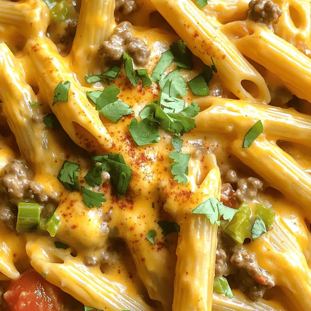 - 12 oz penne pasta - 1 lb ground beef - 1 can (10 oz) Rotel diced tomatoes with green chilies - 1 cup cream cheese, softened - 1 ½ cups shredded cheddar cheese - 1 cup chicken broth The heart of this dish is the penne pasta and ground beef. The Rotel adds a nice kick, while the cream cheese and cheddar create a rich, creamy sauce. Chicken broth gives moisture and flavor. - 1 teaspoon garlic powder - 1 teaspoon onion powder - 1 teaspoon ground cumin - ½ teaspoon smoked paprika - Salt and freshly ground black pepper to taste These seasonings boost the flavor. Garlic and onion powder bring depth. Cumin adds warmth, and paprika gives a hint of smokiness. Adjust salt and pepper to your taste. - 2 tablespoons olive oil - Fresh cilantro, chopped (for garnish) Olive oil helps brown the beef nicely. Fresh cilantro adds a pop of color and freshness at the end. For the full recipe, make sure to check the complete steps to create this mouthwatering dish. To cook penne pasta to al dente, start with a large pot. Fill it with water and add a good amount of salt. Bring the water to a rolling boil. Add the penne pasta and stir it gently. Cook according to the package instructions, usually around 10 to 12 minutes. You want it firm to the bite, not mushy. Once the pasta is done, drain it in a colander. Do not rinse the pasta. Rinsing can wash away the starch that helps the sauce stick. Set the pasta aside while you prepare the beef and sauce. To brown the ground beef, heat a large skillet over medium heat. Add 2 tablespoons of olive oil and let it warm up. Place the ground beef in the skillet, breaking it apart with a spatula. Cook it for about 5-7 minutes. Stir it often to get even browning. If there is too much fat, drain it off. This keeps the dish from being greasy. Now it's time to season the beef. Sprinkle in garlic powder, onion powder, ground cumin, smoked paprika, salt, and pepper. Mix well to coat the beef with all the spices. This step brings out the flavor and makes your dish taste great. Pour in the can of Rotel, juices and all, along with 1 cup of chicken broth. Stir the mixture and raise the heat to let it simmer gently. Cook for about 5 minutes. This helps the flavors meld together nicely. Next, lower the heat and add 1 cup of softened cream cheese. Stir until the cream cheese melts completely. This gives your dish a creamy, rich texture. Now, add the drained penne pasta to the skillet. Gently toss everything together. Make sure the pasta is coated with the sauce. Finally, sprinkle 1 ½ cups of shredded cheddar cheese on top. Stir until the cheese melts and combines with the pasta. This creates a deliciously creamy dish. Taste your creamy Rotel pasta and adjust the seasoning if needed. You may want to add more salt or pepper. When you're ready to serve, garnish with freshly chopped cilantro for a burst of color. This step makes your dish even more appealing. Enjoy your flavorful delight! For the complete recipe, refer to the [Full Recipe]. To avoid clumping with cream cheese, always soften it first. Place it out for an hour or microwave it for 15 seconds. This helps it blend smoothly into the sauce. Stir it in slowly over low heat. Mixing well ensures a creamy finish. For melting cheese evenly, sprinkle it in gradually. This allows the heat to distribute evenly. Stir constantly to help it melt fully. If you see lumps, lower the heat and mix more. This keeps the texture smooth and creamy. For added depth, consider spices like cayenne pepper or Italian herbs. These bring warmth and complexity to your dish. You could also mix in diced bell peppers for crunch and sweetness. Before serving, taste your pasta. Adjust the seasoning with salt or pepper as needed. A squeeze of lime can also brighten the flavors. Don’t skip this step; it makes a big difference. For serving styles, use individual bowls. This makes each dish feel special. Top each bowl with extra cheddar and a sprig of cilantro for color. Creative serving plate ideas can elevate your meal. A colorful platter or rustic wooden board can catch the eye. A drizzle of lime juice around the pasta adds a fresh touch. It turns a simple dish into a feast for the eyes! {{image_4}} You can easily make this dish vegetarian. Simply replace the ground beef with plant-based alternatives. Options like lentils or crumbled tofu work well. You can also add more vegetables to enhance the dish. Try bell peppers, zucchini, or spinach. They add color and crunch. Sauté them with the spices for added flavor. If you like heat, spice it up! Adding jalapeños gives a nice kick. You can also sprinkle in some red pepper flakes or cayenne pepper. Adjust the amount based on your heat preference. For a milder dish, use less Rotel or choose a milder version. Always taste as you go to find the right balance. Cheese is key to this creamy dish. While cheddar is great, you can explore different cheese types. Try Monterey Jack or pepper jack for a twist. For more creaminess, add cream cheese or mascarpone. Both will enhance the smooth texture. Mix and match cheeses to create your perfect blend. For the full recipe, check out the detailed instructions to get started! To keep your creamy pasta fresh, store it in an airtight container. Wait for the pasta to cool down before sealing it. This helps prevent moisture buildup, which can make your dish soggy. When reheating, use a skillet over low heat. Add a splash of chicken broth or milk to keep it creamy. Stir gently to avoid sticking and keep the texture smooth. You can freeze creamy Rotel pasta if you won’t eat it within a few days. Portion it into freezer-safe containers. Label each container with the date. For thawing, place it in the fridge overnight. When ready to eat, reheat it on the stove. Add a bit of broth to enhance the flavor and creaminess. Creamy Rotel pasta stays good in the fridge for up to four days. Check for signs of spoilage, like an off smell or mold. If it smells sour or looks strange, it’s best to toss it. This way, you’ll enjoy the delicious flavors without any risk. It takes about 30 minutes to make this dish. You need 10 minutes for prep and 20 minutes for cooking. This quick time makes it a perfect weeknight meal. Yes, you can use other pasta shapes. Feel free to swap penne for shells, rotini, or even spaghetti. Each type will hold the creamy sauce well, adding a fun twist to the dish. I recommend serving it with a simple salad or garlic bread. Steamed veggies also pair nicely. These sides balance the rich flavors of the pasta and add freshness to your meal. Absolutely! To make it more appealing to kids, you can cut the spice. Use mild Rotel or add a touch of sugar. Kids love cheesy dishes, so don’t skimp on the cheese. Serve it with a side of fruit for a complete meal. Creamy Rotel Pasta combines rich flavors and easy steps. We explored the key ingredients, from penne to ground beef, and the spices that make it pop. You learned how to cook pasta, brown beef, and mix everything for a creamy finish. I shared helpful tips to enhance flavor and presentation, plus variations to suit different tastes. Remember, you can store leftovers properly to enjoy later. This dish is not just a meal; it’s fun and flexible for everyone. Enjoy creating your own version of this creamy delight!