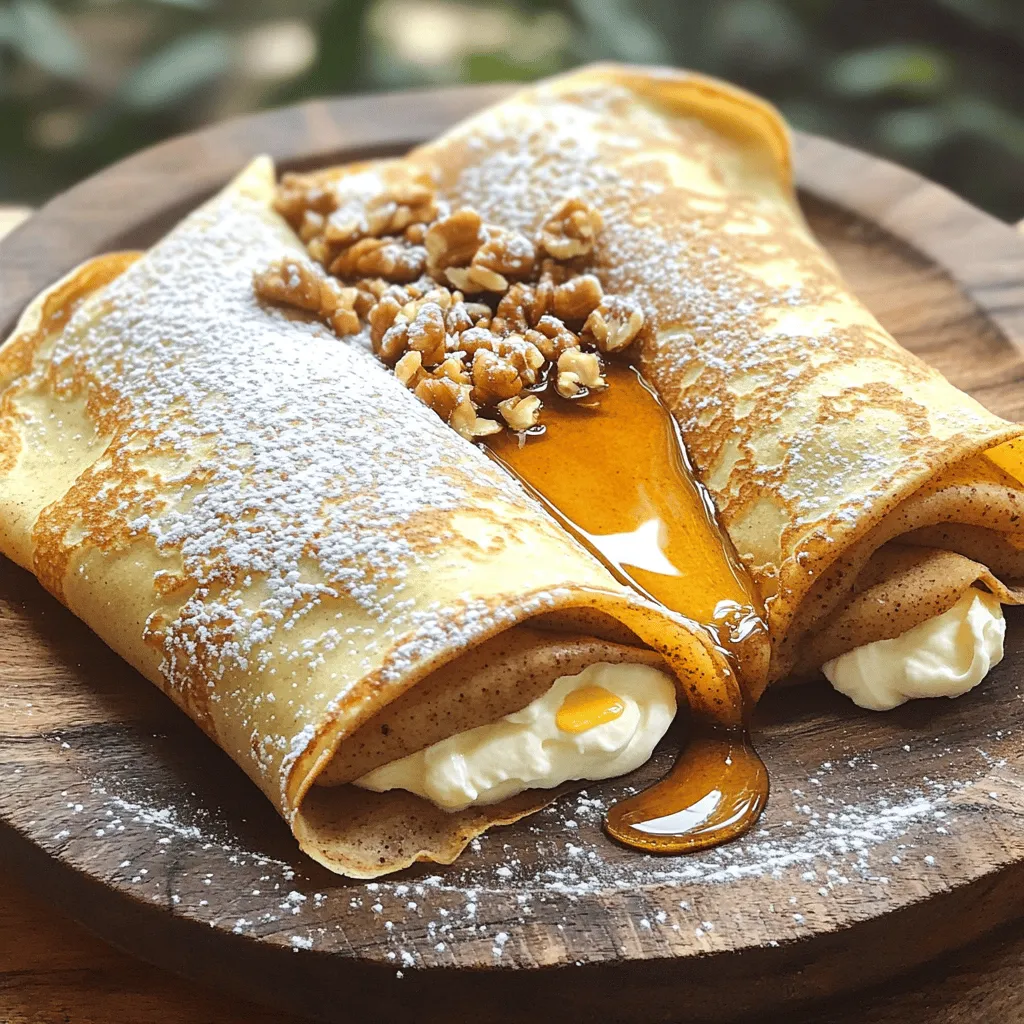 To make Cinnamon Roll Protein Crepes, you need simple and healthy ingredients. Here’s what you will need: - 1 cup rolled oats - 1 cup unsweetened almond milk (or any milk of your choice) - 1 scoop vanilla protein powder - 2 large eggs - 1 tablespoon ground cinnamon - 1 tablespoon maple syrup (optional for added sweetness) - 1 teaspoon pure vanilla extract - 1 tablespoon coconut oil (for cooking) - 2 tablespoons cream cheese (for filling, optional) - 1 tablespoon powdered sugar (for dusting, optional) - Chopped walnuts or pecans (for garnish, optional) These ingredients come together to create a tasty and nutritious meal. The oats provide fiber, while the protein powder boosts the protein content. The cinnamon adds a warm flavor, making these crepes delightful. Feel free to customize with your favorite nuts or a touch of sweetness from maple syrup. You can find the full recipe with detailed instructions to guide you in making these delicious crepes. Start by gathering all your ingredients. You need rolled oats, almond milk, protein powder, eggs, ground cinnamon, maple syrup, and vanilla extract. Add them to your blender. Blend on high speed until the mix is smooth. Let the batter rest for about 10 minutes. Resting helps soften the oats and makes your crepes fluffier. While the batter rests, heat a non-stick skillet over medium heat. Add a small amount of coconut oil to the skillet. This keeps the crepes from sticking. Once the skillet is warm, pour about 1/4 cup of batter into the center. Quickly swirl the skillet to spread the batter into a thin circle. Cook the crepe for 2-3 minutes. When the edges lift and the top sets, gently flip it with a spatula. Cook for another 1-2 minutes until golden brown. Transfer the crepe to a plate and keep it warm. Repeat this with the rest of the batter, adding more coconut oil as needed. For serving, spread a thin layer of cream cheese on each crepe. You can also drizzle some maple syrup before rolling them up for added sweetness. Once rolled, lightly dust the crepes with powdered sugar. Top them with chopped walnuts or pecans for a nice crunch. Enjoy your delicious Cinnamon Roll Protein Crepes! You can find the full recipe [here](#Full Recipe). To make great crepes, start with the right skillet temperature. Heat your skillet to medium. If it's too hot, your crepes will burn. If it's too cool, they won’t cook well. You want a nice golden color. Use coconut oil to prevent sticking. Apply a small amount to the skillet. This oil adds flavor and keeps your crepes from sticking. It makes flipping easier, too. You can add more protein to your crepes. Consider using Greek yogurt or cottage cheese. These options boost protein without changing the taste much. They also add creaminess. For sweetness, try alternative sweeteners. You might use stevia, honey, or agave syrup. These options can help lower sugar intake while keeping your crepes tasty. Adjust the batter consistency for your perfect crepe. If you want thinner crepes, add a bit more almond milk. For thicker crepes, reduce the milk slightly. Cooking time can vary based on thickness. Thin crepes need about 2-3 minutes on one side. Thicker crepes may need a bit longer. Keep an eye on them for the best results. For the Full Recipe, check the earlier section! {{image_4}} You can make these cinnamon roll protein crepes even more fun. Try a chocolate protein version by using chocolate protein powder instead of vanilla. This change gives your crepes a rich, sweet twist. You can also add fruits like bananas or berries into the batter. If you like nutty flavors, mix in some almond or peanut butter. Both options add taste and nutrition. If you need gluten-free options, use gluten-free oats. They work just as well as regular oats. For a vegan version, replace the eggs with flax eggs. Just mix one tablespoon of ground flaxseed with three tablespoons of water. Let it sit for five minutes to thicken. You can also use a plant-based protein powder to keep it vegan. These crepes are not just for breakfast! You can create a breakfast parfait by layering crepes with yogurt and fruit. It looks great and tastes even better. For lunch or dinner, try making savory versions. Fill them with spinach, cheese, or cooked veggies. This adds a new twist and makes your meal more exciting. For the full recipe, check out the details above. Enjoy these delicious and nutritious cinnamon roll protein crepes any time of the day! To keep your cinnamon roll protein crepes fresh, you can store them in two ways: refrigeration or freezing. - Refrigeration methods: Place cooled crepes in an airtight container. You can separate each crepe with parchment paper to prevent sticking. Store them in the fridge for up to three days. When you're ready to eat, just reheat them. - Freezing guidelines: For longer storage, freeze the crepes. First, let them cool completely. Then, stack them with parchment paper in between each crepe. Wrap the stack tightly in plastic wrap and place it in a freezer-safe bag. They can last up to three months. Reheating your crepes properly keeps them soft and tasty. - Best methods for reheating crepes: You can reheat crepes in a skillet over low heat. Heat each side for about 30 seconds. You can also use the microwave. Place a damp paper towel over the crepe and heat for 15-20 seconds. - Maintaining texture and flavor: When reheating, avoid using high heat. High heat can make crepes tough. If you want to add a bit more flavor, consider spreading a little cream cheese or maple syrup before heating. This will keep them moist and delicious. To make these crepes gluten-free, you can swap out the rolled oats. Use certified gluten-free oats. You can also replace regular flour with almond flour or coconut flour in the batter. Both options work well and keep the texture light. Yes, you can make the batter ahead of time. Just blend the ingredients and store it in the fridge. I recommend using the batter within 24 hours for the best taste. Before cooking, give it a quick stir. This helps keep your crepes fresh and easy to cook. Protein crepes offer many health benefits. They provide a great source of energy. The protein helps build and repair muscles. The oats in the recipe add fiber, which helps digestion. Plus, they keep you full longer. This makes them a smart choice for breakfast or any meal. Enjoying these crepes can support your healthy lifestyle. You can find the full recipe to get started! You now have all the tools to make delicious protein crepes. We covered the key ingredients, step-by-step instructions, and helpful tips. You can mix flavors, adjust recipes, and even store your crepes for later. Don't hesitate to experiment with different fillings and styles. Enjoy these tasty crepes for any meal, knowing they provide great nutrition and flavor. Get cooking, and have fun with this simple recipe!
