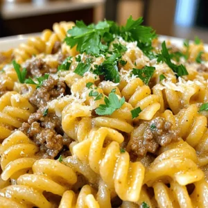 - 1 pound ground beef - 8 ounces rotini pasta - 4 cloves garlic, minced - 2 cups heavy cream - 1 cup grated Parmesan cheese - 2 tablespoons olive oil - 1 teaspoon dried Italian herbs (basil, oregano, thyme blend) - Salt and freshly cracked pepper to taste - Fresh parsley, finely chopped (for garnish) When I cook Beef and Rotini in Garlic Parmesan Sauce, I choose fresh and simple ingredients. The ground beef adds rich flavor. The rotini pasta holds the creamy sauce well. Garlic gives a fragrant punch that makes it special. Heavy cream creates a smooth texture, while Parmesan cheese adds a salty bite. For seasoning, I use olive oil to sauté the beef. The dried Italian herbs bring warmth and depth. I always use salt and pepper to enhance the flavors. Finally, the fresh parsley not only adds color but also a fresh taste. Using these ingredients, I create a delightful meal that everyone loves. For the complete preparation, check the Full Recipe. - Bring a large pot of water to a boil. - Add a pinch of salt and the rotini pasta. - Cook the pasta until al dente, usually 8-10 minutes. - Drain the pasta well and set it aside. - Heat two tablespoons of olive oil in a skillet over medium heat. - Add one pound of ground beef and break it up with a spatula. - Season the beef with salt, pepper, and dried Italian herbs. - Brown the beef for about 5-7 minutes, until fully cooked. - Drain any excess fat if needed to keep it light. - Stir in four cloves of minced garlic with the browned beef. - Cook for 1-2 minutes until the garlic is fragrant and golden. - Pour in two cups of heavy cream and mix well. - Bring to a gentle simmer, then add one cup of grated Parmesan cheese. - Stir constantly until the cheese melts and the sauce is creamy. - Toss the drained rotini into the skillet with the sauce. - Mix well to ensure every piece of pasta is coated. - Plate the creamy beefy rotini in bowls. - Garnish with finely chopped parsley. - Offer extra grated Parmesan on the side for those who want more. For the complete cooking process, you can check the Full Recipe. Enjoy making this delightful dish! - Use freshly grated Parmesan for best flavor. It melts smoothly and adds richness. - Adjust cream for desired sauce thickness. Add more for a creamier sauce or less for a lighter one. - Modify cooking times for different pasta shapes. Larger shapes may need extra cooking time. - For browning beef evenly, use medium heat. Stir often to avoid burning and ensure even cooking. - Consider adding herbs like thyme, rosemary, or even red pepper flakes for heat. - Optional ingredients can heighten flavor. Try adding sun-dried tomatoes or mushrooms for extra depth. These tips will help you create the best Beef and Rotini in Garlic Parmesan Sauce. For the complete recipe, check out the Full Recipe. {{image_4}} If you want to switch things up, try using ground turkey or chicken. These meats are leaner but still bring great flavor. You can also make this dish vegetarian. Use mushrooms for a meaty texture or lentils for protein. Both options work well with the sauce. Adding vegetables makes the dish colorful and healthy. You can include spinach, bell peppers, or broccoli. To incorporate these, sauté them with the beef or add them to the sauce. This way, they cook nicely and blend with the flavors. If you want a change from the garlic Parmesan sauce, consider a tomato-based sauce. This gives a fresh, zesty flavor. You can also try pesto or a white sauce. Each option offers a new twist on the classic recipe. For the full recipe, check out the detailed instructions above. To keep your Beef and Rotini in Garlic Parmesan Sauce fresh, store leftovers properly. Let the dish cool to room temperature. Then, transfer it to airtight containers. Glass or BPA-free plastic containers work well. Seal them tightly to avoid air exposure. This keeps the flavors intact and prevents drying out. If you want to save some for later, freezing is a great option. Divide the meal into individual portions. Use freezer-safe containers or heavy-duty freezer bags. Remove as much air as possible to prevent freezer burn. When you're ready to eat, thaw it in the fridge overnight. Reheat it slowly on the stove over low heat. Stir often to keep the creamy sauce smooth. In the fridge, your Beef and Rotini will stay fresh for about three to four days. If you freeze it, it can last for up to three months. Always check for signs of spoilage before eating. Look for any off smells, unusual colors, or mold. If you see any of these, it's best to toss it out. Enjoy your meal safely! To make this dish, start by cooking the rotini. Boil water, add salt, and then the pasta. Cook until al dente, usually 8-10 minutes. Drain and set aside. In a skillet, heat olive oil. Brown the ground beef, adding salt, pepper, and herbs. Cook for 5-7 minutes. Stir in minced garlic and cook for another minute. Pour in heavy cream and simmer. Add grated Parmesan cheese and stir until it melts. Finally, toss the rotini in the creamy sauce. Serve with parsley on top. For the full recipe, check out the detailed instructions above. Yes, you can use various pasta shapes. Fusilli, penne, or farfalle work well too. The key is to choose a pasta that holds sauce well. Rotini's spirals catch the sauce, but any pasta will taste great. Just adjust cooking times based on the pasta type. Always check the package for cooking time, so your pasta turns out just right. You can make this dish lighter by using lean ground beef. Ground turkey is a great swap. Instead of heavy cream, use half-and-half or a plant-based cream. Cut down on cheese or use a low-fat version. Adding more veggies, like spinach or bell peppers, boosts nutrition. These changes keep the taste while making it healthier. This dish pairs well with a simple green salad. A side of garlic bread adds a nice touch too. You could serve steamed broccoli for extra veggies. A light vinaigrette on the salad complements the creamy sauce. Try serving it with a lemon wedge for a zesty kick. The total cooking time for Beef and Rotini in Garlic Parmesan Sauce is about 30 minutes. Prep time takes about 10 minutes. Cooking the rotini and browning the beef takes around 15 minutes. Finally, mixing everything together and finishing off takes about 5 minutes. It’s a quick meal for busy nights! This dish combines ground beef, rotini, garlic, and creamy Parmesan sauce. You learned how to cook rotini, brown beef, and make a rich sauce. We covered tips for storage and variations like meat alternatives and extra veggies. In the end, you can enjoy a delicious meal tailored to your taste. Try experimenting with flavors to make it your own. Happy cooking!