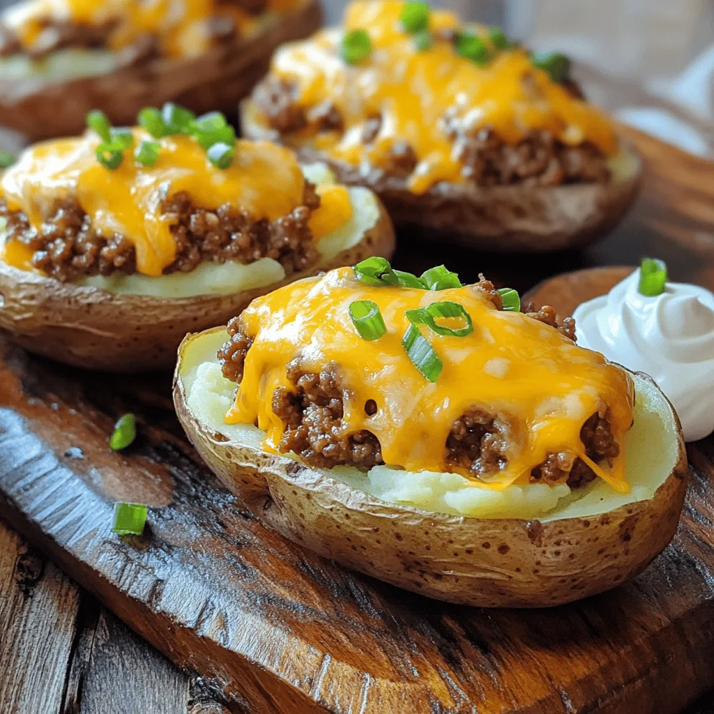 - 4 large russet potatoes - 1 cup shredded cheddar cheese - 1 cup ground beef - 1 small onion, finely chopped - 2 cloves garlic, minced - 1/2 teaspoon paprika - 1/2 teaspoon black pepper - 1 teaspoon salt - 1/4 cup sour cream - 1/4 cup green onions, chopped (for garnish) - 1/2 cup breadcrumbs - Oil for frying (vegetable or canola) These ingredients create a tasty mix for crispy mashed potatoes stuffed with cheese and beef. The russet potatoes give the dish its fluffy base. The cheddar cheese adds a creamy melt that you will love. Ground beef provides protein and heartiness, making each bite satisfying. For flavor, the onion and garlic bring depth and aroma. Paprika adds a warm touch, while black pepper and salt round out the taste. Sour cream gives a smooth finish to the mashed potatoes, making them rich and delightful. The breadcrumbs create that satisfying crunch on the outside. Make sure to gather everything before you start cooking. This will save you time and make your cooking experience fun. If you want to dive deeper into the cooking process, check the Full Recipe. - Preheat the oven to 400°F (200°C). - Bake the potatoes for 45-60 minutes and cool. Start by washing the russet potatoes. Use a fork to poke holes in each potato. This step is key. It allows steam to escape during baking. Place the potatoes directly on the oven rack. Bake them until they feel soft when poked. Once they cool a bit, you can handle them safely. - Sauté onions and garlic in oil. - Add ground beef and seasonings; cook until browned. Next, we make the filling. Heat a small amount of oil in a skillet over medium heat. Add finely chopped onions and minced garlic. Sauté them until they become fragrant and soft. This adds great flavor. Then, add the ground beef. Sprinkle in paprika, black pepper, and salt. Cook until the beef is brown. Drain any excess fat for a better taste. - Mash baked potato flesh with sour cream. - Combine mashed potatoes with beef mixture and cheese. Now, we assemble! Cut each baked potato in half lengthwise. Scoop out most of the flesh into a bowl. Leave a thin layer of potato in the skin. Mash the potato with sour cream until smooth. Then, mix in the beef and cheese until it's all combined. Taste and adjust the seasoning if needed. - Stuff each potato skin and roll in breadcrumbs. - Fry until golden brown and crispy. Time to fry! Spoon the beef and cheese mix into each potato skin. Pack it in well. Roll each stuffed potato in breadcrumbs. This gives a great crunch. Heat oil in a large skillet over medium heat. Fry the potatoes for about 3-4 minutes on each side. Look for that golden brown color. Once done, drain them on paper towels. This helps absorb extra oil. For the complete recipe, check out the [Full Recipe]. To make your crispy mashed potatoes, the frying temperature is key. I recommend heating the oil to around 350°F (175°C). This temperature ensures that the potatoes fry quickly, forming a crispy crust. If the oil is too cool, the potatoes can turn soggy. For a perfect breadcrumb coating, use fresh breadcrumbs instead of store-bought. Fresh breadcrumbs stick better and give a crunchier texture. To coat, roll each potato gently in the breadcrumbs, pressing lightly to ensure they adhere well. Feel free to play with the seasoning! You can add herbs like thyme or rosemary for an extra kick. A teaspoon of your favorite spice blend can also brighten the flavor. Combining different types of cheese adds depth. Try mixing cheddar with mozzarella for a stringy effect or add a little blue cheese for a bold taste. Mixing cheeses allows for fun flavor twists in every bite. For a beautiful presentation, arrange the stuffed potatoes on a wooden platter. Place a dollop of sour cream next to them for dipping. You can sprinkle fresh herbs on top for a pop of color and extra flavor. Complement your crispy potatoes with simple side dishes. A fresh salad or steamed veggies pair nicely. You can also serve them with a tangy dipping sauce, like ranch or spicy aioli, for an exciting twist. Enjoy this hearty dish with friends and family! {{image_4}} For a tasty vegetarian version, swap the ground beef with a plant-based protein. Options like lentils or chickpeas work well and add texture. You can also try crumbled tofu mixed with your favorite spices for flavor. When it comes to cheese, feel free to experiment. Use mozzarella for a gooey melt or feta for a tangy twist. Get creative with your stuffing! You can add vegetables like bell peppers or spinach for color and nutrition. These veggies bring freshness and crunch. Consider adding spices like cumin or chili powder for a kick. Sauces, such as barbecue or hot sauce, can also elevate the flavor profile. If you want a healthier option, try baking instead of frying. Bake the stuffed potatoes at 400°F (200°C) until golden. For those with air fryers, you can achieve a crispy texture with less oil. Simply preheat the air fryer to 375°F (190°C) and cook for about 12-15 minutes. This method provides a delicious and lighter twist on the classic dish. For the full recipe, check out Crispy Cheesy Beef-Stuffed Potatoes. To store your stuffed potatoes after cooking, let them cool completely. Then, place them in an airtight container. They will stay fresh in the fridge for up to 3 days. This way, you can enjoy a tasty meal later without any fuss. If you want to keep your stuffed potatoes longer, freezing is a great option. Wrap each potato tightly in plastic wrap or aluminum foil. Then, place them in a freezer-safe bag. They can last up to 3 months in the freezer. When you’re ready to eat, thaw them overnight in the fridge. To reheat without losing crispiness, use the oven. Preheat it to 375°F (190°C). Place the stuffed potatoes on a baking sheet and heat for about 15-20 minutes. If you need to use the microwave, do so for 2-3 minutes. Just keep in mind they may not be as crispy. Enjoy your leftovers just like the first time with these simple steps! To make crispy stuffed potatoes, follow these steps: 1. Bake the Potatoes: Preheat your oven to 400°F (200°C). Pierce each potato with a fork. Bake for 45-60 minutes until tender. 2. Prepare the Filling: Sauté chopped onion and garlic in oil for 3-4 minutes. Add ground beef, paprika, pepper, and salt. Cook until the beef is browned. 3. Mash the Potatoes: Cut each baked potato in half. Scoop out the flesh and mash it with sour cream. 4. Combine Filling: Mix the mashed potatoes with the beef and cheese. Adjust seasoning if needed. 5. Stuff the Potatoes: Fill each potato skin with the beef and cheese mix, packing it tightly. 6. Coat and Fry: Roll the stuffed potatoes in breadcrumbs. Fry in hot oil until golden brown and crispy. This recipe makes a delicious meal that everyone will love. You can find the Full Recipe for detailed steps. Yes, you can use other potatoes. Russet potatoes work great due to their fluffy texture. However, Yukon Gold potatoes also work well. They are creamier and have a buttery taste. Red potatoes can be used too, but they are waxy and may not yield a fluffy mash. Choose according to your taste! These stuffed potatoes pair well with many sides. Here are some ideas: - Salad: A fresh garden salad adds crunch and lightness. - Dips: Serve with sour cream or ranch for dipping. - Vegetables: Roasted or steamed vegetables can balance the meal. - Sauces: A spicy ketchup or barbecue sauce enhances the flavor. The cooking time breaks down like this: - Prep Time: 20 minutes to prepare the filling and potatoes. - Baking Time: 45-60 minutes for the potatoes. - Frying Time: 3-4 minutes per side, totaling about 8 minutes. Overall, expect around 1 hour and 20 minutes from start to finish. Yes, you can prepare the stuffing in advance. Cook the beef and mix it with the mashed potatoes. Store it in the fridge for up to 24 hours. When ready, stuff the potatoes and fry them. This saves time and makes meal prep easier! This blog post covered the essentials for making crispy, stuffed potatoes loaded with flavor. We discussed key ingredients, step-by-step prep, and tips for perfecting your dish. The options for variations allow you to customize it to your tastes. Whether you choose to fry, bake, or explore vegetarian alternatives, there’s something for everyone. Enjoy the process, and remember that great cooking stems from creativity and fun in the kitchen.