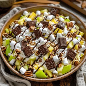 - 6 fun-sized Snickers bars, chopped - 1 cup mini marshmallows - 1 cup diced Granny Smith apples - 1 cup whipped topping - ½ cup chopped pecans or walnuts (optional) - 1 tablespoon fresh lemon juice - 1 tablespoon chocolate syrup You may wish to swap out the Snickers bars. Try other candy bars like Milky Way or Twix for a twist. You can also use different apples, such as Fuji or Honeycrisp, for a sweeter taste. If you prefer a non-dairy version, there are tasty whipped toppings made from coconut or almond milk. When choosing Snickers bars, look for fresh, intact wrappers. This ensures the candy is tasty and fresh. For apples, select firm, unblemished Granny Smith apples. They add a nice tart flavor. Choose a high-quality whipped topping. Brands like Cool Whip give the best creamy texture. Start by chopping the Snickers bars. Use a sharp knife for clean cuts. Aim for bite-sized pieces, so they mix well. Place these pieces in a mixing bowl. Next, you need to dice the Granny Smith apples. Core them first, then cut them into small cubes. This tart apple adds a nice balance. Pour lemon juice over the apples. This keeps them fresh and bright. Toss gently to coat the apples evenly. Now, let’s mix everything together. In the bowl with the Snickers, add the diced apples. Then, throw in the mini marshmallows. If you like, add chopped nuts for crunch. Stir gently to blend all the ingredients. Next, fold in the whipped topping. Use a spatula and be gentle. You want to keep the mixture light and fluffy. Make sure everything is well-coated but avoid overmixing. Once combined, transfer your salad to a serving bowl. Spread it out evenly for a nice look. Now it's time to drizzle chocolate syrup on top. This adds sweetness and makes it look great. Cover the bowl with plastic wrap. Chill it in the fridge for at least 30 minutes. This waiting time helps the flavors blend well. Enjoy your Snickers salad as a fun treat! Check the Full Recipe for more details. Snickers Salad shines as a fun dessert. Pair it with a fresh fruit platter. It also works well with savory dishes. Try it alongside grilled chicken or barbecue. For gatherings, serve it in a clear bowl. This lets the layers show off and look great. Want to boost the taste? Add a pinch of salt. This little bit can enhance the sweetness. You can also try different seasonings. A dash of cinnamon adds warmth. Or, a sprinkle of nutmeg can offer a cozy twist. Refrigerate the salad for at least 30 minutes. This time helps the flavors blend well. Store it in an airtight container. This keeps it fresh and tasty until you serve. If you have leftovers, keep them in the fridge. Enjoy your Snickers Salad for days! {{image_4}} You can make a vegan version of Snickers Salad. Instead of Snickers bars, use vegan chocolate bars. Look for plant-based whipped topping, like coconut cream. This way, everyone can enjoy the treat without dairy. For a gluten-free option, check labels on candy. Many candy bars contain gluten. Choose gluten-free chocolate bars to keep your salad safe for those with gluten allergies. Snickers Salad can change with the seasons. In spring, add fresh strawberries or blueberries. In fall, try diced pears or slices of ripe bananas. These fruits add color and flavor to your salad. Think about themes for holidays too. For Halloween, add mini candy corn. For Christmas, sprinkle in some crushed peppermint. These touches make your salad festive and fun. You can switch up Snickers Salad in many ways. Turn it into a parfait by layering the salad in cups. Add crushed graham crackers or granola between layers for crunch. This makes a great dessert for parties. Another idea is using it as a filling for cupcakes or cakes. Simply scoop some salad into the center of your baked goods. This surprise adds flavor and delight to every bite. For the [Full Recipe], refer to the ingredients and steps above. Enjoy making your own variations! To keep your Snickers Salad fresh, use an airtight container. Glass or plastic containers work well. Make sure to cover and seal the salad tightly. This keeps out air and moisture, which can change the taste. In the fridge, the Snickers Salad lasts about 3 days. After this, the apples may start to brown. If the salad looks wet or smells off, it’s time to toss it. Always check for spoilage before enjoying! You can freeze Snickers Salad, but it may change texture. If you choose to freeze it, use a freezer-safe container. To thaw, put it in the fridge overnight. Avoid thawing at room temperature. This helps keep it fresh and safe to eat. For the best taste, enjoy it fresh! Snickers Salad is a sweet and creamy dish. It blends Snickers candy bars, apples, and marshmallows. This salad is popular at potlucks and parties. People love it for its mix of flavors and textures. The combination of chocolate, caramel, and tart apples makes it unique. Its fun name adds to the charm, making it a hit with both kids and adults. Yes, you can make Snickers Salad ahead of time. I recommend preparing it up to 24 hours before serving. Just store it in the fridge. This allows the flavors to blend well. To keep it fresh, cover the bowl with plastic wrap. If you want the best taste, add the chocolate syrup just before serving. If you want to switch things up, try different candy bars. Milky Way, Twix, or Reese’s can work great. For a homemade touch, use chocolate-covered caramel candies. You can also experiment with fresh fruits. Consider adding strawberries or bananas for a new twist. This blog covered how to create a delicious Snickers Salad. We explored key ingredients, substitutions, and tips for selecting the best items. You learned the step-by-step process for making this fun dessert, along with ways to serve and store it. Try different variations to fit your taste or dietary needs. Snickers Salad is perfect for gatherings or a special treat at home. Get creative and enjoy every bite of your tasty creation!