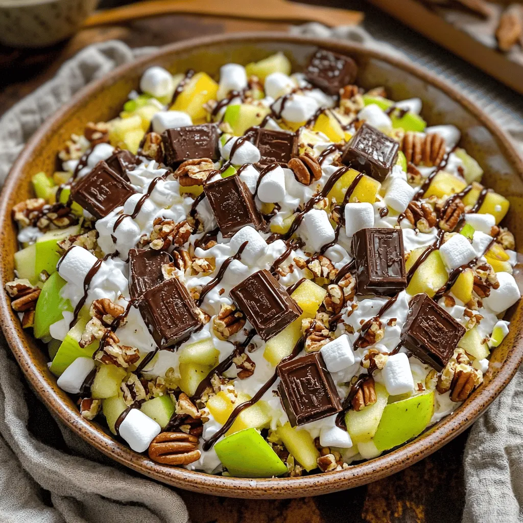 - 6 fun-sized Snickers bars, chopped - 1 cup mini marshmallows - 1 cup diced Granny Smith apples - 1 cup whipped topping - ½ cup chopped pecans or walnuts (optional) - 1 tablespoon fresh lemon juice - 1 tablespoon chocolate syrup You may wish to swap out the Snickers bars. Try other candy bars like Milky Way or Twix for a twist. You can also use different apples, such as Fuji or Honeycrisp, for a sweeter taste. If you prefer a non-dairy version, there are tasty whipped toppings made from coconut or almond milk. When choosing Snickers bars, look for fresh, intact wrappers. This ensures the candy is tasty and fresh. For apples, select firm, unblemished Granny Smith apples. They add a nice tart flavor. Choose a high-quality whipped topping. Brands like Cool Whip give the best creamy texture. Start by chopping the Snickers bars. Use a sharp knife for clean cuts. Aim for bite-sized pieces, so they mix well. Place these pieces in a mixing bowl. Next, you need to dice the Granny Smith apples. Core them first, then cut them into small cubes. This tart apple adds a nice balance. Pour lemon juice over the apples. This keeps them fresh and bright. Toss gently to coat the apples evenly. Now, let’s mix everything together. In the bowl with the Snickers, add the diced apples. Then, throw in the mini marshmallows. If you like, add chopped nuts for crunch. Stir gently to blend all the ingredients. Next, fold in the whipped topping. Use a spatula and be gentle. You want to keep the mixture light and fluffy. Make sure everything is well-coated but avoid overmixing. Once combined, transfer your salad to a serving bowl. Spread it out evenly for a nice look. Now it's time to drizzle chocolate syrup on top. This adds sweetness and makes it look great. Cover the bowl with plastic wrap. Chill it in the fridge for at least 30 minutes. This waiting time helps the flavors blend well. Enjoy your Snickers salad as a fun treat! Check the Full Recipe for more details. Snickers Salad shines as a fun dessert. Pair it with a fresh fruit platter. It also works well with savory dishes. Try it alongside grilled chicken or barbecue. For gatherings, serve it in a clear bowl. This lets the layers show off and look great. Want to boost the taste? Add a pinch of salt. This little bit can enhance the sweetness. You can also try different seasonings. A dash of cinnamon adds warmth. Or, a sprinkle of nutmeg can offer a cozy twist. Refrigerate the salad for at least 30 minutes. This time helps the flavors blend well. Store it in an airtight container. This keeps it fresh and tasty until you serve. If you have leftovers, keep them in the fridge. Enjoy your Snickers Salad for days! {{image_4}} You can make a vegan version of Snickers Salad. Instead of Snickers bars, use vegan chocolate bars. Look for plant-based whipped topping, like coconut cream. This way, everyone can enjoy the treat without dairy. For a gluten-free option, check labels on candy. Many candy bars contain gluten. Choose gluten-free chocolate bars to keep your salad safe for those with gluten allergies. Snickers Salad can change with the seasons. In spring, add fresh strawberries or blueberries. In fall, try diced pears or slices of ripe bananas. These fruits add color and flavor to your salad. Think about themes for holidays too. For Halloween, add mini candy corn. For Christmas, sprinkle in some crushed peppermint. These touches make your salad festive and fun. You can switch up Snickers Salad in many ways. Turn it into a parfait by layering the salad in cups. Add crushed graham crackers or granola between layers for crunch. This makes a great dessert for parties. Another idea is using it as a filling for cupcakes or cakes. Simply scoop some salad into the center of your baked goods. This surprise adds flavor and delight to every bite. For the [Full Recipe], refer to the ingredients and steps above. Enjoy making your own variations! To keep your Snickers Salad fresh, use an airtight container. Glass or plastic containers work well. Make sure to cover and seal the salad tightly. This keeps out air and moisture, which can change the taste. In the fridge, the Snickers Salad lasts about 3 days. After this, the apples may start to brown. If the salad looks wet or smells off, it’s time to toss it. Always check for spoilage before enjoying! You can freeze Snickers Salad, but it may change texture. If you choose to freeze it, use a freezer-safe container. To thaw, put it in the fridge overnight. Avoid thawing at room temperature. This helps keep it fresh and safe to eat. For the best taste, enjoy it fresh! Snickers Salad is a sweet and creamy dish. It blends Snickers candy bars, apples, and marshmallows. This salad is popular at potlucks and parties. People love it for its mix of flavors and textures. The combination of chocolate, caramel, and tart apples makes it unique. Its fun name adds to the charm, making it a hit with both kids and adults. Yes, you can make Snickers Salad ahead of time. I recommend preparing it up to 24 hours before serving. Just store it in the fridge. This allows the flavors to blend well. To keep it fresh, cover the bowl with plastic wrap. If you want the best taste, add the chocolate syrup just before serving. If you want to switch things up, try different candy bars. Milky Way, Twix, or Reese’s can work great. For a homemade touch, use chocolate-covered caramel candies. You can also experiment with fresh fruits. Consider adding strawberries or bananas for a new twist. This blog covered how to create a delicious Snickers Salad. We explored key ingredients, substitutions, and tips for selecting the best items. You learned the step-by-step process for making this fun dessert, along with ways to serve and store it. Try different variations to fit your taste or dietary needs. Snickers Salad is perfect for gatherings or a special treat at home. Get creative and enjoy every bite of your tasty creation!