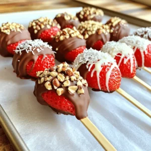 - 1 pound fresh strawberries, thoroughly washed and dried - 1 cup semi-sweet chocolate chips - 1 cup white chocolate chips - 1 cup crushed nuts (choose from almonds, hazelnuts, or walnuts) - 1 cup unsweetened shredded coconut - 1 tablespoon coconut oil (for melting the chocolate) - Skewers or lollipop sticks You need fresh strawberries for this delightful treat. Make sure they are clean and dry. The chocolate chips, both semi-sweet and white, give a great mix of flavors. Choose nuts that you like. Almonds, hazelnuts, or walnuts all work well here. The shredded coconut adds a nice touch, too. Coconut oil helps the chocolate melt smoothly. Finally, don’t forget your skewers or lollipop sticks. They hold everything together. This list gives you all you need to create delicious Chocolate Strawberry Cluster Pops. Check out the Full Recipe for more details on how to make these tasty treats! - Prepare the Strawberries: Line a baking sheet with parchment paper. Make sure your strawberries are dry. Water can stop the chocolate from sticking. - Melt the Dark Chocolate: In a microwave-safe bowl, mix semi-sweet chocolate chips and coconut oil. Heat in 30-second bursts. Stir after each burst until smooth. - Chocolate Dipping: Dip each strawberry into the melted dark chocolate. Make sure each one is fully coated. Let any extra chocolate drip back into the bowl before placing them on the sheet. - Add Toppings: While the chocolate is still wet, sprinkle half of the strawberries with crushed nuts. Use the other half for shredded coconut. This adds nice flavors and textures. - Melt the White Chocolate: In another bowl, melt the white chocolate chips. Use the same 30-second method, stirring until it is smooth. - Drizzle White Chocolate: Grab a fork and drizzle the melted white chocolate over the strawberries. Make a zig-zag pattern to make them look pretty. - Insert Skewers: Before the chocolate sets, stick a skewer or lollipop stick into each strawberry. This makes them easy to hold. - Chill: Place the baking sheet in the fridge. Chill for about 30 minutes until the chocolate hardens. - Serve: Once the chocolate is set, lift the pops off the parchment paper. Place them on a nice platter for a great look. For the full recipe, check out the details above. Enjoy making these sweet treats! - Ensure strawberries are completely dry Start with clean, dry strawberries. Water can make the chocolate slide off. Use a paper towel to pat them dry. - Use quality chocolate for best flavor Good chocolate makes all the difference. Choose high-quality semi-sweet and white chocolate chips. They create a rich taste that pairs well with strawberries. - Suggestions for even topping distribution When adding toppings, do it right after dipping in chocolate. This way, nuts and coconut stick better. You can even rotate the strawberry for more coverage. - Presentation tips for serving For a beautiful display, arrange the pops on a nice platter. Drizzle some melted chocolate over the top for flair. Adding fresh mint leaves gives color and a nice touch. For more details, check out the Full Recipe. {{image_4}} You can make your Chocolate Strawberry Cluster Pops fun and unique. Here are some ideas to try: - Different toppings: Instead of just nuts and coconut, think about other toppings. You can use mini marshmallows, colorful sprinkles, or even a drizzle of caramel. Each topping adds a new twist to your pops. - Utilizing different types of chocolate: You don't have to stick with just semi-sweet and white chocolate. Try dark chocolate for a richer taste, milk chocolate for sweetness, or even vegan chocolate for a dairy-free option. Each chocolate brings its own flavor. - Making it a chocolate fondue experience: You can turn this into a fun fondue night. Melt your favorite chocolate in a pot. Then, let everyone dip their strawberries in the warm chocolate. It's interactive and delicious! Experimenting with these variations makes the treat even more enjoyable. You can find the full recipe above to get started on your tasty creations! To keep your Chocolate Strawberry Cluster Pops fresh, store them in the refrigerator. Place them in an airtight container. This method preserves their taste and texture well. - Best storage methods for freshness: Use an airtight container in the fridge. - Recommended storage duration: Enjoy your pops within 3 to 5 days for the best taste. - How to freeze for later enjoyment: You can freeze the pops. Lay them on a baking sheet first. Once frozen, transfer them to a freezer-safe bag. They can last up to 3 months in the freezer. Remember to let them thaw in the fridge before you eat them. This way, you can enjoy your delightful treat any time! How to make the chocolate stick to the strawberries? To make the chocolate stick well, ensure your strawberries are dry. Any moisture will cause the chocolate to slide off. After washing, gently pat them with a paper towel. This simple step makes a big difference. Can I use frozen strawberries instead of fresh? I recommend using fresh strawberries. Frozen strawberries have more water. When they thaw, they can become mushy. If fresh strawberries are not available, you can use frozen ones, but they may change the texture. What are some potential allergens to be aware of? Common allergens in this recipe include chocolate, nuts, and coconut. If you have nut allergies, skip the nuts or use seeds. Always check the labels for any cross-contamination warnings. Where to buy pre-made chocolate strawberry cluster pops? You can find pre-made chocolate strawberry cluster pops at local grocery stores or specialty candy shops. Online retailers also offer them, but check reviews for quality. Making them at home is fun and allows for personal touches. Can these pops be made in advance? Yes, you can make these pops in advance. After they set, store them in an airtight container in the fridge. They stay fresh for about two days. If you want to keep them longer, wrap them tightly and freeze. You learned how to make delicious chocolate strawberry cluster pops. We covered all the key steps, from gathering fresh ingredients to perfecting your presentation. Using quality chocolate and your favorite toppings, you can easily customize these treats. Remember to store them properly for the best taste. Enjoying these sweet snacks is a great way to celebrate any occasion. Now, grab your ingredients and start creating your own tasty pops!