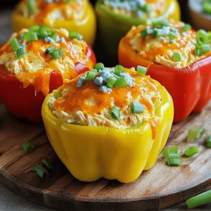 - 4 large bell peppers (red, yellow, or green) - 2 cups cooked shredded chicken - 1/2 cup buffalo sauce - 1 cup cream cheese, softened - 1 cup shredded cheddar cheese - 1/4 cup crumbled blue cheese - Green onions, for garnish - Salt and pepper, to taste - Garlic powder and onion powder To make Buffalo chicken stuffed peppers, you need some simple, tasty ingredients. Start with four large bell peppers. You can pick red, yellow, or green. Next, use two cups of cooked shredded chicken. You can cook your chicken at home or buy it pre-cooked. For flavor, add half a cup of buffalo sauce. This sauce gives the dish a nice kick. To keep it creamy, use one cup of softened cream cheese. Finally, sprinkle one cup of shredded cheddar cheese for a cheesy finish. You can personalize your dish with optional ingredients. A quarter cup of crumbled blue cheese adds a rich flavor. Chopped green onions make a nice garnish. Don't forget salt and pepper to enhance the taste. If you like, add garlic powder and onion powder for extra flavor. Now you have all the ingredients ready for your Buffalo chicken stuffed peppers. For the full recipe, check out the steps later in the article. Enjoy cooking! - Preheat the oven to 375°F (190°C). - Cut the tops off the bell peppers and remove the seeds. Start by warming up the oven. This step makes sure your peppers cook evenly. Next, the bell peppers need some love. Cut off the tops and scoop out the seeds inside. This gives you a nice space to fill with the tasty mixture. - Combine chicken, buffalo sauce, cream cheese, and spices. - Mix until creamy and well incorporated. In a bowl, mix the cooked chicken with buffalo sauce. The sauce brings a spicy kick. Next, add cream cheese for a rich texture. Don’t forget the spices! Garlic powder and onion powder add great flavor. Stir it all together until it looks creamy and smooth. - Spoon filling into the hollowed peppers. - Cover with foil and bake for 25 minutes, then uncover and bake for an additional 10-15 minutes. Now it’s time to stuff the peppers. Take a spoon and fill each pepper with the chicken mix. Pack it in tightly. Place the filled peppers in a baking dish. Cover them with foil to keep them moist while baking. Bake for 25 minutes. After that, remove the foil and bake for 10 to 15 more minutes. The peppers should be soft, and the top should be lightly browned. For the full experience, check out the Full Recipe. To make your buffalo chicken stuffed peppers just right, adjust the buffalo sauce to your heat level. If you like it spicy, add more sauce. For mild flavors, use less. Remember, you can always add more heat later. Ensure your cream cheese is softened before mixing. This makes it easier to blend with the chicken and sauces. If it's too cold, it won’t mix well. Leave it out for a bit or microwave it for a few seconds. A great dish should also look good. Garnish your stuffed peppers with chopped green onions. This adds color and a fresh taste. For extra flavor, serve with ranch or blue cheese dressing. This makes every bite creamy and delicious. Use a baking dish with high sides. This keeps the peppers stable while they cook. A shallow dish can tip over and make a mess. A spatula is your best friend for mixing and transferring the filling. It helps you scoop out the mixture and fill the peppers without spilling. For the full recipe, check out the complete guide to making these tasty buffalo chicken stuffed peppers! {{image_4}} You can make this dish lighter with simple swaps. First, replace shredded chicken with shredded turkey. Turkey has less fat and packs a punch of protein. Next, try low-fat cream cheese or Greek yogurt instead of regular cream cheese. This change helps cut calories without losing that creamy texture you love. If you want a meat-free meal, there are great options. Swap the chicken for cooked quinoa or lentils. Both add good protein and fiber. You can also mix in extra vegetables like chopped spinach or diced zucchini. This adds more color and nutrients to your dish. Ready to take your stuffed peppers up a notch? Try different types of cheese. Pepper jack cheese adds a spicy kick. You might also like to add diced celery or carrots for a nice crunch. These simple changes make each bite exciting and full of flavor. For the full recipe, check out the complete guide for Buffalo Chicken Stuffed Peppers. After enjoying your buffalo chicken stuffed peppers, store any leftovers safely. Put them in an airtight container. These can stay fresh in the fridge for up to three days. When you're ready to eat, you can reheat them. Use either the oven or the microwave. The oven gives a nice crispy texture, while the microwave is quick and easy. If you want to save some stuffed peppers for later, freezing works well. You can freeze them either unbaked or baked. To freeze, wrap them tightly in plastic wrap first. Then, cover them with foil for the best results. This keeps them fresh and tasty. When you’re ready to cook, just thaw in the fridge overnight and bake as usual. Yes, you can assemble them and refrigerate before baking. This saves time on busy days. Just wrap them well to keep them fresh. Serve with a salad or tortilla chips for a complete meal. Both options add crunch and flavor. You can also try garlic bread for a hearty addition. Peppers should be tender, and the filling should be bubbly with a light golden color. This shows they are cooked well. A fork can help check the softness of the peppers. Absolutely, shredded beef or pork can also work well. These meats give a different taste and texture. You can even mix proteins for a fun twist. Yes, substitutions like beans, tofu, or quinoa can be used for a meatless option. These ingredients add protein and flavor, making the dish hearty without meat. Buffalo chicken stuffed peppers are a fun and tasty dish. You learned about the key ingredients, including shredded chicken and cream cheese. We walked through the steps to prepare and bake them perfectly. You got tips to customize your peppers and store leftovers too. Whether you stick to the classic recipe or try a variation, these stuffed peppers will please everyone. Enjoy your cooking adventure, and have fun experimenting!