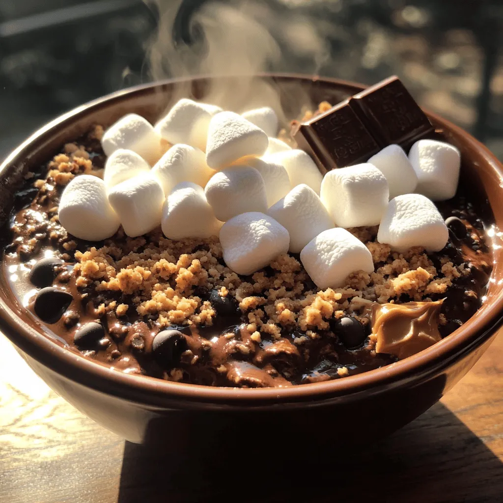 To make this tasty treat, you need some key ingredients: - 1 cup chocolate protein powder - 2 cups unsweetened almond milk (or any milk of choice) - 1/4 cup rolled oats - 1/4 teaspoon sea salt - 1/2 cup mini marshmallows - 1/2 cup crushed graham crackers - 1/4 cup dark chocolate chips - 2 tablespoons almond butter or peanut butter - 1 teaspoon vanilla extract These ingredients create a rich and creamy base. The chocolate protein powder gives it a deep flavor. Almond milk keeps it smooth. Rolled oats add nice texture. The mini marshmallows, graham crackers, and chocolate chips give it that classic s'mores taste. You can get creative with toppings! Here are some options: - Drizzle of almond or peanut butter - Extra crushed graham crackers - More mini marshmallows - Fresh berries, like strawberries or raspberries - A sprinkle of cinnamon for warmth These extras can make your bowl even more fun. A drizzle of nut butter adds richness. Berries bring freshness. Cinnamon adds a cozy touch. This dish is not just delicious; it also packs a nutritional punch. Each serving gives you: - Protein from the protein powder and nut butter - Healthy fats from almond or peanut butter - Fiber from oats and graham crackers You enjoy a treat that fuels your day. Each bowl is a good balance of taste and nutrition, making it perfect for breakfast or dessert. For the full recipe, check out the details above! Start by gathering your ingredients. You will need chocolate protein powder, almond milk, rolled oats, and sea salt. In a medium saucepan, mix the chocolate protein powder, almond milk, rolled oats, and sea salt. Use a whisk to blend them until smooth. Place the saucepan on medium heat. Stir the mixture often to keep it from sticking. Cook for about 5 to 7 minutes. You want the mix to thicken and become creamy. When it reaches the right consistency, take it off the heat. Stir in almond butter and vanilla extract. This makes the base rich and tasty. Now, it's time to build your s'mores bowl. Scoop the chocolate oatmeal into individual bowls. Press it down gently to make an even layer at the bottom. Next, take mini marshmallows and pile them on top. Add a layer of crushed graham crackers over the marshmallows. Finally, sprinkle dark chocolate chips on top for that classic s'mores taste. Each layer brings its own flavor, making this bowl a delight. For an extra touch, broil your bowls. Set your oven to low heat. Place the bowls on a baking sheet and slide them into the oven. Keep a close eye on them. Broil for 1 to 2 minutes until the marshmallows turn golden brown. This step adds a nice, toasted flavor and a gooey texture. Once done, take them out and enjoy your warm, tasty treat. To get that perfect creamy texture, start with a good mix of ingredients. Whisk the chocolate protein powder with the almond milk well. Use medium heat while cooking to avoid burning. Stir it constantly for the best results. This step is key to avoid lumps. If the mixture feels too thick, add a bit more almond milk. Make your s'mores bowl look fancy! Drizzle extra almond butter or peanut butter on top. This adds flavor and makes it pretty. Sprinkle more crushed graham crackers for texture. You can even add a small piece of chocolate on the side. These small touches really wow your guests. You can boost the health benefits of this bowl easily. Use rolled oats for fiber and energy. Almond milk adds a nice creamy taste without the fat. You can swap dark chocolate chips for cacao nibs for less sugar. Adding more fruit, like bananas or berries, also works great. These changes keep it tasty while adding good nutrients. For the full recipe, check out the detailed steps above. {{image_4}} You can change the flavor by using different protein powders. Try vanilla protein for a sweet twist. If you want a nutty taste, use peanut butter protein. You can even use plant-based protein powders like pea or rice. Each choice gives a unique taste to your bowl. This recipe is flexible with milk choices. Use almond milk for a light base. Coconut milk adds a creamy richness. If you prefer dairy, whole milk or low-fat milk works great too. You can also try oat milk for a smooth texture. Each option keeps the bowl tasty and satisfying. Spices can bring a new life to your s'mores bowl. A pinch of cinnamon can warm up the flavors. Add a dash of nutmeg for a cozy twist. You can also experiment with extracts. A few drops of almond or mint extract can surprise your taste buds. These simple changes can make your bowl even more special. For more ideas, check out the Full Recipe. To store any leftovers, place the s'mores bowl in an airtight container. You can keep it in the fridge for up to three days. Make sure to cover it well, so it stays fresh. If you want, you can separate the toppings. This keeps them crunchy and tasty. When you're ready to enjoy your bowl again, scoop the desired amount into a bowl. Use the microwave to heat it for about 30 seconds. Stir it well, then heat for another 30 seconds if needed. If the marshmallows are on top, you can broil them for a minute to bring back that gooey texture. Most of the ingredients in this recipe have a good shelf life. Here’s a quick look: - Chocolate protein powder: Lasts about a year if stored in a cool, dry place. - Almond milk: Unopened, it lasts up to a year; once opened, use it within a week. - Rolled oats: They can last for about two years in a sealed container. - Mini marshmallows: They stay fresh for about six months if kept sealed. - Crushed graham crackers: Good for about nine months when stored properly. - Dark chocolate chips: They can last for about a year if kept in a cool spot. - Nut butters: Typically last for about six months in the pantry. - Vanilla extract: Lasts indefinitely if stored away from light. Keep these tips in mind, and your chocolate protein s'mores bowl will always be a tasty treat! Yes, you can use regular milk in this recipe. Any milk works well, such as whole, skim, or even oat milk. The key is to keep it unsweetened if you want to control the sugar. Regular milk will add creaminess too, making it rich and tasty. To make this recipe vegan, simply use plant-based protein powder and substitute almond butter for peanut butter. You can also use maple syrup instead of any sweetener and ensure your chocolate chips are dairy-free. This way, you can enjoy the same great flavors while keeping it vegan. You can find chocolate protein powder in most grocery stores or online. Look in the health food aisle, where they stock protein powders. For the other ingredients, you can find rolled oats, graham crackers, and marshmallows in your local store. If you prefer organic options, many stores offer that too. For the full recipe, check specialty shops or online stores for all the ingredients you need. This blog post highlighted how to make a delicious Chocolate Protein S'mores Bowl. You learned about the key ingredients, step-by-step instructions, and tips for the best texture. We covered tasty variations and how to store extras. Enjoying this bowl can boost your health without sacrificing flavor. I hope you feel inspired to try this fun recipe today! You’ll love how easy it is to make and share with friends.