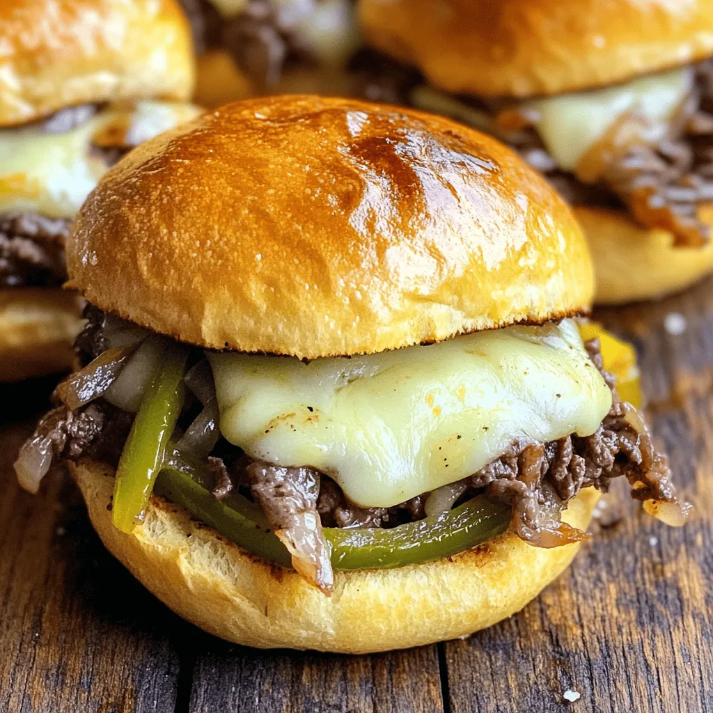 - 1 lb ribeye steak, thinly sliced against the grain - 1 medium onion, thinly sliced - 1 green bell pepper, thinly sliced - 1 cup provolone cheese, shredded - 12 slider buns, preferably sweet Hawaiian style - 2 tablespoons olive oil - 2 tablespoons unsalted butter, melted - 1 teaspoon garlic powder - Salt and pepper to taste - A dollop of spicy aioli for serving - Hot sauce for those who like heat - Large skillet for cooking - Baking dish for sliders - Pastry brush for buttering tops - Sharp knife for slicing sliders Start by heating 1 tablespoon of olive oil in a large skillet over medium-high heat. When the oil is hot, add 1 pound of thinly sliced ribeye steak. Season it with salt and pepper. Cook the steak for 3 to 5 minutes. Stir it often until it turns brown but stays tender. Once cooked, take the steak out of the pan and place it on a plate. Cover it with foil to keep it warm. In the same skillet, pour in the other tablespoon of olive oil. Add 1 medium onion and 1 green bell pepper, both thinly sliced. Sauté these veggies for about 5 to 7 minutes. Stir them from time to time. You want them soft and slightly caramelized. This step adds great flavor and sweetness to your sliders. Now it's time to bring everything together. Preheat your oven to 350°F (175°C). Slice the 12 slider buns in half, placing the bottom halves snugly in a baking dish. Spoon the steak and vegetable mix generously over the buns. Next, sprinkle 1 cup of shredded provolone cheese on top. Finally, place the top halves of the buns over the cheese. In a small bowl, mix 2 tablespoons of melted butter with a dash of garlic powder. Brush this buttery mix over the tops of the sliders for a nice sheen. Cover the baking dish tightly with aluminum foil. Bake in the oven for 15 minutes. After that, remove the foil and bake for another 5 minutes. This melts the cheese and gives the buns a golden brown color. Once done, let the sliders cool for a few minutes before slicing them. Serve warm and enjoy! For the full recipe, check the details above. To get the best slices, choose a cold ribeye. Cold meat is firmer and easier to cut. Use a sharp knife and cut against the grain. This means cutting across the fibers, not with them. The slices should be thin, about 1/8 inch thick. Thin slices help the meat stay tender and cook quickly. Provolone cheese is classic, but you can swap it. Try American cheese for a creamy melt. Cheddar offers a sharp taste that many love. If you want something unique, use pepper jack for a spicy kick. Each cheese adds a different flavor, so feel free to mix and match. Serve sliders warm for the best taste. Place them on a big platter for sharing. Garnish with chopped parsley for a pop of color. If you want some heat, add hot sauce on the side. Pair with crispy potato chips or a fresh salad for a full meal. These sides balance well with the rich flavors of the sliders. {{image_4}} For a meatless option, use mushrooms and bell peppers. Mushrooms add a rich, umami flavor. Slice them thin and sauté until soft. Mix in onions for sweetness. Use provolone cheese for that classic touch. This version keeps the spirit of a Philly cheesesteak while being plant-based. You can enjoy the same great taste without meat. If you crave heat, add jalapeños or banana peppers. Slice them thin and cook with the onions and peppers. You can also mix in hot sauce while cooking the meat. This extra kick makes the sliders pop with flavor. Serve with spicy aioli for an extra punch. Everyone loves a bit of spice in their cheese steak! This version combines everything into one dish. Layer the steak, veggies, and cheese in a baking dish. Top with slider buns cut in half. Brush with garlic butter for a golden finish. Bake until bubbly and serve straight from the oven. This dish is perfect for family gatherings or game night. Everyone can dig in together! For the full recipe, check out Philly Cheesesteak Sliders with a Twist. You can store Philly cheesesteak sliders in an airtight container. Keep them in the fridge for up to three days. Make sure to let them cool before sealing. This helps maintain their flavor and texture. To reheat, use an oven or a toaster oven. Preheat the oven to 350°F (175°C). Place the sliders on a baking sheet. Cover them with foil to avoid drying out. Heat for about 10-15 minutes. You can also use a microwave, but they may get soggy. Freezing is a great option for long-term storage. Wrap each slider in plastic wrap tightly. Then, place them in a freezer bag. They can last up to three months in the freezer. When you're ready to eat, thaw them in the fridge overnight, then reheat. For more details, check the Full Recipe. To reheat Philly cheesesteak sliders, use the oven. Preheat your oven to 350°F (175°C). Place the sliders on a baking sheet and cover them with foil. Heat for about 10-15 minutes until warm. This keeps the bread soft and the cheese gooey. Yes, you can make these sliders ahead of time. Prepare the filling and assemble the sliders. Cover them tightly and store in the fridge for up to a day. Bake them when you're ready to serve. This makes hosting easy and fun. Philly cheesesteak sliders go great with many sides. Here are some tasty options: - Crispy potato chips - A fresh green salad - Sweet potato fries - Coleslaw - Pickles These sides add crunch and flavor, balancing the richness of the sliders. The best Philly cheesesteak sliders often come from local eateries or food trucks. Look for places that focus on fresh ingredients and classic methods. You can also try making them at home using the Full Recipe. This way, you can customize flavors just how you like! Philly cheesesteak sliders are delicious and fun to make. We covered the key ingredients and simple steps to create them. You learned tips for slicing meat and ways to add more flavor. Variations like vegetarian options and spicy versions add excitement. Don’t forget how to store leftovers. These sliders are easy to prepare, making them perfect for any event. Enjoy creating these tasty bites, and don’t shy away from trying your special twist!