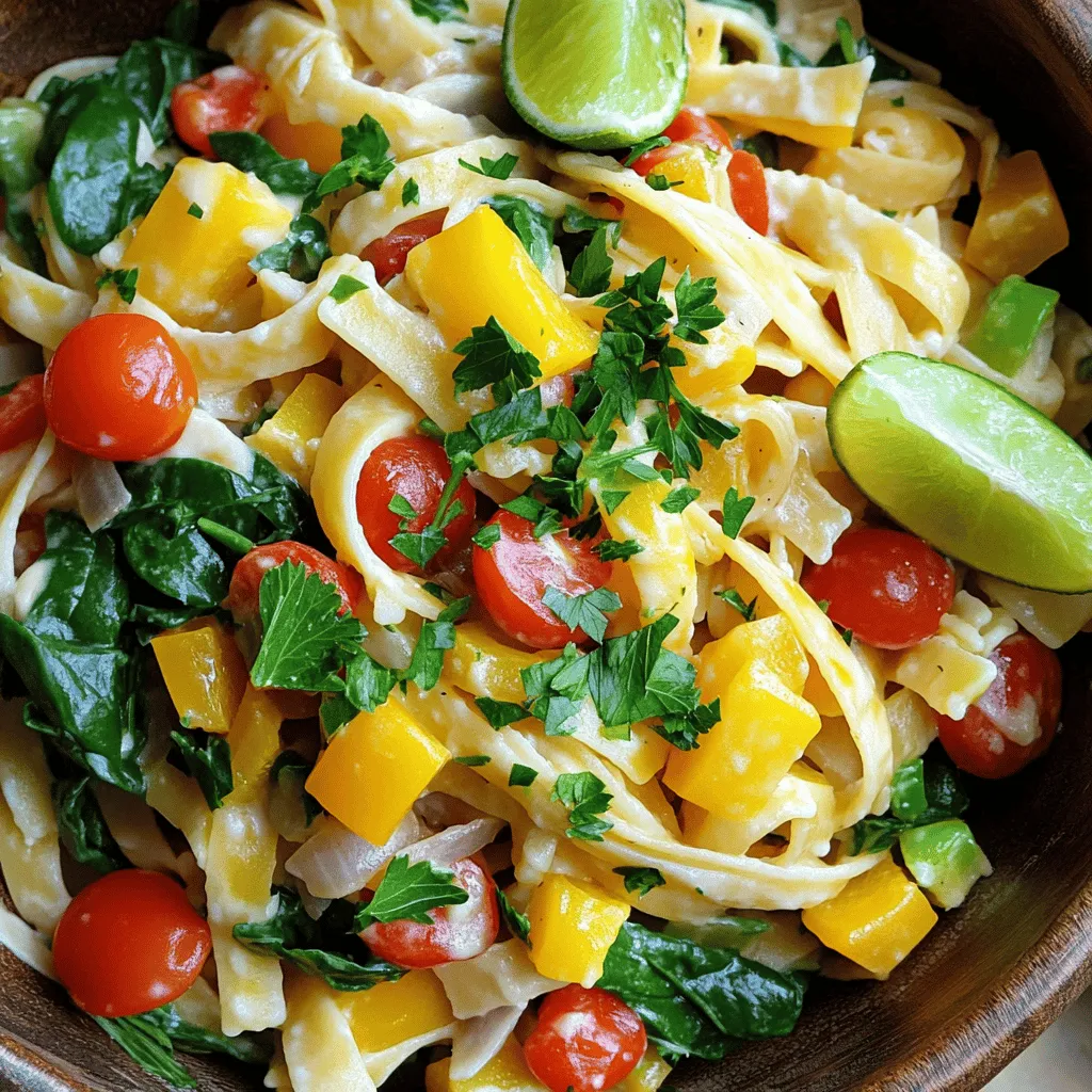 The Ultimate Jamaican Rasta Pasta is a colorful and tasty dish. It blends pasta with fresh veggies and creamy coconut milk. You can make it in just 20 minutes. This dish is perfect for a quick meal that packs a punch in flavor. - 8 oz fettuccine (or your favorite pasta) - 2 tablespoons extra virgin olive oil - 1 yellow bell pepper, diced - 1 red bell pepper, diced - 1 green bell pepper, diced - 1 medium onion, sliced thinly - 2 cloves garlic, minced - 1 teaspoon authentic jerk seasoning - 1 cup creamy coconut milk - 1 cup cherry tomatoes, halved - 1 cup fresh spinach leaves - Sea salt and freshly cracked black pepper, to taste - Fresh parsley, finely chopped (for garnish) - Lime wedges (for serving) You can swap fettuccine for any pasta you like. Zucchini noodles work for gluten-free needs. If you can’t find jerk seasoning, use your favorite spice mix. For coconut milk, almond or soy milk can work too, though the taste will change. You can also add other veggies like broccoli or carrots for more color and nutrients. Start by boiling a large pot of water. Make sure to add a good amount of salt. This enhances the pasta's flavor. Add 8 oz of fettuccine or your favorite pasta. Cook it until it is al dente, as per package instructions. This usually takes about 8 to 10 minutes. After cooking, drain the pasta and set it aside. If you want, save a bit of the pasta water for later. In a large skillet, heat 2 tablespoons of extra virgin olive oil over medium heat. Once hot, add the diced yellow, red, and green bell peppers along with thinly sliced onion. Sauté these colorful veggies for about 5 minutes. They should soften and brighten up. Next, add 2 cloves of minced garlic and 1 teaspoon of authentic jerk seasoning. Stir for about 1 minute. This step helps the garlic and spices release their wonderful aromas. Now, pour in 1 cup of creamy coconut milk into the skillet and stir to blend. Raise the heat slightly and let it simmer for 3-4 minutes. This thickens the sauce nicely. Next, toss in 1 cup of halved cherry tomatoes and 1 cup of fresh spinach. Stir gently until the spinach wilts. It adds color and nutrition to the dish. Finally, mix in the cooked pasta. Toss everything well to coat the pasta in that creamy sauce. If it seems dry, add a splash of the reserved pasta water. Season with sea salt and freshly cracked black pepper to taste. Now, you are ready to serve! Spoon the lively pasta into bowls. Garnish with finely chopped parsley and serve with lime wedges. Enjoy the bright flavors of Jamaica in every bite! To make the sauce perfect, use fresh ingredients. Fresh garlic and sweet bell peppers bring out the flavors. For the best taste, let the sauce simmer gently. This thickens the sauce and deepens its flavor. Stir often to prevent sticking. If the sauce feels thick, add a splash of reserved pasta water. This keeps it creamy and smooth. Authentic jerk seasoning is key to great Rasta Pasta. Use high-quality jerk seasoning for the best taste. If you want more heat, add extra seasoning. You can also make your own by mixing spices like allspice, thyme, and scallions. Marinade your vegetables in jerk seasoning for a few minutes before cooking. This adds layers of flavor. Fettuccine is a great choice, but you can use other types too. Penne or spaghetti work well and hold sauce nicely. Choose pasta shapes that trap the creamy sauce. Whole wheat or gluten-free options are also good choices. This way, everyone can enjoy the dish. Don’t forget to cook the pasta al dente for the best texture. For a detailed recipe, check out the Full Recipe. {{image_4}} You can make this dish vegan by swapping out a few ingredients. Use plant-based pasta, like lentil or chickpea pasta. Replace the creamy coconut milk with a cashew cream or a soy-based alternative for a rich texture. This keeps the dish creamy and delicious without any animal products. Adding extra veggies will boost flavor and nutrition. Try using zucchini, eggplant, or mushrooms for more variety. If you want to add protein, there are great options. For chicken, use grilled or sautéed pieces. Cook the chicken before adding it to the sauce. Shrimp adds a sweet and savory touch. Cook shrimp until pink, then mix it in. Tofu is perfect for a vegetarian protein source. Press and cube the tofu, sauté it until golden, and then toss it in. Each protein adds its unique flavor, making the dish even more satisfying. Adjusting the spice level can make your Rasta Pasta more exciting. If you love heat, add more jerk seasoning or some red pepper flakes. For a milder flavor, reduce the jerk seasoning. You can also add fresh herbs like cilantro or parsley for a fresh taste without heat. Remember, spice can change the whole dish, so taste as you go to find your perfect balance. Explore the [Full Recipe] for a complete guide to making this tasty meal! To keep your Jamaican Rasta Pasta fresh, store it in a sealed container. Let it cool down first. When it’s cool, put it in the fridge. It stays good for about 3 to 5 days. Make sure to label the container with the date. When it’s time to eat the leftovers, take them out of the fridge. You can reheat it in the microwave or on the stove. If using a microwave, heat in 30-second bursts. Stir in between to ensure even heating. If using the stove, add a splash of water or coconut milk to keep it moist. Heat on low until warm. You can freeze Jamaican Rasta Pasta too! First, let it cool completely. Then, place it in a freezer-safe container. It freezes well for up to 2 months. When you want to eat it, move it to the fridge overnight to thaw. Reheat it as mentioned above. Enjoy your tasty dish anytime! Jamaican Rasta Pasta stands out for its vibrant colors and bold flavors. It combines pasta with fresh vegetables and creamy coconut milk. The dish uses authentic jerk seasoning, giving it a spicy kick. The mix of bell peppers, onions, and tomatoes adds freshness and crunch. The creamy sauce ties everything together, making each bite rich and satisfying. This dish brings a taste of Jamaica to your kitchen. Yes, you can! Feel free to swap or add any veggies you like. Zucchini, broccoli, or carrots work well in this dish. Just make sure to cut them into small pieces for even cooking. Each vegetable brings its own flavor, making the dish even more exciting. The goal is to create a colorful mix that pleases your eyes and palate. To make Jamaican Rasta Pasta gluten-free, simply choose gluten-free pasta. Many brands offer options like rice or chickpea pasta. The recipe remains the same, and you still get all the great flavor. Just follow the cooking time on the gluten-free pasta package for the best results. This dish pairs well with various sides. A fresh salad with lime vinaigrette adds a nice contrast. You could also serve it with garlic bread or plantains for a Caribbean touch. Don’t forget to have lime wedges on hand. They add a burst of flavor that brightens the whole meal. For the full recipe, check out The Ultimate Jamaican Rasta Pasta. This post covered the key elements for making Jamaican Rasta Pasta. We explored the ingredients, cooking methods, and tips to make it perfect. You can use substitutions or variations to suit your taste. Remember, storing leftovers is easy, and reheating keeps them fresh. Rasta Pasta is fun to make and customize. Enjoy crafting your dish with different proteins and spice levels. With these steps, your plate will shine with flavor and color. Happy cooking!