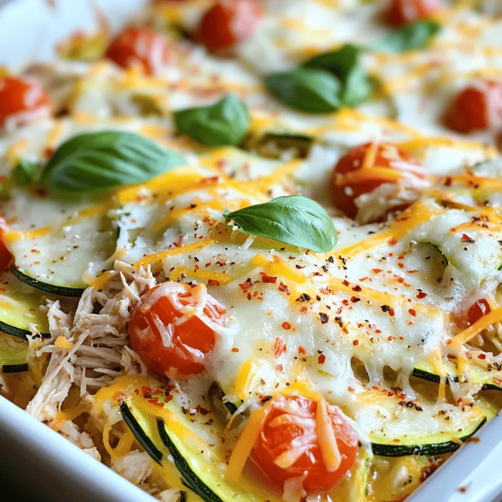 To make a delightful Chicken Zucchini Casserole, gather these ingredients: - 2 large zucchinis, sliced into thin rounds - 2 cups cooked chicken, shredded or diced - 1 cup cherry tomatoes, halved - 1 cup shredded mozzarella cheese, divided - 1 cup ricotta cheese - 1 cup shredded Parmesan cheese, divided - 2 cloves garlic, minced - 1 teaspoon dried oregano - 1 teaspoon dried basil - ½ teaspoon red pepper flakes (adjust based on heat preference) - Salt and pepper to taste - 1 tablespoon olive oil - Fresh basil leaves for garnish (optional) You can easily adjust this recipe. Here are some ideas: - Use cooked turkey instead of chicken for a lighter option. - Swap zucchini for yellow squash if you prefer. - Choose dairy-free cheese for a vegan dish. - Use whole wheat pasta instead of zucchini for a heartier meal. - Replace olive oil with coconut oil for a different flavor. To create this casserole, you will need: - A large skillet for sautéing - A 9x13 inch casserole dish for baking - A mixing bowl for combining ingredients - A cutting board and knife for prepping veggies - A measuring cup and spoons for accuracy - Aluminum foil to cover the dish while baking These tools help make the cooking process smooth and fun! With the right ingredients and tools, you'll craft a meal everyone will love. You can find the [Full Recipe](#) for detailed steps to create this comforting dish. First, preheat your oven to 375°F (190°C). This step is key. A hot oven helps the casserole cook evenly. While it heats, gather your tools. You will need a large skillet, mixing bowls, and a 9x13 inch casserole dish. Make sure these are ready to go. In your skillet, pour in one tablespoon of olive oil. Heat it over medium heat. Then add two minced garlic cloves. Sauté them for about one minute. You want the garlic to smell good, not burn. Next, add two large zucchinis, sliced into thin rounds. Cook them for five to seven minutes. Stir often until they soften a bit. Season with salt, pepper, one teaspoon of dried oregano, and one teaspoon of dried basil. When done, take the skillet off the heat. Now, grab a large mixing bowl. Combine two cups of shredded chicken, the cooked zucchini, and one cup of halved cherry tomatoes. Add half a cup of shredded mozzarella and half a cup of shredded Parmesan cheese. Mix well so all flavors blend. In another bowl, take one cup of ricotta cheese. Stir in half a teaspoon of red pepper flakes and a pinch of salt. This adds creaminess and spice to your filling. Grease your casserole dish with a bit of oil or butter. Start layering by spooning half the chicken-zucchini mix into the dish. Spread half of the ricotta mixture on top. Now add half of the remaining mozzarella cheese. For the second layer, repeat with the rest of the chicken-zucchini mix, the ricotta, and finish with the remaining mozzarella and Parmesan on top. Cover with aluminum foil. Bake for 25 minutes. After that, remove the foil. Bake for another 15-20 minutes until the cheese bubbles and turns golden. Let it sit for ten minutes before serving. Enjoy this warm, cheesy delight. You can find the Full Recipe above for more details. To get that creamy texture in your Chicken Zucchini Casserole, use full-fat ricotta cheese. It blends well and adds richness. Mixing the ricotta with red pepper flakes helps enhance the flavor. You can also combine it with a bit of mozzarella for extra creaminess. Layering the cheeses is key. Use half of the mozzarella in the filling and the rest on top. This method helps create a gooey, melty top layer. To boost the flavor, add fresh herbs like thyme or parsley. These herbs add brightness and depth. You can also switch up the spices. For a bolder taste, try adding smoked paprika or cumin. If you enjoy heat, increase the red pepper flakes. Taste the mixture before layering, and adjust the salt and pepper as needed. Don't shy away from experimenting with flavors. This dish is versatile and can change with your mood. Serve your casserole warm and bubbly right from the oven. For a complete meal, pair it with a crisp side salad. A simple mix of greens with a lemon vinaigrette works well. You can also add crusty bread for dipping. If you want more veggies, roasted asparagus or steamed broccoli are great options. They add color and nutrition to your plate. Enjoy your delicious Chicken Zucchini Casserole with these tasty sides! For the full recipe, feel free to check the recipe section above. {{image_4}} If you want to change the protein in your Chicken Zucchini Casserole, you have great options. You can use turkey or even ham instead of chicken. Shredded rotisserie chicken is a time-saver too. For a lighter dish, try cooked shrimp or tofu. Just make sure to adjust cooking times based on what you choose. For a vegetarian twist, swap the chicken with extra veggies, like mushrooms or bell peppers. You can also add beans for protein. To make it vegan, replace the cheeses with plant-based alternatives. Cashew cheese or almond ricotta works well. Use vegetable broth instead of chicken broth for extra flavor. Seasonal veggies add freshness and nutrition. In summer, add eggplant or bell peppers. In fall, try butternut squash or spinach. These swaps not only taste great but also boost the health factor. You can mix and match based on what’s in season. This keeps your casserole exciting and full of flavor. For the full recipe, check out the detailed instructions above. To keep your Chicken Zucchini Casserole fresh, let it cool first. Once cool, cover it tightly with plastic wrap or foil. You can also transfer it to an airtight container. This way, it stays moist and tasty for up to three days in the fridge. When you're ready to enjoy leftovers, preheat your oven to 350°F (175°C). Place the casserole in an oven-safe dish and cover it with foil. This prevents the top from burning. Heat for about 20 minutes or until it's hot all the way through. If you want a crispy top, remove the foil for the last five minutes. If you want to save your casserole for later, freezing works great. Cut the casserole into portions and wrap each piece in plastic wrap. Then, place the wrapped pieces in a freezer bag. Squeeze out as much air as you can before sealing. You can freeze it for up to three months. When ready to eat, thaw it in the fridge overnight and reheat as described above. Enjoy your delicious Chicken Zucchini Casserole anytime! For a detailed guide, see the Full Recipe. Yes, you can use frozen zucchini. Thaw it first and drain any excess water. This prevents your casserole from becoming too watery. Frozen zucchini can work well, but fresh zucchini gives a better texture. The casserole is done when the cheese is bubbly and golden brown. You can also test it with a fork. If the fork goes through easily, it is ready. Letting it rest for ten minutes helps it firm up before serving. Several sides go well with Chicken Zucchini Casserole. A fresh garden salad adds a nice crunch. Garlic bread is great for dipping. You can also serve it with steamed broccoli or a light pasta dish. These sides complement the casserole's flavors well. For the full recipe, click here! You now have all the tools for a great Chicken Zucchini Casserole. We covered the ingredients and how to prepare them. You learned tips for a creamy texture and flavor boosts. Plus, my variations for protein and veggies let you customize the dish. Storing and reheating tips ensure nothing goes to waste. Remember, you can make this dish fit your needs with easy swaps. Enjoy your cooking adventure and share this recipe with others! It's a simple, tasty meal everyone will love.
